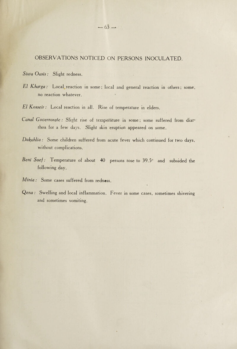 OBSERVATIONS NOTICED ON PERSONS INOCULATED. Siwa Oasis : Slight redness. FA Kharga: Local reaction in some; local and general reaction in others; some, no reaction whatever. El Kosseir: Local reaction in all. Rise of temperature in elders. Canal Governorate : Slight rise of temperature in some; some suffered from diar- rhoa for a few days. Slight skin eruption appeared on some. DaJ^ahlia : Some children suffered from acute fever which continued for two days, without complications. Beni Suef: Temperature of about 40 persons rose to 39.5° and subsided the following day. Minia: Some cases suffered from redness. * Qena : Swelling and local inflammation. Fever in some cases, sometimes shivering and sometimes vomiting.