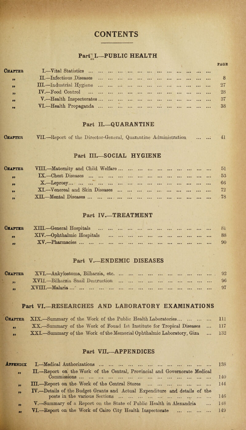 CONTENTS Part11.—PUBLIC HEALTH PAGE Chapter I.—Vital Statistics . • • • ... * • • ... 99 II.—Infectious Diseases . • • • • • • • • • 8 99 ILL.—Industrial Hygiene .: . • . • • • • • • • 27 99 IV.—Food Control . • • • • • • • • • 28 99 V.—Health Inspectorates. • • • • • • • • • • • . 37 99 VI.—Health Propaganda .'. ... • • • • « • . • • • • • 38 Part II.—QUARANTINE Chapter VII.—Report of the Director-General, Quarantine Administration • • • • • • 41 Part III.—SOCIAL HYGIENE Chapter VIII.—Maternity and Child Welfare. • « • • • • * • • • • • 51 99 IX.—Chest Diseases . • • • • • • 53 99 X.—Leprosy. • • • 66 99 XI.—Venereal and Skin Diseases .. ... ••• ... • . • 72 99 XH.—Mental Diseases. • • • • • • ... • • • 78 Part IV_TREATMENT Chapter / ' ■ XIH.—General Hospitals . ••• • • ♦ « • • 81 99 XIV.—Ophthalmic Hospitals . ... .•• • • • • • • 88 99 XV.—Pharmacies ... ... •«« ... ... ... ... ... ... ... . • • • • • • • • • • • 90 Part V._ENDEMIC DISEASES \ Chapter XVI.—Ankylostoma, Bilharzia, etc. • • • • • • • • • • . • . 92 99 XVII.—Bilharzia Snail Destruction . • • • • • • • . • • • • 96 99 XVTTT_Malaria AX v AAA* AIAQJ.G.A JLO •« • ... • • • ••• ••• ••• ••• * * • * < • ••• ••• ... ... ... 97 Part VI.—RESEARCHES AND LABORATORY EXAMINATIONS Chapter XIX.—Summary of the Work of the Public Health Laboratories. Ill „ XX.—Summary of the Work of Fouad 1st Institute for Tropical Diseases ... 117 ,, XXI.—Summary of the Work of the Memorial Ophthalmic Laboratory, Giza ... 132 Part VII.—APPENDICES Appendix » 99 9* 99 99 I.—Medical Authorizations ... ... -.. ... ... ... ... ... ... ... ... ... II.—Report on the Work of the Central, Provincial and Governorate Medical Commissions ... ... ... ... ... ... ... ... ... ... ... ... ... ... III. —Report on the Work of the Central Stores . IV. —Details of the Budget Grants and Actual Expenditure and details of the posts in the various Sections ... . V.—Summary of a Report on the State of Public Health in Alexandria VI.—Report on the Work of Cairo City Health Inspectorate . 138 140 144 146 148 140