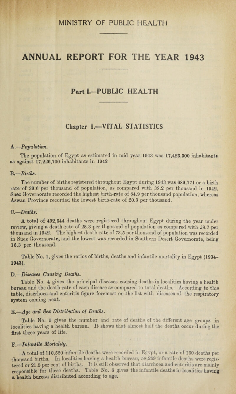 ANNUAL REPORT FOR THE YEAR 1943 Part I.-PUBLIC HEALTH Chapter I.—VITAL STATISTICS A. —Population. The population of Egypt as estimated in mid year 1943 was 17,423,300 inhabitant* as against 17,226,700 inhabitants in 1942 B. —Births. The number of births registered throughout Egypt during 1943 was 689,771 or a birth rate of 39.6 per thousand of population, as compared with 38.2 per thousand in 1942. Suez Governorate recorded the highest birth-rate of 84.9 per thousand population, whereas Aswan Province recorded the lowest birth-rate of 20.3 per thousand. C. —Deaths. A total of 492,644 deaths were registered throughout Egypt during the year under review, giving a death-rate of 28.3 per tlo isand of population as compared with 28.7 per thousand in 1942. The highest death-rate of 73.5 per thousand of population was recoided in Suez Governorate, and the lowest was recorded in Southern Desert Governorate, being 16.3 per thousand. Table No. 1, gives the ratios of births, deaths and infantile mortality in Egypt (1934- 1943). D. —Diseases Causing Deaths. Table No. 4 gives the principal diseases causing deaths in localities having a health bureau and the death-rate of each disease as compared to total deaths. According to this table, diarrhoea and enteritis figure foremost on the list with diseases of the respiratory system coming next. E. —Age and Sex Distribution of Deaths. Table No. 5 gives the number and rate of deaths of the different age groups in localities having a health bureau. It shows that almost half the deaths occur during the first three years of life. F. —Infantile Mortality. A total of 110,520 infantile deaths were recorded in Egypt, or a rate of 160 deaths per thousand births. In localities having a health bureau, 58,259 infantile deaths were regis¬ tered or 21.5 per cent of births. It is still observed that diarrhoea and enteritis are mainly responsible for these deaths. Table No. 6 gives the infantile deaths in localities having a health bureau distributed according to age.