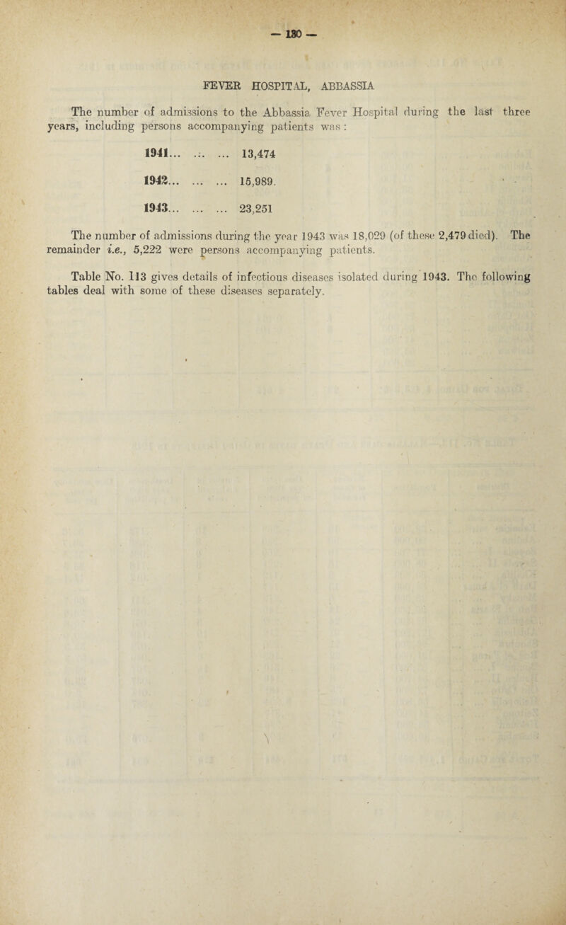 FEVER HOSPITAL, ABBASSIA The number of admissions to the Abbassia Fever Hospital during the last three years, including persons accompanying patients was : 1941... ... 13,474 1942 . 15,989. ' - 1943 . 23,251 The number of admissions during the year 1943 was 18,029 (of these 2,479 died). The remainder i.e., 5,222 were persons accompanying patients. Table No. 113 gives details of infectious diseases isolated during 1943. The following tables deal with some of these diseases separately. \