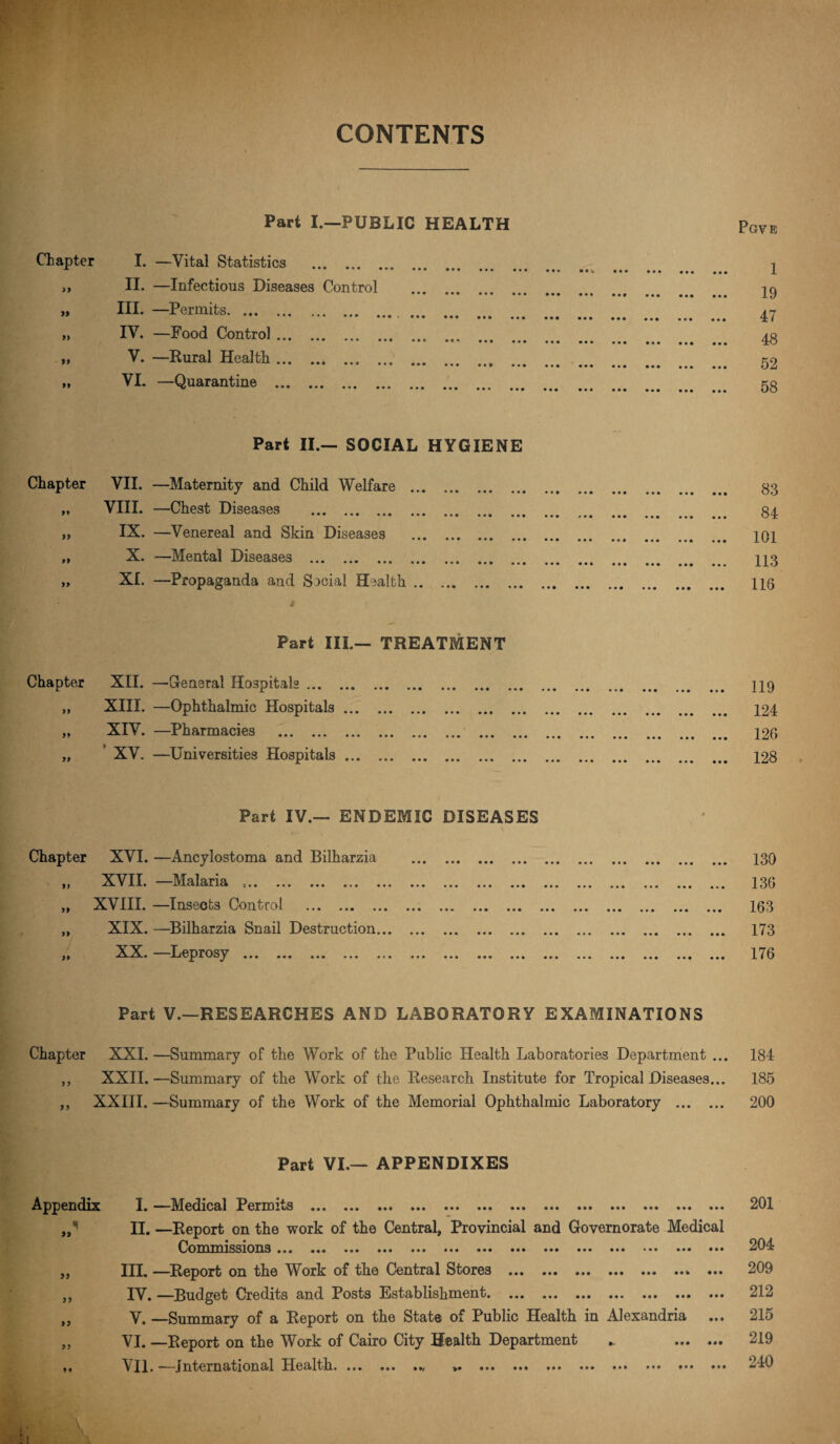 CONTENTS Part I.—PUBLIC HEALTH Pgve Chapter I. —Vital Statistics . ,, II. —Infectious Diseases Control » III- —Permits. » IV. —Food Control. „ V. —Rural Health. » VI. —Quarantine . 19 47 48 52 58 Part II.— SOCIAL HYGIENE Chapter VII. —Maternity and Child Welfare . ,» VIII. —Chest Diseases . „ IX. —Venereal and Skin Diseases . „ X. —Mental Diseases . „ XI. —Propaganda and Social Health. 83 84 101 113 116 Part III.— TREATMENT Chapter XII. —General Hospitals. „ XIII. —Ophthalmic Hospitals. „ XIV. —Pharmacies . „ XV. —Universities Hospitals. 119 124 126 128 Part IV.— ENDEMIC DISEASES Chapter XVI. —Ancylostoma and Bilharzia . „ XVII. —Malaria . „ XVIII. —Inseots Control . „ XIX. —Bilharzia Snail Destruction. jp kX. Leprosy ... ... ... ... ... ... ... ... ... 130 136 163 173 176 Part V.—RESEARCHES AND LABORATORY EXAMINATIONS Chapter XXI.—Summary of the Work of the Public Health Laboratories Department ... 184 ,, XXII. —Summary of the Work of the Research Institute for Tropical Diseases... 185 ,, XXIII. —Summary of the Work of the Memorial Ophthalmic Laboratory . 200 Part VI.— APPENDIXES Appendix I. —“IVIedical Permits ... ... ... ... ... ... ... ... ••» ••• ... ... 201 II. —Report on the work of the Central, Provincial and Governorate Medical Commissions ... ... ... ... ... ... ... ... ... ... ... ».. ... ... —,04 „ HI. —Report on the Work of the Central Stores .. ... 209 ,, IV. —Budget Credits and Posts Establishment. 212 ,, V. —Summary of a Report on the State of Public Health in Alexandria ... 215 „ VI. —Report on the Work of Cairo City Health Department .. . 219 fi \I1. —^International Health. ... ... .»y >« ... ... ... ... ... ... ••» —10