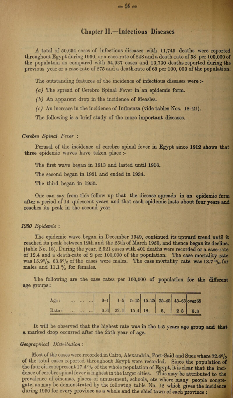 Chapter II.—Infectious Diseases A total of 50,654 cases of infectious diseases with 11,749 deaths were reported throughout Egypt during 1950, or a case-rate of 248 and a death-rate of 58 per 100,000 of the populatoin as compared with 54,937 cases and 13,730 deaths reported during the previous year or a case-rate of 275 and a death-rate of 69 per 100, 000 of the population. The outstanding features of the incidence of infectious diseases were :- (a) The spread of Cerebro Spinal Fever in an epidemic form. (b) An apparent drop in the incidence of Measles. (c) An increase in the incidence of Influenza (vide tables Nos. 18-21). The following is a brief study of the more important diseases. Cerebro Spinal Fever : Perusal of the incidence of cerebro spinal fever in Egypt since 1912 shows that three epidemic waves have taken place :- The first wave began in 1913 and lasted until 1916. The second began in 1931 and ended in 1934. The third began in 1950. One can say from this follow up that the disease spreads in an epidemic form after a period of 14 quiescent years and that each epidemic lasts about four years and reaches its peak in the second year. 1950 Epidemic : The epidemic wave began in December 1949, continued its upward trend until it reached its peak between 12th and the 25th of March 1950, and thence began its decline, (table No. 18). During the year, 2,521 pases with 401 deaths were recorded or a case-rate of 12.4 and a death-rate of 2 per 100,000 of the population. The case mortality rate was 15.9%. 63.8% of the cases were males. The case mortality rate was 13.7% for males and 11.1 % for females. The following are the case rates per 100,000 of population for the different age groups: Age : 0-1 1-5 5-15 ' 15-25 25-45 45-65 over65 Kate i ... ... «... 0.6 22.1 15.4 18. 5. 2.8 0.3 It will be observed that the highest rate was in the 1-5 years age group and that a marked drop occurred after the 25th year of age. Geographical Distribution: Most of the cases were recorded in Cairo, Alexandria, Port-Said and Suez where 72.4% of the total cases reported throughout Egypt were recorded. Since the population of the four cities represent 17.4 % of the whole population of Egypt, it is clear that the inci¬ dence of cerebro spinal fever is highest in the larger cities. This may be attributed to the prevalence ot cinemas, places oi amusement, schools, etc where many people congre¬ gate, as may be demonstrated by the following table No. 12 which gives the incidence during 1950 for every province as a whole and the chief town of each province: