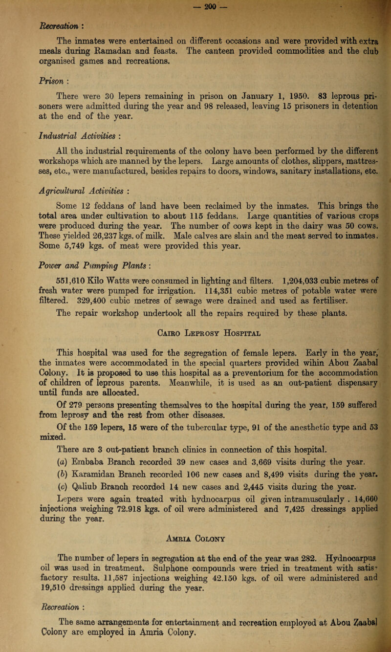 Recreation : The inmates were entertained on different occasions and were provided with extra meals during Ramadan and feasts. The canteen provided commodities and the club organised games and recreations. Prison : There were 30 lepers remaining in prison on January 1, 1950. 83 leprous pri¬ soners were admitted during the year and 98 released, leaving 15 prisoners in detention at the end of the year. Industrial Activities : All the industrial requirements of the colony have been performed by the different workshops which are manned by the lepers. Large amounts of clothes, slippers, mattres¬ ses, etc., were manufactured, besides repairs to doors, windows, sanitary installations, etc. Agricultural Activities : Some 12 feddans of land have been reclaimed by the inmates. This brings the total area under cultivation to about 115 feddans. Large quantities of various crops were produced during the year. The number of cows kept in the dairy was 50 cows. These yielded 26,237 kgs. of milk. Male calves are slain and the meat served to inmates. Some 5,749 kgs. of meat were provided this year. Power and Pumping Plants : 551,610 Kilo Watts were consumed in lighting and filters. 1,204,033 cubic metres of fresh water were pumped for irrigation. 114,351 cubic metres of potable water were filtered. 329,400 cubic metres of sewage were drained and used as fertiliser. The repair workshop undertook all the repairs required by these plants. Cairo Leprosy Hospital This hospital was used for the segregation of female lepers. Early in the year, the inmates were accommodated in the special quarters provided wihin Abou Zaabal Colony. It is proposed to use this hospital as a preventorium for the accommodation of children of leprous parents. Meanwhile, it is used as an out-patient dispensary until funds are allocated. Of 279 persons presenting themselves to the hospital during the year, 159 suffered from leprosy and the rest from other diseases. Of the 159 lepers, 15 were of the tubercular type, 91 of the anesthetic type and 53 mixed. There are 3 out-patient branch clinics in connection of this hospital. (a) Embaba Branch recorded 39 new cases and 3,669 visits during the year. (b) Karamidan Branch recorded 106 new cases and 8,499 visits during the year. (c) Qaliub Branch recorded 14 new cases and 2,445 visits during the year. Lepers were again treated with hydnocarpus oil given intramuscularly . 14,660 injections weighing 72.918 kgs. of oil were administered and 7,425 dressings applied during the year. Amria Colony The number of lepers in segregation at the end of the year was 282. Hydnocarpus oil was used in treatment. Sulphone compounds were tried in treatment with satis * factory results. 11,587 injections weighing 42.150 kgs. of oil were administered and 19,510 dressings applied during the year. Recreation : The same arrangements for entertainment and recreation employed at Abou Zaabal Colony are employed in Amria Colony.
