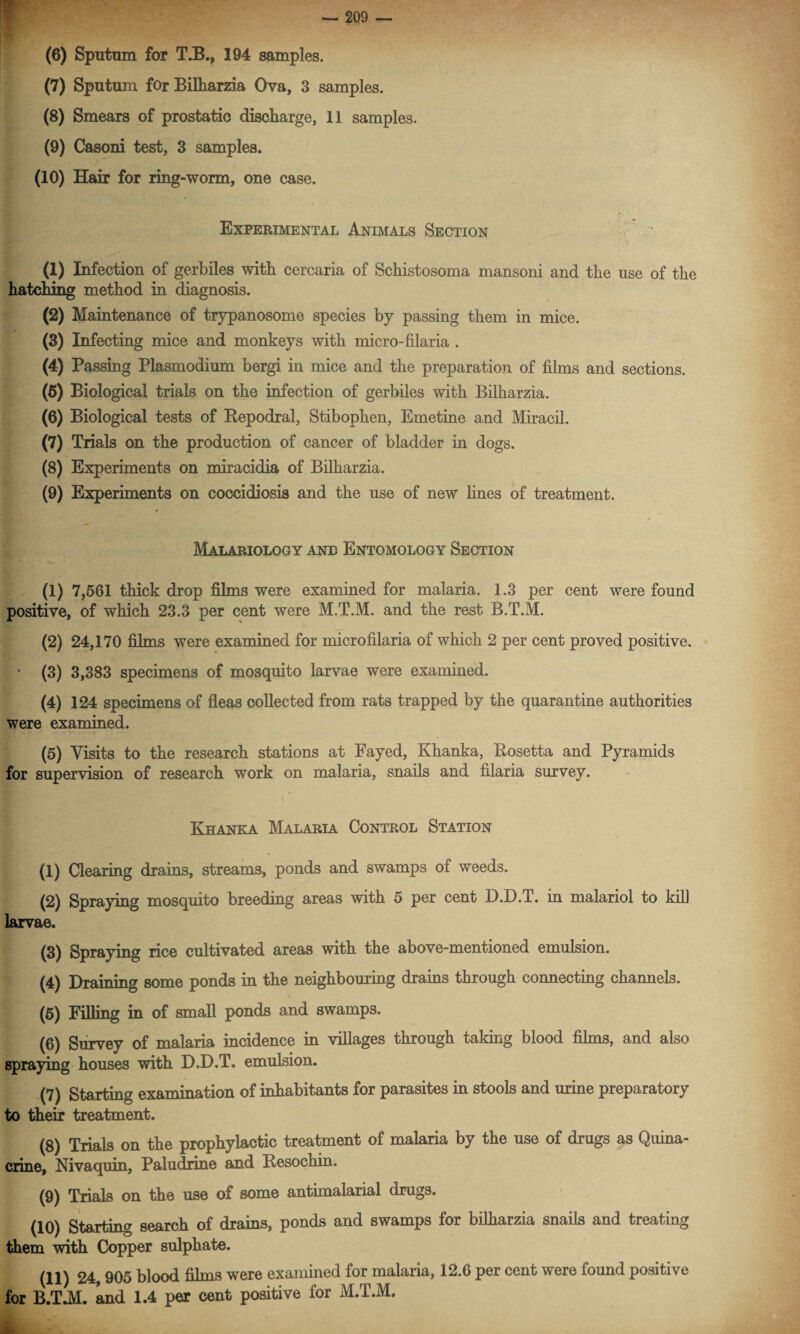 (7) Sputum for Bilharzia Ova, 3 samples. (8) Smears of prostatio discharge, 11 samples. (9) Casoni test, 3 samples. (10) Hair for ring-worm, one case. Experimental Animals Section (1) Infection of gerbiles with cercaria of Schistosoma mansoni and the use of the hatching method in diagnosis. (2) Maintenance of trypanosome species by passing them in mice. (3) Infecting mice and monkeys with micro-filaria . (4) Passing Plasmodium bergi in mice and the preparation of films and sections. (5) Biological trials on the infection of gerbiles with Bilharzia. (6) Biological tests of Repodral, Stibophen, Emetine and Miracil. (7) Trials on the production of cancer of bladder in dogs. (8) Experiments on miracidia of Bilharzia. (9) Experiments on coccidiosis and the use of new lines of treatment. Malariology and Entomology Section (1) 7,561 thick drop films were examined for malaria. 1.3 per cent were found positive, of which 23.3 per cent were M.T.M. and the rest B.T.M. (2) 24,170 films were examined for microfilaria of which 2 per cent proved positive. * (3) 3,383 specimens of mosquito larvae were examined. (4) 124 specimens of fleas collected from rats trapped by the quarantine authorities were examined. (5) Visits to the research stations at Fayed, Khanka, Rosetta and Pyramids for supervision of research work on malaria, snails and filaria survey. Khanka Malaria Control Station (1) Clearing drains, streams, ponds and swamps of weeds. (2) Spraying mosquito breeding areas with 5 per cent D.D.T. in malariol to kill larvae. (3) Spraying rice cultivated areas with the above-mentioned emulsion. (4) Draining some ponds in the neighbouring drains through connecting channels. (5) Filling in of small ponds and swamps. (6) Survey of malaria incidence in villages through taking blood films, and also spraying houses with D.D.T. emulsion. (7) Starting examination of inhabitants for parasites in stools and urine preparatory to their treatment. (8) Trials on the prophylactic treatment of malaria by the use of drugs as Quina- crine, Nivaquin, Paludrine and Resochin. (9) Trials on the use of some antimalarial drugs. (10) Starting search of drains, ponds and swamps for bilharzia snails and treating them with Copper sulphate. 24 905 blood films were examined for malaria, 12.6 per cent were found positive for B.TM. and 1.4 per cent positive for M.T.M.