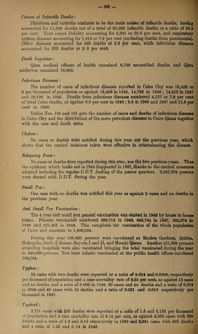 Causes of Infantile Deaths: Diarrhoea and enteritis continue to be the main eatises of infantile deaths, having accounted for 11,539 deaths out of a total of 20,269 infantile deaths or a ratio of 56.9 per cent. Next comes Debility accounting for 5,991 or 29.6 per cent, and respiratory system diseases accounting for 1,613 or 7.9 per cent (excluding deaths from pneumonia). Other diseases accounted for 593 deaths or 2.9 pet cent, while infectious diseases accounted for 533 deaths or 2.6 per cent. Death Inquiries: Qism medical officers of health examined 6,739 uncertified deaths and Qism midwives examined 16,665. Infectious Diseases : The number of cases of infectious diseases reported in Cairo City was 18,455 or 8 per thousand of population as against 18,406 in 1949, 14,793 in 1948 ; 14,413 in 1947 and 29,196 in 1946. Deaths from infectious diseases numbered 4,157 or 7.9 per cent of total Cairo deaths, as against 9.9 per cent in 1949 ; 9.6 in 1948 and 1947 and 11.5 per cent in 1946. Tables Nos. 190 and 191 give the number of cases and deaths of infectious diseases in Cairo City and the distribution of the more prevalent diseases in Cairo Qisms together with the case and death rates. Cholera: No cases or deaths were notified during this year nOr the previous year, which shows that the control measures taken were effective in exterminating the disease. Relapsing Fever: No cases or deaths were reported during this year, nor the two previous years. Thus the epidemic which broke out in 1945 disppeared in 1947, thanks to the control measures adopted including the regular D.D.T. dusting of the poorer quarters. 2,452,904 persons were dusted with D.D.T. during the year. Small Pox : One case with no deaths was notified this year as against 2 cases and no deaths in the previous year. Anti Small Pox Vaccination : The 4 year anti small pox general vaccination was started in 1946 by house to house teams. PefsOUs vaccinated numbered 286,715 ifl 1940, 045,764 in 1947, 552,074 in 1948 and 821,501 in 1949. This completes the vaccination of the whole population of Cairo and amounts to 1,806,054. During this year 188,020 persons were vaccinated at Shubra Gardens, Qubba, Heliopolis, Darb el Ahmar, Sayeda I and II, and Mouski Qisms. Another 151,988 persons a ttending hospitals were also vaccinated bringing the total vaccinated during the year to 340,088 persons. New born infants vaccinated at the public health offices numbered 108,184. Typhus : 32 cases with two deaths were reported or a ratio of 0.014 and 0.0008, respectively per thousand of population and a case-mortality rate of 0.25 per cent, as against 13 cases and no deaths and a ratio of 0.006 in 1949, 30 cases and no deaths and a ratio of 0.014 in 1948 and 49 cases with 10 deaths and a ratio of 0.031 and 0.016 respectively per thousand in 1947. Typhoid: * L A. i . ) . > ^ 3,711 cases with 359 deaths were reported or a ratio of 1.0 and 0.158 per thousand of population and a case mortality rate of 9.16 per cent, as against 4,066 cases with 360 deaths and a ratio of 1.9 and 0.16 respectively in 1949 and 2,681 cases with 293 deaths and a ratio of 1.23 and 0.14 in 1948.