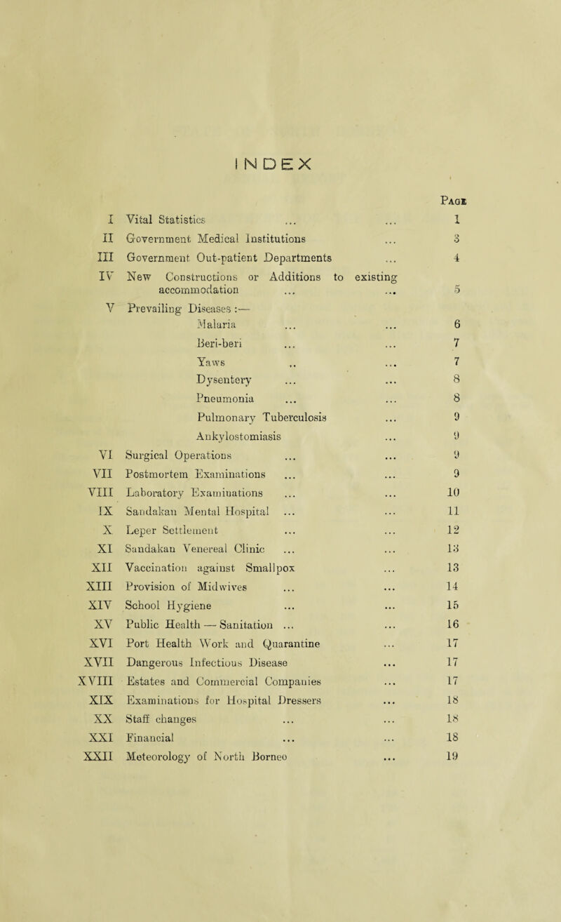 Page 1 DEX I Vital Statistics II Government Medical Institutions III Government Out-patient Departments IV New Constructions or Additions to existin accommodation V Prevailing Diseases :— Malaria Beri-beri Yaws Dysentery Pneumonia Pulmonary Tuberculosis Ankylostomiasis VI Surgical Operations AMI Postmortem Examinations VIII Laboratory Examinations IX Sandakan Mental Hospital X Leper Settlement XI Sandakan Venereal Clinic XII Vaccination against Smallpox XIII Provision of Midwives XIV School Hygiene XV Public Health — Sanitation ... XVI Port Health Work and Quarantine XVII Dangerous Infectious Disease XVIII Estates and Commercial Companies XIX Examinations for Hospital Dressers XX Staff changes XXI Financial XXII Meteorology of North Borneo 4 5 6 7 7 8 8 9 9 9 9 10 11 12 id 13 14 15 16 17 17 17 IS 18 IS 19