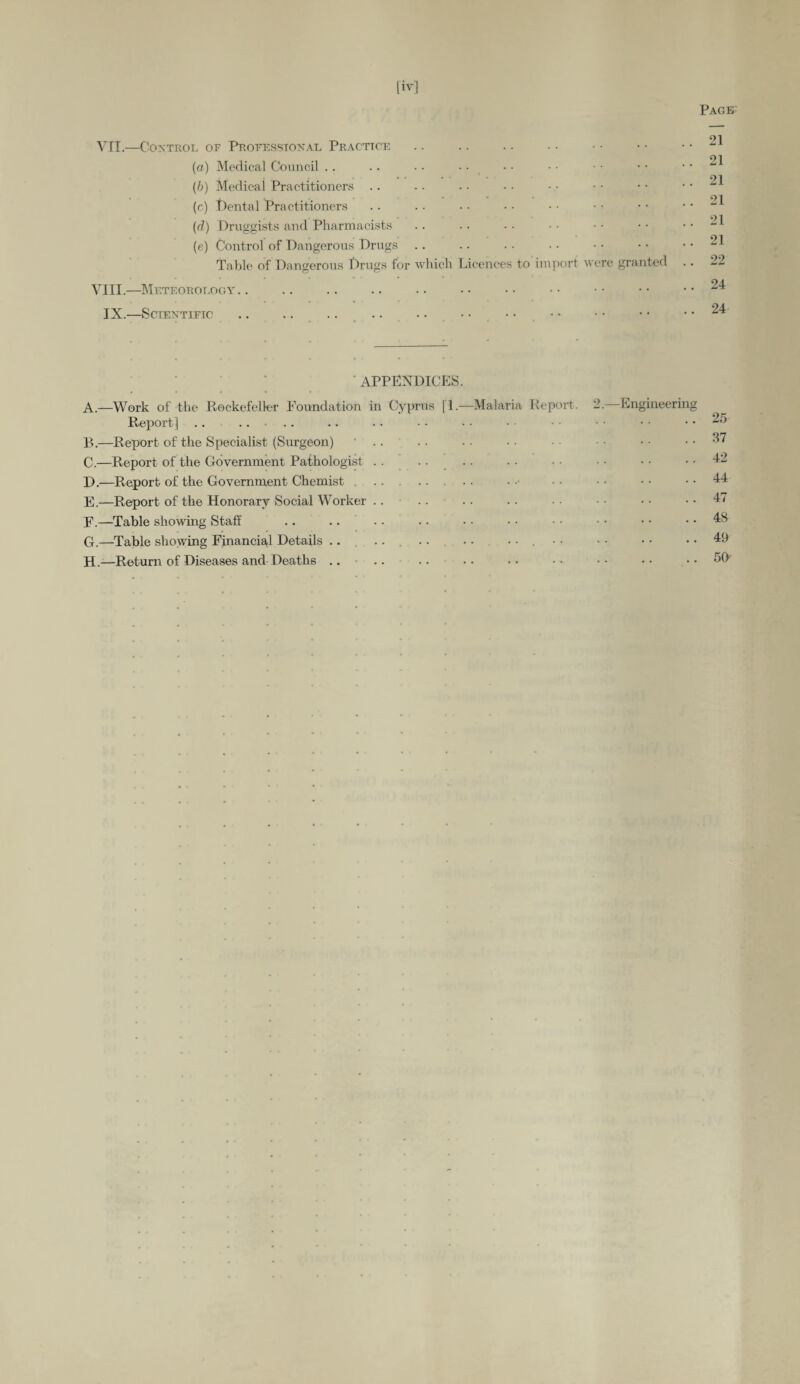 [iv] Page VII.—Control of Professional Practice {a) Medical Council (b) Medical Practitioners .. (c) Dental Practitioners (d) Druggists and Pharmacists (e) Control of Dangerous Drugs Table of Dangerous Drugs for which Licences to import were granted VIII.—Meteorology.. IX.—Scientific 21 21 21 21 21 21 22 24 24 APPENDICES. A. —Work of the Rockefeller Foundation in Cyprus [1.—Malaria Report, 2—Engineering Report] .. . B. —Report of the Specialist (Surgeon) ' C. —Report of the Government Pathologist . . .... D. —Report of the Government Chemist .. . E. —Report of the Honorary Social Worker .. F. —Table showing Stall G. —Table showing Financial Details .. .... .. .... H. —Return of Diseases and Deaths .... 25 37 42 44 47 48 49 50