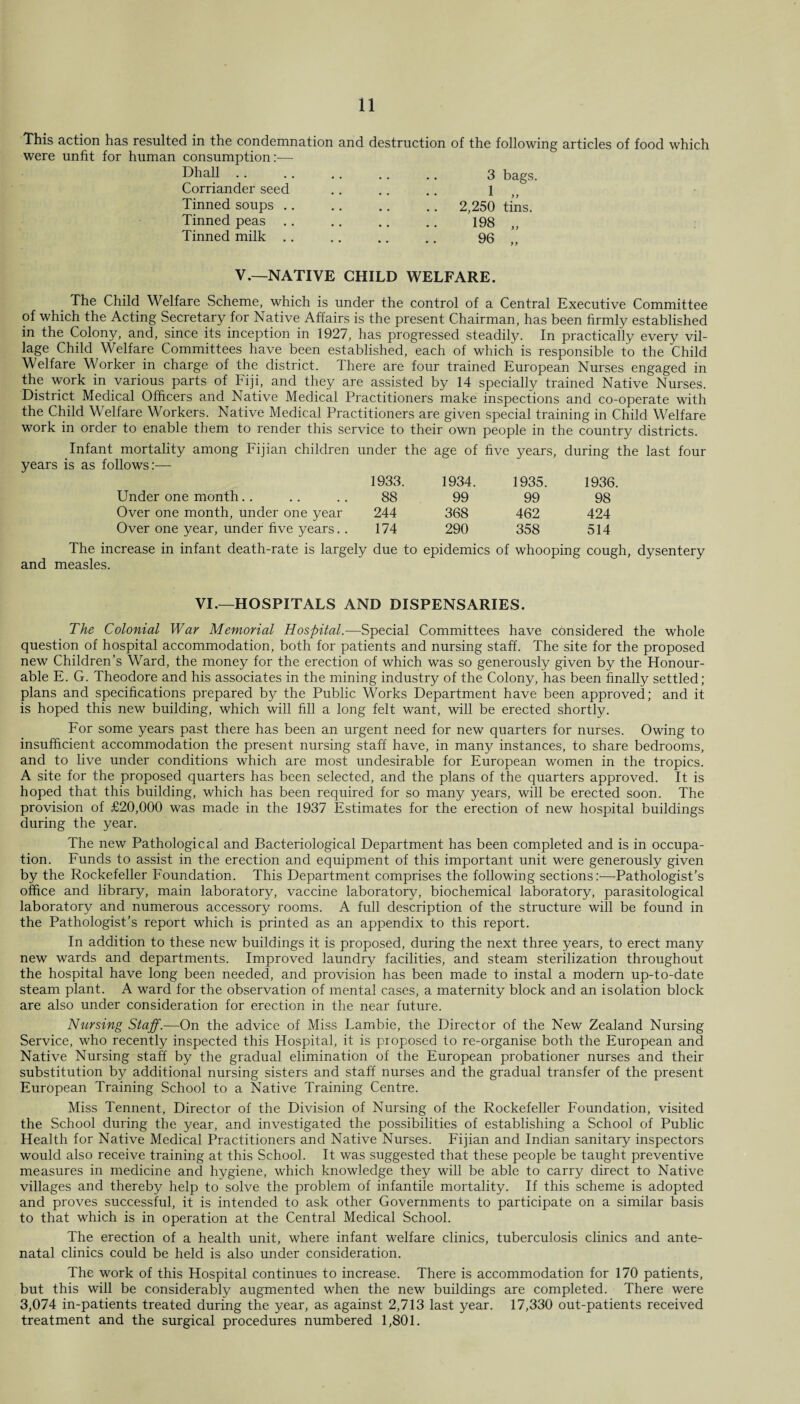 This action has resulted in the condemnation and destruction of the following articles of food which were unfit for human consumption:— Dhall Corriander seed Tinned soups .. Tinned peas Tinned milk .. 3 1 2,250 198 96 bags. yy tins. y y V.—NATIVE CHILD WELFARE. The Child Welfare Scheme, which is under the control of a Central Executive Committee of which the Acting Secretary for Native Affairs is the present Chairman, has been firmly established in the Colony, and, since its inception in 1927, has progressed steadily. In practically every vil¬ lage Child Welfare Committees have been established, each of which is responsible to the Child Welfare Worker in charge of the district. There are four trained European Nurses engaged in the work in various parts of Fiji, and they are assisted by 14 specially trained Native Nurses. District Medical Officers and Native Medical Practitioners make inspections and co-operate with the Child Welfare Workers. Native Medical Practitioners are given special training in Child Welfare work in order to enable them to render this service to their own people in the country districts. Infant mortality among Fijian children under the age of five years, during the last four years is as follows:— Under one month Over one month, under one year Over one year, under five years.. 1933. 1934. 1935. 1936. 88 99 99 98 244 368 462 424 174 290 358 514 The increase in infant death-rate is largely due to epidemics of whooping cough, dysentery and measles. VI.—HOSPITALS AND DISPENSARIES. The Colonial War Memorial Hospital.—Special Committees have considered the whole question of hospital accommodation, both for patients and nursing staff. The site for the proposed new Children’s Ward, the money for the erection of which was so generously given by the Honour¬ able E. G. Theodore and his associates in the mining industry of the Colony, has been finally settled; plans and specifications prepared by the Public Works Department have been approved; and it is hoped this new building, which will fill a long felt want, will be erected shortly. For some years past there has been an urgent need for new quarters for nurses. Owing to insufficient accommodation the present nursing staff have, in many instances, to share bedrooms, and to live under conditions which are most undesirable for European women in the tropics. A site for the proposed quarters has been selected, and the plans of the quarters approved. It is hoped that this building, which has been required for so many years, will be erected soon. The provision of £20,000 was made in the 1937 Estimates for the erection of new hospital buildings during the year. The new Pathological and Bacteriological Department has been completed and is in occupa¬ tion. Funds to assist in the erection and equipment of this important unit were generously given by the Rockefeller Foundation. This Department comprises the following sections:-—Pathologist's office and library, main laboratory, vaccine laboratory, biochemical laboratory, parasitological laboratory and numerous accessory rooms. A full description of the structure will be found in the Pathologist’s report which is printed as an appendix to this report. In addition to these new buildings it is proposed, during the next three years, to erect many new wards and departments. Improved laundry facilities, and steam sterilization throughout the hospital have long been needed, and provision has been made to instal a modern up-to-date steam plant. A ward for the observation of mental cases, a maternity block and an isolation block are also under consideration for erection in the near future. Nursing Staff.—On the advice of Miss Lambie, the Director of the New Zealand Nursing Service, who recently inspected this Hospital, it is proposed to re-organise both the European and Native Nursing staff by the gradual elimination of the European probationer nurses and their substitution by additional nursing sisters and staff nurses and the gradual transfer of the present European Training School to a Native Training Centre. Miss Tennent, Director of the Division of Nursing of the Rockefeller Foundation, visited the School during the year, and investigated the possibilities of establishing a School of Public Health for Native Medical Practitioners and Native Nurses. Fijian and Indian sanitary inspectors would also receive training at this School. It was suggested that these people be taught preventive measures in medicine and hygiene, which knowledge they will be able to carry direct to Native villages and thereby help to solve the problem of infantile mortality. If this scheme is adopted and proves successful, it is intended to ask other Governments to participate on a similar basis to that which is in operation at the Central Medical School. The erection of a health unit, where infant welfare clinics, tuberculosis clinics and ante¬ natal clinics could be held is also under consideration. The work of this Hospital continues to increase. There is accommodation for 170 patients, but this will be considerably augmented when the new buildings are completed. There were 3,074 in-patients treated during the year, as against 2,713 last year. 17,330 out-patients received treatment and the surgical procedures numbered 1,801.