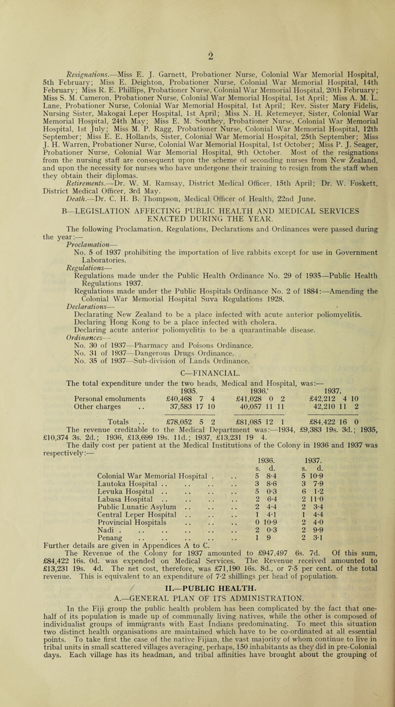 2 Resignations.—Miss E. J. Garnett, Probationer Nurse, Colonial War Memorial Hospital, 5th February; Miss E. Deighton, Probationer Nurse, Colonial War Memorial Hospital, 14th February; Miss R. E. Phillips, Probationer Nurse, Colonial War Memorial Hospital, 20th February; Miss S. M. Cameron, Probationer Nurse, Colonial War Memorial Hospital, 1st April; Miss A. M. L. Lane, Probationer Nurse, Colonial War Memorial Hospital, 1st April; Rev. Sister Mary Fidelis, Nursing Sister, Makogai Leper Hospital, 1st April; Miss N. H. Retemeyer, Sister, Colonial War Memorial Hospital, 24th May; Miss E. M. Southey, Probationer Nurse, Colonial War Memorial Hospital, 1st July; Miss M. P. Ragg, Probationer Nurse, Colonial War Memorial Hospital, 12th September; Miss E. E. Hollands, Sister, Colonial War Memorial Hospital, 25th September; Miss J. H. Warren, Probationer Nurse, Colonial War Memorial Hospital, 1st October; Miss P. J. Seager, Probationer Nurse, Colonial War Memorial Hospital, 9th October. Most of the resignations from the nursing staff are consequent upon the scheme of seconding nurses from New Zealand, and upon the necessity for nurses who have undergone their training to resign from the staff when they obtain their diplomas. Retirements.—Dr. W. M. Ramsay, District Medical Officer, 15th April; Dr. W. Foskett, District Medical Officer, 3rd May. Death.—Dr. C. H. B. Thompson, Medical Officer of Health, 22nd June. B—LEGISLATION AFFECTING PUBLIC HEALTH AND MEDICAL SERVICES ENACTED DURING THE YEAR. The following Proclamation, Regulations, Declarations and Ordinances were passed during the year:— Proclamation—- No. 5 of 1937 prohibiting the importation of live rabbits except for use in Government Laboratories. Regulations— Regulations made under the Public Health Ordinance No. 29 of 1935—-Public Health Regulations 1937. Regulations made under the Public Hospitals Ordinance No. 2 of 1884:—Amending the Colonial War Memorial Hospital Suva Regulations 1928. Declarations■—- Declarating New Zealand to be a place infected with acute anterior poliomyelitis. Declaring Hong Kong to be a place infected with cholera. Declaring acute anterior poliomyelitis to be a quarantinable disease. Ordinances—- No. 30 of 1937—Pharmacy and Poisons Ordinance. No. 31 of 1937—Dangerous Drugs Ordinance. No. 35 of 1937—Sub-division of Lands Ordinance. C—FINANCIAL. The total expenditure under the two heads, Medical and Hospital, was:— 1935. 1936/ 1937. Personal emoluments £40,468 7 4 £41,028 0 2 £42,212 4 10 Other charges .. 37,583 17 10 40,057 11 11 42,210 11 2 Totals .. £78,052 5 2 £81,085 12 1 £84,422 16 0 The revenue creditable to the Medical Department was:—1934, £10,374 3s. 2d.; 1936, £13,699 19s. lid.; 1937, £13,231 19 4. £9,383 19s. 3d.; 1935, The daily cost per patient at the Medical Institutions of the Colony in 1936 and 1937 was respectively:— 1936. 1937. s. d. s. d. Colonial War Memorial Hospital . 5 8-4 5 10-9 Lautoka Hospital .. 3 8-6 3 7-9 Levuka Hospital .. 5 0-3 6 1-2 Labasa Hospital 2 6-4 2 110 Public Lunatic Asylum 2 4-4 2 3-4 Central Leper Hospital 14-1 1 4-4 Provincial Hospitals 0 10-9 2 4-0 Nadi. 2 0-3 2 9-9 Penang 19 2 3-1 Further details are given in Appendices A to C. The Revenue of the Colony for 1937 amounted to £947,497 6s. 7d. Of this sum, £84,422 16s. Od. was expended on Medical Services. The Revenue received amounted to £13,231 19s. 4d. The net cost, therefore, was £71,190 16s. 8d., or 7-5 per cent, of the total revenue. This is equivalent to an expenditure of 7-2 shillings per head of population. II.—PUBLIC HEALTH. A.—GENERAL PLAN OF ITS ADMINISTRATION. In the Fiji group the public health problem has been complicated by the fact that one- half of its population is made up of communally living natives, while the other is composed of individualist groups of immigrants with East Indians predominating. To meet this situation two distinct health organisations are maintained which have to be co-ordinated at all essential points. To take first the case of the native Fijian, the vast majority of whom continue to live in tribal units in small scattered villages averaging, perhaps, 150 inhabitants as they did in pre-Colonial days. Each village has its headman, and tribal affinities have brought about the grouping of