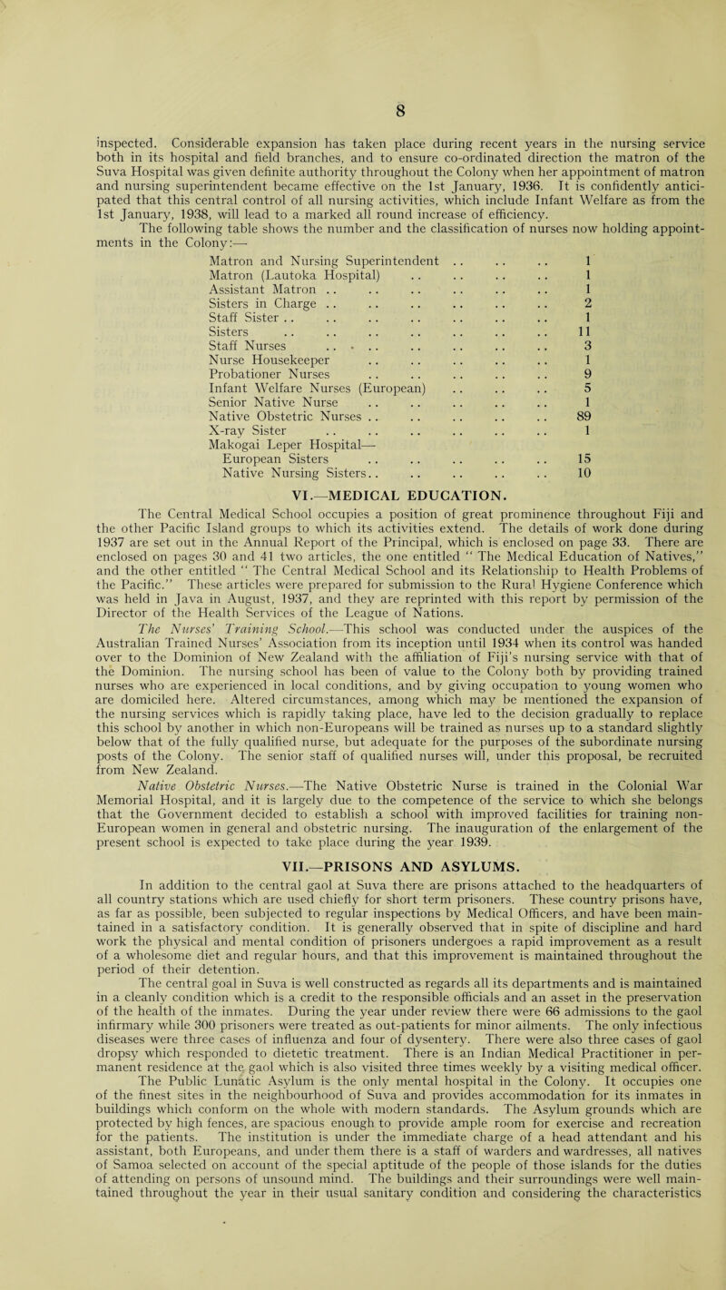 inspected. Considerable expansion has taken place during recent years in the nursing service both in its hospital and field branches, and to ensure co-ordinated direction the matron of the Suva Hospital was given definite authority throughout the Colony when her appointment of matron and nursing superintendent became effective on the 1st January, 1936. It is confidently antici¬ pated that this central control of all nursing activities, which include Infant Welfare as from the 1st January, 1938, will lead to a marked all round increase of efficiency. The following table shows the number and the classification of nurses now holding appoint¬ ments in the Colony:— Matron and Nursing Superintendent .. . . .. 1 Matron (Lautoka Hospital) . . . . . . .. 1 Assistant Matron .. .. .. . . .. .. 1 Sisters in Charge . . .. .. .. .. .. 2 Staff Sister .. .. .. .. .. .. .. 1 Sisters .. .. .. .. .. .. .. 11 Staff Nurses ..... .. .. .. .. 3 Nurse Housekeeper .. .. .. .. .. 1 Probationer Nurses . . . . . . .. . . 9 Infant Welfare Nurses (European) .. .. . . 5 Senior Native Nurse . . . . .. . . . . 1 Native Obstetric Nurses .. .. .. .. . . 89 X-ray Sister .. .. .. .. .. .. 1 Makogai Leper Hospital— European Sisters .. .. .. .. .. 15 Native Nursing Sisters.. .. .. .. .. 10 VI.—MEDICAL EDUCATION. The Central Medical School occupies a position of great prominence throughout Fiji and the other Pacific Island groups to which its activities extend. The details of work done during 1937 are set out in the Annual Report of the Principal, which is enclosed on page 33. There are enclosed on pages 30 and 41 two articles, the one entitled “ The Medical Education of Natives,” and the other entitled “ The Central Medical School and its Relationship to Health Problems of the Pacific.” These articles were prepared for submission to the Rural Hygiene Conference which was held in Java in August, 1937, and they are reprinted with this report by permission of the Director of the Health Services of the League of Nations. The Nurses’ Training School.—This school was conducted under the auspices of the Australian Trained Nurses’ Association from its inception until 1934 when its control was handed over to the Dominion of New Zealand with the affiliation of Fiji’s nursing service with that of the Dominion. The nursing school has been of value to the Colony both by providing trained nurses who are experienced in local conditions, and by giving occupation to young women who are domiciled here. Altered circumstances, among which may be mentioned the expansion of the nursing services which is rapidly taking place, have led to the decision gradually to replace this school by another in which non-Europeans will be trained as nurses up to a standard slightly below that of the fully qualified nurse, but adequate for the purposes of the subordinate nursing posts of the Colony. The senior staff of qualified nurses will, under this proposal, be recruited from New Zealand. Native Obstetric Nurses.—-The Native Obstetric Nurse is trained in the Colonial War Memorial Hospital, and it is largely due to the competence of the service to which she belongs that the Government decided to establish a school with improved facilities for training non- European women in general and obstetric nursing. The inauguration of the enlargement of the present school is expected to take place during the year 1939. VII.—PRISONS AND ASYLUMS. In addition to the central gaol at Suva there are prisons attached to the headquarters of all country stations which are used chiefly for short term prisoners. These country prisons have, as far as possible, been subjected to regular inspections by Medical Officers, and have been main¬ tained in a satisfactory condition. It is generally observed that in spite of discipline and hard work the physical and mental condition of prisoners undergoes a rapid improvement as a result of a wholesome diet and regular hours, and that this improvement is maintained throughout the period of their detention. The central goal in Suva is well constructed as regards all its departments and is maintained in a cleanly condition which is a credit to the responsible officials and an asset in the preservation of the health of the inmates. During the year under review there were 66 admissions to the gaol infirmary while 300 prisoners were treated as out-patients for minor ailments. The only infectious diseases were three cases of influenza and four of dysentery. There were also three cases of gaol dropsy which responded to dietetic treatment. There is an Indian Medical Practitioner in per¬ manent residence at the gaol which is also visited three times weekly by a visiting medical officer. The Public Lunatic Asylum is the only mental hospital in the Colony. It occupies one of the finest sites in the neighbourhood of Suva and provides accommodation for its inmates in buildings which conform on the whole with modern standards. The Asylum grounds which are protected by high fences, are spacious enough to provide ample room for exercise and recreation for the patients. The institution is under the immediate charge of a head attendant and his assistant, both Europeans, and under them there is a staff of warders and wardresses, all natives of Samoa selected on account of the special aptitude of the people of those islands for the duties of attending on persons of unsound mind. The buildings and their surroundings were well main¬ tained throughout the year in their usual sanitary condition and considering the characteristics