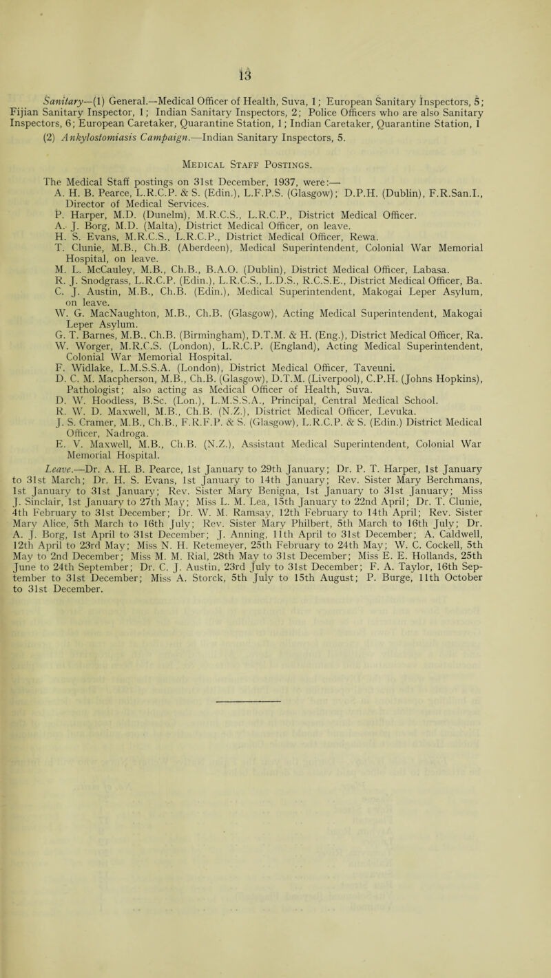 Sanitary—(1) General.—Medical Officer of Health, Suva, 1; European Sanitary Inspectors, 5; Fijian Sanitary Inspector, 1; Indian Sanitary Inspectors, 2; Police Officers who are also Sanitary Inspectors, 6; European Caretaker, Quarantine Station, 1; Indian Caretaker, Quarantine Station, 1 (2) Ankylostomiasis Campaign.—Indian Sanitary Inspectors, 5. Medical Staff Postings. The Medical Staff postings on 31st December, 1937, were:—• A. H. B. Pearce, L.R.C.P. & S. (Edin.), L.F.P.S. (Glasgow); D.P.H. (Dublin), F.R.San.I., Director of Medical Services. P. Harper, M.D. (Dunelm), M.R.C.S., L.R.C.P., District Medical Officer. A. J. Borg, M.D. (Malta), District Medical Officer, on leave. H. S. Evans, M.R.C.S., L.R.C.P., District Medical Officer, Rewa. T. Clunie, M.B., Ch.B. (Aberdeen), Medical Superintendent, Colonial War Memorial Hospital, on leave. M. L. McCauley, M.B., Ch.B., B.A.O. (Dublin), District Medical Officer, Labasa. R. J. Snodgrass, L.R.C.P. (Edin.), L.R.C.S., L.D.S., R.C.S.E., District Medical Officer, Ba. C. J. Austin, M.B., Ch.B. (Edin.), Medical Superintendent, Makogai Leper Asylum, on leave. W. G. MacNaughton, M.B., Ch.B. (Glasgow), Acting Medical Superintendent, Makogai Leper Asylum. G. T. Barnes, M.B., Ch.B. (Birmingham), D.T.M. & H. (Eng.), District Medical Officer, Ra. W. Worger, M.R.C.S. (London), L.R.C.P. (England), Acting Medical Superintendent, Colonial War Memorial Hospital. F. Widlake, L.M.S.S.A. (London), District Medical Officer, Taveuni. D. C. M. Macpherson, M.B., Ch.B. (Glasgow), D.T.M. (Liverpool), C.P.H. (Johns Hopkins), Pathologist; also acting as Medical Officer of Health, Suva. D. W. Hoodless, B.Sc. (Lon.), L.M.S.S.A., Principal, Central Medical School. R. W. D. Maxwell, M.B., Ch.B. (N.Z.), District Medical Officer, Levuka. J. S. Cramer, M.B., Ch.B., F.R.F.P. & S. (Glasgow), L.R.C.P. & S. (Edin.) District Medical Officer, Nadroga. E. V. Maxwell, M.B., Ch.B. (N.Z.), Assistant Medical Superintendent, Colonial War Memorial Hospital. Leave.—Dr. A. H. B. Pearce, 1st January to 29th January; Dr. P. T. Harper, 1st January to 31st March; Dr. H. S. Evans, 1st January to 14th January; Rev. Sister Mary Berchmans, 1st January to 31st January; Rev. Sister Mary Benigna, 1st January to 31st January; Miss J. Sinclair, 1st January to 27th May; Miss L. M. Lea, 15th January to 22nd April; Dr. T. Clunie, 4th February to 31st December; Dr. W. M. Ramsay, 12th February to 14th April; Rev. Sister Mary Alice, 5th March to 16th July; Rev. Sister Mary Philbert, 5th March to 16th July; Dr. A. J. Borg, 1st April to 31st December; J. Anning, 11th April to 31st December; A. Caldwell, 12th April to 23rd May; Miss N. H. Retemeyer, 25th February to 24th May; W. C. Cockell, 5th May to 2nd December; Miss M. M. Rial, 28th May to 31st December; Miss E. E. Hollands, 25th June to 24th September; Dr. C. J. Austin, 23rd July to 31st December; F. A. Taylor, 16th Sep¬ tember to 31st December; Miss A. Storck, 5th July to 15th August; P. Burge, 11th October to 31st December.
