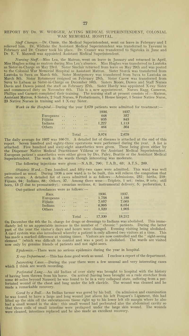 REPORT BY Dr. W. WORGER, ACTING MEDICAL SUPERINTENDENT, COLONIAL WAR MEMORIAL HOSPITAL. Staff Changes.—Dr. Clunie, the Medical Superintendent, went on leave in February and I relieved him. Dr. Widlake the Assistant Medical Superintendent was transferred to Taveuni in February and Dr. Cramer took his place. Dr. Cramer was transferred to Sigatoka in June and Dr. E. V. Maxwell was appointed Assistant Medical Superintendent. Nursing Staff.-—Miss Lea, the Matron, went on leave in January and returned in April, Miss Hughes acting as matron during Miss Lea's absence. Miss Hughes was transferred to Lautoka as Sister-in-Charge on May 23rd. Sister Sinclair returned from leave on May 29th and was posted to the Colonial War Memorial Hospital as Assistant Matron. Sister Storck was transferred from Lautoka to Suva on March 6th. Sister Montgomery was transferred from Suva to Lautoka on March 5th. Sister Retemeyer resigned on February 25th. Sister Carew was transferred from Suva to Labasa as Sister-in-Charge on December 16th. Sisters Moore, Dawes and Staff Nurses Davis and Dawes joined the staff on February 27th. Sister Hardy was appointed X-ray Sister and commenced duty on November 6th. This is a new appointment. Nurses Ragg, Cameron, Phillips and Garnett completed their training. The nursing staff at present consists of:—Matron, Assistant Matron, 5 Sisters, 2 Staff Nurses, 9 Probationers, 1 House keeper, 1 Senior Native Nurse, 23 Native Nurses in training and 1 X-ray Sister. Work in the Hospital.-—During the year 2,679 patients were admitted for treatment:— 1936. 1937. Europeans .. • • • • 448 357 Fijians . . . . 935 845 Indians • • • • 1,227 1,113 Others .. 464 364 • Total . . 3,074 2,679 The daily average for 1937 was 106-71. A detailed list of diseases is attached at the end of this report. Seven hundred and eighty-three operations were performed during the year. A list is attached. Five hundred and sixty-eight anaesthetics were given. These being given either by the Dispenser Native Medical Practitioner Vilikesa or the Assistant Medical Superintendent. European patient’s anaesthetics were either given by Drs. Paley, Beattie or the Assistant Medical Superintendent. The work in the wards though interesting was moderate. The following injections were given:—N.A.B., 790; T.A.B., 63; A.T.S., 269. Obstetric Ward.—Two hundred and fifty-two cases were admitted. This ward was well patronised as usual. During 1938 a new ward is to be built, this will relieve the congestion that often occurs. A detailed list of cases admitted is as follows:—Admissions, 252; births, 219; Fijians, 94; Indians, 88; Others, 37. Among there wese:—Triplets, 1 set; twins, 9 sets; still born, 13 (7 due to prematurity); caesarian sections, 4; instrumental delivery, 5; perforation, 1. Out-patient attendances were as follows:— Race. 1936. 1937. Europeans .. . . • • 1,758 1,188 Fijians • • • • 7,057 7,065 Indians • • • • 6,995 8,054 Others .. 1,520 1,905 Total .. 17,330 18,212 On December the 4th the Is. charge for drugs or dressings to Indians was abolished. This imme¬ diately led to an appreciable increase in the number of “ chronic ” patients. During the latter part of the year the visitor’s days and hours were changed. Evening visiting being abolished. A card system was also introduced whereby a patient is only allowed two visitors at a time. This has made a marked difference at visiting times. Visitors are now controlled and the “ sight-seeing element ” (which was difficult to control and was a pest) is abolished. The wards are visited now only by genuine friends of patients and not sight-seers. Epidemics.—There were no serious epidemics during the year in hospital. X-ray Department.—This has done good work as usual. I enclose a report of the department. Interesting Cases.—During the year there were a few unusual and very interesting cases which I think are worth recording. Perforated Lung.—An old Indian of over sixty was brought to hospital with the history of having been thrown from his horse. On arrival (having been brought on a rude stretcher from some 40 miles beyond Nausori) he was found to be in a very collapsed state, suffering from a per¬ forated wound of the chest and lung under the left clavicle. The wound was cleaned and he made a remarkable recovery. Gored by a Bull.—An Indian farmer was gored by his bull. On admission and examination he was found to have a large and long wound just above his left Poupart’s Ligament, this had lifted up the skin off the subcutaneous tissue right up to his lower left rib margin where he also had a small wound in the skin; this small wound had perforated also the abdominal cavity so that three coils of small intestine were prolapsed under the large skin wound. The wounds were cleaned, intestines replaced and he also made an excellent recovery.