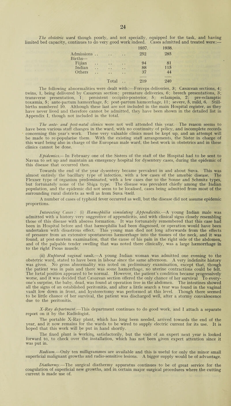 The obstetric ward though poorly, and not specially, equipped for the task, and having limited bed capacity, continues to do very good work indeed. Cases admitted and treated were:— 1937. 1938. Admissions .. Births— .. 252 285 Fijian • • • . 94 81 Indian • • • • 88 115 Others .. 37 44 Total .. 219 240 The following abnormalities were dealt with:—Forceps deliveries, 3; Caesarean sections, 4; twins, 1, being delivered by Caesarean section; premature deliveries, 6; breech presentations, 3; transverse presentation, 1; persistent occipito-posterior, 5; eclampsia, 2; pre-eclamptic toxaemia, 5; ante-partum haemorrhage, 5; post-partum haemorrhage, 11; severe, 5, mild, 6. Still¬ births numbered 10. Although these last are not included in the main Hospital register, as they have never lived and therefore cannot be admitted, they have been shown in the detailed list in Appendix I, though not included in the total. The ante- and post-natal clinics were not well attended this year. The reason seems to have been various staff changes in the ward, with no continuity of policy, and incomplete records concerning this year’s work. These very valuable clinics must be kept up, and an attempt will be made to re-popularise them. With the existing staff arrangements, the Sister in charge of this ward being also in charge of the European male ward, the best work in obstetrics and in these clinics cannot be done. Epidemics.— In February one of the Sisters of the staff of the Hospital had to be sent to Navua to set up and maintain an emergency hospital for dysentery7 cases, during the epidemic of this disease that occurred then. Towards the end of the year dysentery became prevalent in and about Suva. This was almost entirely the bacillary type of infection, with a few cases of the amoebic disease. The Flexner type of organism predominated, with a few cases due to the Sonne and Schmitz types, but fortunately/ none of the Shiga type. The disease was prevalent chiefly among the Indian population, and the epidemic did not seem to be localised, cases being admitted from most of the surrounding rural districts as well as from Suva itself. A number of cases of typhoid fever occurred as well, but the disease did not assume epidemic proportions. Interesting Cases : (i) Hcemophilia simidating Appendicitis.—A young Indian male was admitted with a history very suggestive of appendicitis, and with clinical signs closely resembling those of this disease with abscess formation. It was fortunately remembered that this case had been in Hospital before and that hsemophilia had been diagnosed, or operation would have been undertaken with disastrous effect. This young man died not long afterwards from the effects of pressure from an extensive spontaneous haemorrhage into the tissues of the neck, and it was found, at post-mortem examination, that the cause of his pain in the right side of the abdomen, and of the palpable tender swelling that was noted there clinically, was a large haemorrhage in to the right Psoas muscle. (ii) Ruptured vaginal vault.—A young Indian woman was admitted one evening to the obstetric ward, stated to have been in labour since the same afternoon. A very7 indefinite history was given. No gross abnormality was noted on preliminary examination, except that, though the patient was in pain and there was some haemorrhage, no uterine contractions could be felt. The foetal position appeared to be normal. However, the patient’s condition became progressively worse, and it was decided that Caesarean section offered the only chance of her survival To every¬ one’s surprise, the baby, dead, was found at operation free in the abdomen. The intestines showed all the signs of an established peritonitis, and after a little search a tear was found in the vaginal vault low down in front, and hysterectomy was performed at this level. Though there seemed to be little chance of her survival, the patient was discharged well, after a stormy convalescence due to the peritonitis. X-Ray department.—This department continues to do good work, and I attach a separate report on it by the Radiologist. The portable X-Ray plant, which has long been needed, arrived towards the end of the year, and it now remains for the wards to be wired to supply electric current for its use. It is hoped that this work will be put in hand shortly. The fixed plant is working satisfactorily, but the visit of an expert next year is looked forward to, to check over the installation, which has not been given expert attention since it was put in. Radium.—Only ten milligrammes are available and this is useful for only the minor small superficial malignant growths and radio-sensitive lesions. A bigger supply would be of advantage. Diathermy.—The surgical diathermy apparatus continues to be of great service for the coagulation of superficial new growths, and in certain major surgical procedures where the cutting current is made use of.