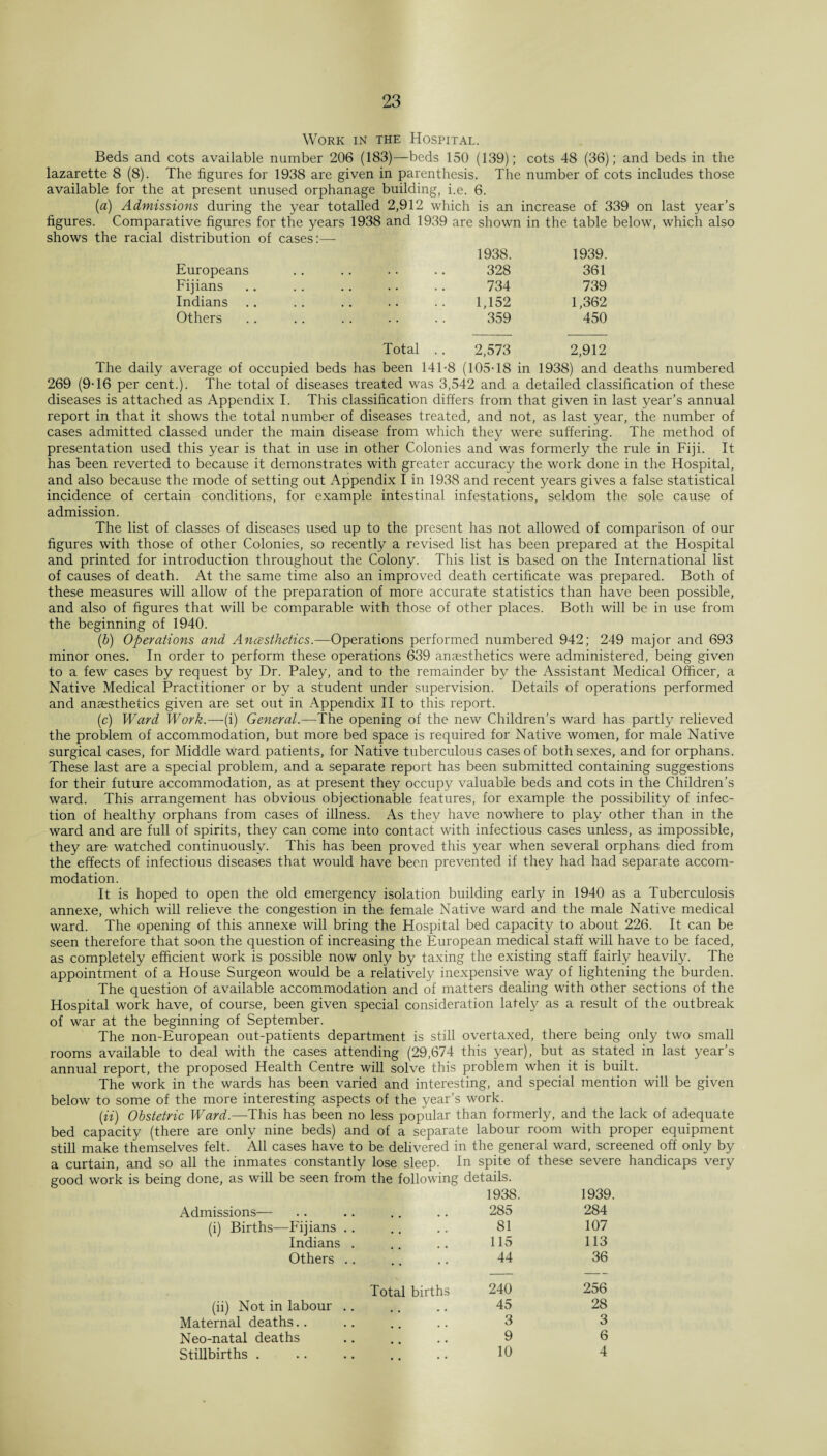 Work in the Hospital. Beds and cots available number 206 (183)—beds 150 (139); cots 48 (36); and beds in the lazarette 8 (8). The figures for 1938 are given in parenthesis. The number of cots includes those available for the at present unused orphanage building, i.e. 6. (a) Admissions during the year totalled 2,912 which is an increase of 339 on last year’s figures. Comparative figures for the years 1938 and 1939 are shown in the table below, which also shows the racial distribution of cases:— 1938. 1939. Europeans .. .. .. .. 328 361 Fijians. 734 739 Indians .. .. .. .. .. 1,152 1,362 Others. 359 450 Total .. 2,573 2,912 The daily average of occupied beds has been 141-8 (105-18 in 1938) and deaths numbered 269 (9-16 per cent.). The total of diseases treated was 3,542 and a detailed classification of these diseases is attached as Appendix I. This classification differs from that given in last year’s annual report in that it shows the total number of diseases treated, and not, as last year, the number of cases admitted classed under the main disease from which they were suffering. The method of presentation used this year is that in use in other Colonies and was formerly the rule in Fiji. It has been reverted to because it demonstrates with greater accuracy the work done in the Hospital, and also because the mode of setting out Appendix I in 1938 and recent years gives a false statistical incidence of certain conditions, for example intestinal infestations, seldom the sole cause of admission. The list of classes of diseases used up to the present has not allowed of comparison of our figures with those of other Colonies, so recently a revised list has been prepared at the Hospital and printed for introduction throughout the Colony. This list is based on the International list of causes of death. At the same time also an improved death certificate was prepared. Both of these measures will allow of the preparation of more accurate statistics than have been possible, and also of figures that will be comparable with those of other places. Both will be in use from the beginning of 1940. (b) Operations and Anesthetics.—Operations performed numbered 942; 249 major and 693 minor ones. In order to perform these operations 639 anaesthetics were administered, being given to a few cases by request by Dr. Paley, and to the remainder by the Assistant Medical Officer, a Native Medical Practitioner or by a student under supervision. Details of operations performed and anaesthetics given are set out in Appendix II to this report. (c) Ward Work.—ij) General.—The opening of the new Children’s ward has partly relieved the problem of accommodation, but more bed space is required for Native women, for male Native surgical cases, for Middle ward patients, for Native tuberculous cases of both sexes, and for orphans. These last are a special problem, and a separate report has been submitted containing suggestions for their future accommodation, as at present they occupy valuable beds and cots in the Children’s ward. This arrangement has obvious objectionable features, for example the possibility of infec¬ tion of healthy orphans from cases of illness. As they have nowhere to play other than in the ward and are full of spirits, they can come into contact with infectious cases unless, as impossible, they are watched continuously. This has been proved this year when several orphans died from the effects of infectious diseases that would have been prevented if they had had separate accom¬ modation. It is hoped to open the old emergency isolation building early in 1940 as a Tuberculosis annexe, which will relieve the congestion in the female Native ward and the male Native medical ward. The opening of this annexe will bring the Hospital bed capacity to about 226. It can be seen therefore that soon the question of increasing the European medical staff will have to be faced, as completely efficient work is possible now only by taxing the existing staff fairly heavily. The appointment of a House Surgeon would be a relatively inexpensive way of lightening the burden. The question of available accommodation and of matters dealing with other sections of the Hospital work have, of course, been given special consideration lately as a result of the outbreak of war at the beginning of September. The non-European out-patients department is still overtaxed, there being only two small rooms available to deal with the cases attending (29,674 this year), but as stated in last year’s annual report, the proposed Health Centre will solve this problem when it is built. The work in the wards has been varied and interesting, and special mention will be given below to some of the more interesting aspects of the year’s work. [ii) Obstetric Ward.—This has been no less popular than formerly, and the lack of adequate bed capacity (there are only nine beds) and of a separate labour room with proper equipment still make themselves felt. All cases have to be delivered in the general ward, screened off only by a curtain, and so all the inmates constantly lose sleep. In spite of these severe handicaps very good work is being done, as will be seen from the following details. Admissions— 1938. 285 1939. 284 (i) Births—Fijians .. .. 81 107 Indians . 115 113 Others .. 44 36 (ii) Not in labour .. Total births 240 45 256 28 Maternal deaths # , 3 3 Neo-natal deaths , , 9 6 Stillbirths . • • 10 4