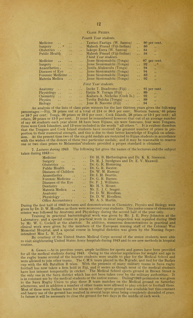 Class Prizes. Medicine .. Fourth Year students. Tautasi Faatiga (W. Samoa) 80 per cent. Surgery .. * Mahesh Prasad (Fiji-Indian) 86 y y Obstetrics Iakopo Esera (W. Samoa) 84 y > Public Health Mahesh Prasad (Fiji-Indian) 84 y y Medicine Third Year students. Jione Siosiomalohi (Tonga) 87 per cent. Surgery .. Jione Siosiomalohi (Tonga) 92 • y y Anaesthetics . Jiosifa Alukuoulu (Tonga) 94 y y Diseases of Eye Jione Siosiomalohi (Tonga) 94 y y Forensic Medicine .. Jione Siosiomalohi (Tonga) 83 y y Materia Medica Jione Siosiomalohi (Tonga) 92 y y Anatomy First Year students. Inoke T. Buadromo (Fiji) . 91 per cent. Physiology Ilaijia N. Turaga (Fiji) 89 y y Chemistry Kaitara A. Nicholas (Cook Is.) .. 92 y y Physics Tevita Buloka (Tonga) 89 y y Biology Jone B. Nasome (Fiji) 94 y y An analysis of the lists of class prize winners for the last thirteen years gives the following percentages:—Fiji, 78 prizes out of a total of 214 or 36-5 per cent; Western Samoa,*40 prizes or 18-7 per cent; Tonga, 39 prizes or 18-2 per cent; Cook Islands, 28 prizes or 13-1 per cent; all others, 29 prizes or 13-5 per cent. It must be remembered however that out of an average number of say 44 students each year about 18 have been Fijians, six were Samoans, four were Tongans, three were Cook Islanders, and 13 were included in the words “ all others It is evident therefore that the Tongans and Cook Island students have received the greatest number of prizes in pro¬ portion to their numerical strength, and this is due to their better knowledge of English on admis¬ sion. At the present time two of the six gold medals are restricted to Fijian students in accordance with the wishes of the donors of these two particular medals; and it ma}? be reasonable to reserve one or two class prizes to Melanesian students provided a proper standard is obtained. 7. Lectures during 1943. The following list gives the names of the lecturers and the subject taken during 1943:— Medicine Dr. H. B. Hetherington and Dr. K. R. Steenson Surgery Dr. R. J. Snodgrass and Dr. E. V. Maxwell. Obstetrics Dr. G. R. Hemming. Public Health .. Dr. G. R. Baxter. Diseases of Children Dr. W. M. Ramsay? Anaesthetics . Dr. I. H. Beattie. Forensic Medicine .. .. Dr. G. R. Barnes. Diseases of the Eye Dr. F. J. Williams. Dentistry .. Mr. H. S. Mount. Materia Medica Mr. E. J. C. Seager. Anatomy Dr. D. W. Hoodless. Physiology ,. Dr. D. W. Hoodless. Office Accountancy . Mr. A. S. Martin. During the first half of 1943 lectures and demonstrations in Chemistry, Physics and Biology were given by Dr. D. W. Hoodless as there were no second year students. This junior course of elementary science was followed by Anatomy and Physiology during the second half of the year only. Training in practical bacteriological work was given by Mr. J. E. Pery-Johnston at the Laboratory, and a special course in practical work in meat inspection was repeated during 1943 by Mr. W. C. Cockell at the abattoir. In addition, numerous demonstrations in practical and clinical work were given by the members of the European nursing staff of the Colonial War Memorial Hospital, and a special course in hospital dietetics was given by the Nursing Super¬ intendent Miss L. M. Lea. By courtesy of the United States Medical Corps several of the senior students were able to visit neighbouring United States Army hospitals during 1943 and to see new methods in hospital routine. 8. Games.—As in previous years, ample facilities for sports and games have been provided for all the medical students during 1943. Owing to the stricter regulations for weight and age in the rugby teams several of the heavier students were unable to play for the Medical School and were allowed to join other teams. The C.M.S. team played in the B grade, and tied for the Barker cup with the 4th Batallion B team. With the presence of many military teams in Suva rugby football has now taken a firm hold in Fiji, and it seems as though most of the medical students have lost interest temporarily in cricket. The Medical School sports ground in Brown Street is the only one in the Suva district which has not been taken over by the military authorities. It is in constant use by the medical students or the native nurses. During* 1943 permission was given to the Suva Rugby Union to play three B team matches on the Medical ground on Saturday afternoons, and in addition a number of other teams were allowed to play cricket or football there. Most of these were Indian teams for whom no other sports ground was available but this constant and heavy use of the ground has resulted in several large areas being completely denuded of grass. In future it will be necessary to close the ground for two days in the middle of each week.