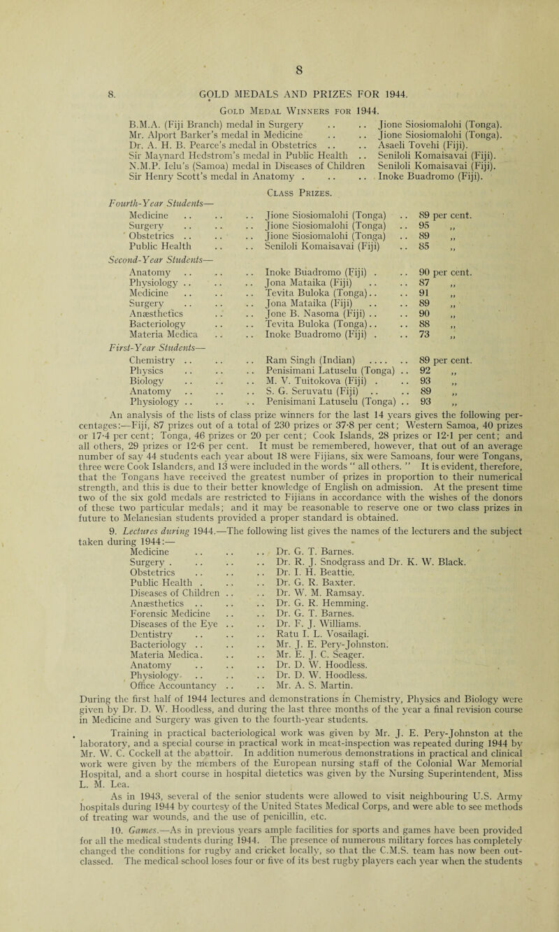 8. GOLD MEDALS AND PRIZES FOR 1944. ♦ Gold Medal Winners for 1944. B.M.A. (Fiji Branch) medal in Surgery Mr. Alport Barker’s medal in Medicine Dr. A. H. B. Pearce’s medal in Obstetrics Sir Maynard Hcdstrom’s medal in Public Health .. N.M.P. Ielu's (Samoa) medal in Diseases of Children Sir Henry Scott’s medal in Anatomy . Jione Siosiomalohi (Tonga). Jione Siosiomalohi (Tonga). Asaeli Tovehi (Fiji). Seniloli Komaisavai (Fiji). Seniloli Komaisavai (Fiji). Inoke Buadromo (Fiji). Class Prizes. Fourth-Year Students— Medicine Jione Siosiomalohi (Tonga) 89 Surgery Jione Siosiomalohi (Tonga) 95 Obstetrics Jione Siosiomalohi (Tonga) 89 Public Health Seniloli Komaisavai (Fiji) 85 nd-Year Students— Anatomy Inoke Buadromo (Fiji) . 90 Physiology Jona Mataika (Fiji) 87 Medicine Tevita Buloka (Tonga) 91 Surgery .. Jona Mataika (Fiji) 89 Anaesthetics Jone B. Nasoma (Fiji) 90 Bacteriology Tevita Buloka (Tonga) 88 Materia Medica Inoke Buadromo (Fiji) . 73 t-Year Students— Chemistry Ram Singh (Indian) . 89 Physics Penisimani Latuselu (Tonga) .. 92 Biology M. V. Tuitokova (Fiji) . 93 Anatomy S. G. Seruvatu (Fiji) 89 Physiology .. Penisimani Latuselu (Tonga) .. 93 An analysis of the lists of class prize winners for the last 14 years gives the following per¬ centages:'—Fiji, 87 prizes out of a total of 230 prizes or 37-8 per cent; Western Samoa, 40 prizes or 17-4 per cent; Tonga, 46 prizes or 20 per cent; Cook Islands, 28 prizes or 12T per cent; and all others, 29 prizes or 12-6 per cent. It must be remembered, however, that out of an average number of say 44 students each year about 18 were Fijians, six were Samoans, four were Tongans, three were Cook Islanders, and 13 were included in the words “ all others. ” It is evident, therefore, that the Tongans have received the greatest number of prizes in proportion to their numerical strength, and this is due to their better knowledge of English on admission. At the present time two of the six gold medals are restricted to Fijians in accordance with the wishes of the donors of these two particular medals; and it may be reasonable to reserve one or two class prizes in future to Melanesian students provided a proper standard is obtained. 9. Lectures during 1944.-—- taken during 1944:— Medicine Surgery . Obstetrics Public Health . Diseases of Children Anaesthetics Forensic Medicine Diseases of the Eye Dentistry Bacteriology .. Materia Medica. Anatomy Physiology- Office Accountancy The following list gives the names of the lecturers and the subject Dr. G. T. Barnes. Dr. R. J. Snodgrass and Dr. K. W. Black. Dr. I. H. Beattie. Dr. G. R. Baxter. Dr. W. M. Ramsay. Dr. G. R. Hemming. Dr. G. T. Barnes. Dr. F. J. Williams. Ratu I. L. Vosailagi. Mr. J. E. Pery-Johnston. Mr. E. J. C. Seager. Dr. D. W. Hoodless. Dr. D. W. Hoodless. Mr. A. S. Martin. During the first half of 1944 lectures and demonstrations in Chemistry, Physics and Biology were given by Dr. D. W. Hoodless, and during the last three months of the year a final revision course in Medicine and Surgery was given to the fourth-year students. . Training in practical bacteriological work was given by Mr. J. E. Pery-Johnston at the laboratory, and a special course in practical work in meat-inspection was repeated during 1944 by Mr. W. C. Cockell at the abattoir. In addition numerous demonstrations in practical and clinical work were given by the members of the European nursing staff of the Colonial War Memorial Hospital, and a short course in hospital dietetics was given by the Nursing Superintendent, Miss L. M. Lea. As in 1943, several of the senior students were allowed to visit neighbouring U.S. Army hospitals during 1944 by courtesy of the United States Medical Corps, and were able to see methods of treating war wounds, and the use of penicillin, etc. 10. Games.—As in previous years ample facilities for sports and games have been provided for all the medical students during 1944. The presence of numerous military forces has completely changed the conditions for rugby and cricket locally, so that the C.M.S. team has now been out¬ classed. The medical school loses four or five of its best rugby players each year when the students