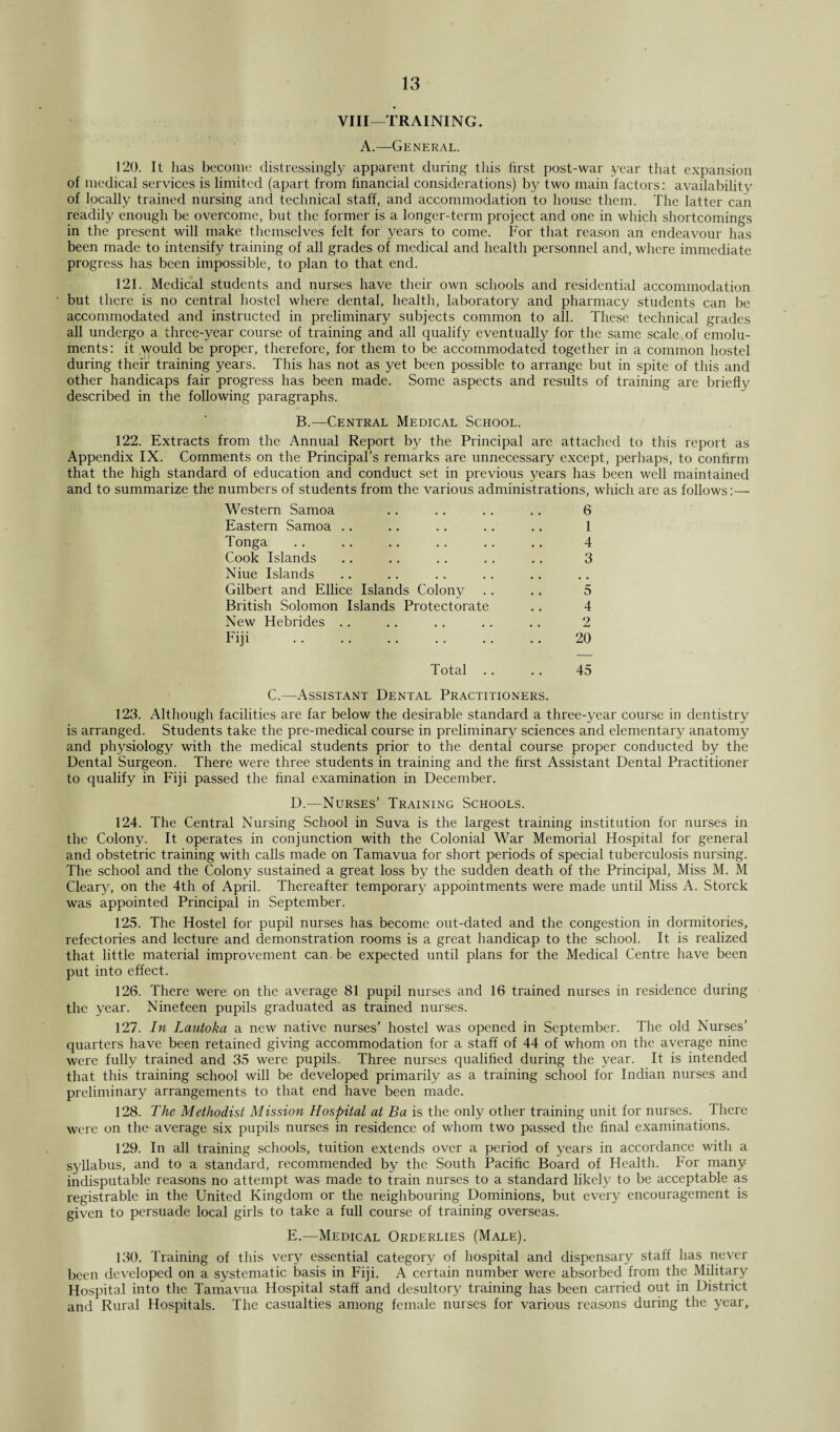 VIII—TRAINING. A.—General. 120. It has become distressingly apparent during this lirst post-war year that expansion of medical services is limited (apart from financial considerations) by two main factors: availability of locally trained nursing and technical staff, and accommodation to house them. The latter can readily enough be overcome, but the former is a longer-term project and one in which shortcomings in the present will make themselves felt for years to come. For that reason an endeavour has been made to intensify training of all grades of medical and health personnel and, where immediate progress has been impossible, to plan to that end. 121. Medical students and nurses have their own schools and residential accommodation but there is no central hostel where dental, health, laboratory and pharmacy students can be accommodated and instructed in preliminary subjects common to all. These technical grades all undergo a three-year course of training and all qualify eventually for the same scale of emolu¬ ments: it would be proper, therefore, for them to be accommodated together in a common hostel during their training years. This has not as yet been possible to arrange but in spite of this and other handicaps fair progress has been made. Some aspects and results of training are briefly described in the following paragraphs. B.—Central Medical School. 122. Extracts from the Annual Report by the Principal are attached to this report as Appendix IX. Comments on the Principal’s remarks are unnecessary except, perhaps, to confirm that the high standard of education and conduct set in previous years has been well maintained and to summarize the numbers of students from the various administrations, which are as follows:— Western Samoa Eastern Samoa Tonga Cook Islands Niue Islands Gilbert and Ellice Islands Colony British Solomon Islands Protectorate New Hebrides Fiji . 6 1 4 3 5 4 2 20 Total .. .. 45 C.—Assistant Dental Practitioners. 123. Although facilities are far below the desirable standard a three-year course in dentistry is arranged. Students take the pre-medical course in preliminary sciences and elementary anatomy and physiology with the medical students prior to the dental course proper conducted by the Dental Surgeon. There were three students in training and the first Assistant Dental Practitioner to qualify in Fiji passed the final examination in December. D. —Nurses’ Training Schools. 124. The Central Nursing School in Suva is the largest training institution for nurses in the Colony. It operates in conjunction with the Colonial War Memorial Hospital for general and obstetric training with calls made on Tamavua for short periods of special tuberculosis nursing. The school and the Colony sustained a great loss by the sudden death of the Principal, Miss M. M Cleary, on the 4th of April. Thereafter temporary appointments were made until Miss A. Storck was appointed Principal in September. 125. The Hostel for pupil nurses has become out-dated and the congestion in dormitories, refectories and lecture and demonstration rooms is a great handicap to the school. It is realized that little material improvement can.be expected until plans for the Medical Centre have been put into effect. 126. There were on the average 81 pupil nurses and 16 trained nurses in residence during the year. Nineteen pupils graduated as trained nurses. 127. In Lautoka a new native nurses’ hostel was opened in September. The old Nurses’ quarters have been retained giving accommodation for a staff of 44 of whom on the average nine were fully trained and 35 were pupils. Three nurses qualified during the year. It is intended that this training school will be developed primarily as a training school for Indian nurses and preliminary arrangements to that end have been made. 128. The Methodist Mission Hospital at Ba is the only other training unit for nurses. There were on the average six pupils nurses in residence of whom two passed the final examinations. 129. In all training schools, tuition extends over a period of years in accordance with a syllabus, and to a standard, recommended by the South Pacific Board of Health. For many indisputable reasons no attempt was made to train nurses to a standard likely to be acceptable as registrable in the United Kingdom or the neighbouring Dominions, but every encouragement is given to persuade local girls to take a full course of training overseas. E. —Medical Orderlies (Male). 130. Training of this very essential category of hospital and dispensary staff has never been developed on a systematic basis in Fiji. A certain number were absorbed from the Military Hospital into the Tamavua Hospital staff and desultory training has been carried out in District and Rural Hospitals. The casualties among female nurses for various reasons during the year,