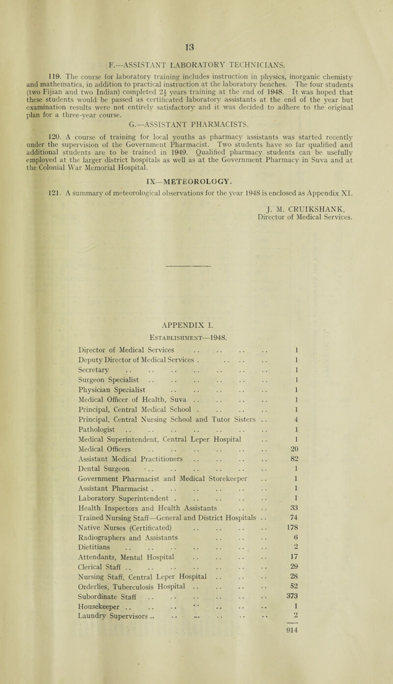 F.—ASSISTANT LABORATORY TECHNICIANS. 119. The course for laboratory training includes instruction in physics, inorganic chemisty and mathematics, in addition to practical instruction at the laboratory benches. The four students (two Fijian and two Indian) completed years training at the end of 1948. It was hoped that these students would be passed as certificated laboratory assistants at the end of the year but examination results were not entirely satisfactory and it was decided to adhere to the original plan for a three-year course. G.—ASSISTANT PHARMACISTS. 120. A course of training for local youths as pharmacy assistants was started recently under the supervision of the Government Pharmacist. Two students have so far qualified and additional students are to be trained in 1949. Qualified pharmacy students can be usefully employed at the larger district hospitals as well as at the Government Pharmacy in Suva and at the Colonial War Memorial Hospital. IX—METEOROLOGY. 121. A summary of meteorological observations for the year 1948 is enclosed as Appendix XL J. M. CRUIKSHANK, Director of Medical Services. APPENDIX I. Establishment—1948. Director of Medical Services .. .. .. .. 1 Deputy Director of Medical Services . .... . . 1 Secretary .. .. .. .. .. .. .. 1 Surgeon Specialist .. .. .. . . .. . . 1 Physician Specialist .. .. .. .. .. 1 Medical Officer of Health, Suva . . .. .. . . 1 Principal, Central Medical School . . . .. . . 1 Principal, Central Nursing School and Tutor Sisters . . 4 Pathologist .. .. .. .. .. .. . . 1 Medical Superintendent, Central Leper Hospital .. 1 Medical Officers .. .. .. .. .. . . 20 Assistant Medical Practitioners . . . . .. .. 82 Dental Surgeon .. .. .. .. .. .. 1 Government Pharmacist and Medical Storekeeper .. 1 Assistant Pharmacist . .. .. .. .. . • 1 Laboratory Superintendent . .. .. .. . . 1 Health Inspectors and Health Assistants .. .. 33 Trained Nursing Staff—General and District Hospitals .. 74 Native Nurses (Certificated) .. .. .. .. 178 Radiographers and Assistants . . .. .. 6 Dietitians .. .. . . . . .. .. .. 2 Attendants, Mental Hospital .. .. .. .. 17 Clerical Staff .. .. .. .. .. . • • • 29 Nursing Staff, Central Leper Hospital .. .. .. 28 Orderlies, Tuberculosis Hospital .. .. .. .. 52 Subordinate Staff .. • • • • • • • • • • 373 Housekeeper .. .. .. * * . • • • • • 1 Laundry Supervisors — • • ... • • • • • • 2 914
