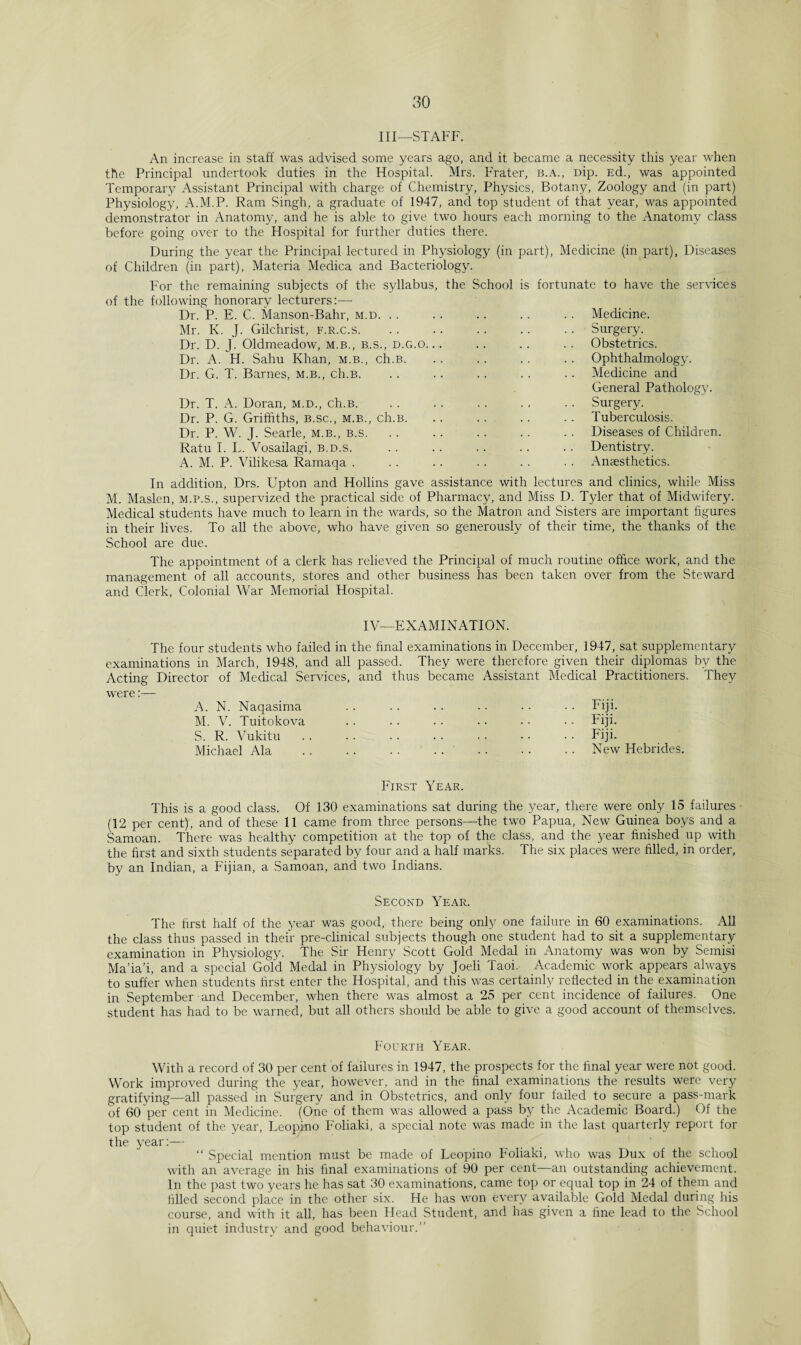 III—STAFF. An increase in staff was advised some years ago, and it became a necessity this year when the Principal undertook duties in the Hospital. Mrs. Frater, b.a., Dip. Ed., was appointed Temporary Assistant Principal with charge of Chemistry, Physics, Botany, Zoology and (in part) Physiology, A.M.P. Ram Singh, a graduate of 1947, and top student of that year, was appointed demonstrator in Anatomy, and he is able to give two hours each morning to the Anatomy class before going over to the Hospital for further duties there. During the year the Principal lectured in Physiology (in part), Medicine (in part), Diseases of Children (in part), Materia Meclica and Bacteriology. For the remaining subjects of the syllabus, the School is fortunate to have the services of the following honorary lecturers:— Dr. P. E. C. Manson-Bahr, m.d. .. .. .. .. .. Medicine. Mr. K. J. Gilchrist, f.r.c.s. .. .. .. .. .. Surgery. Dr. D. J. Oldmeadow, m.b., b.s., d.g.o. .. .. .. .. Obstetrics. Dr. A. H. Sahu Khan, m.b., ch.B. .. .. .. .. Ophthalmology. Dr. G. T. Barnes, m.b., ch.B. .. .. .. . . .. Medicine and General Pathology. Dr. T. A. Doran, m.d., ch.B.Surgery. Dr. P. G. Griffiths, b.sc., m.b., ch.B. .. .. .. .. Tuberculosis. Dr. P. W. J. Searle, m.b., b.s. .. .. .. .. .. Diseases of Children. Ratu I. L. Vosailagi, b.d.s. .Dentistry. A. M. P. Vilikesa Rarnaqa.Anaesthetics. In addition, Drs. Upton and Hollins gave assistance with lectures and clinics, while Miss M. Maslen, m.p.s., supervized the practical side of Pharmacy, and Miss D. Tyler that of Midwifery. Medical students have much to learn in the wards, so the Matron and Sisters are important figures in their lives. To all the above, who have given so generously of their time, the thanks of the School are due. The appointment of a clerk has relieved the Principal of much routine office work, and the management of all accounts, stores and other business has been taken over from the Steward and Clerk, Colonial War Memorial Hospital. IV—EXAMINATION. The four students who failed in the final examinations in December, 1947, sat supplementary examinations in March, 1948, and all passed. They were therefore given their diplomas by the Acting Director of Medical Services, and thus became Assistant Medical Practitioners. They were:— A. N. Naqasima M. V. Tuitokova S. R. Vukitu Michael Ala Fiji. Fiji. Fiji. New Hebrides. First Year. This is a good class. Of 130 examinations sat during the year, there were only 15 failures (12 per cent), and of these 11 came from three persons—the two Papua, New Guinea boys and a Samoan. There was healthy competition at the top of the class, and the year finished up with the first and sixth students separated by four and a half marks. The six places were filled, in order, by an Indian, a Fijian, a Samoan, and two Indians. Second Y'ear. The first half of the year was good, there being only one failure in 60 examinations. All the class thus passed in their pre-clinical subjects though one student had to sit a supplementary examination in Physiology. The Sir Henry Scott Gold Medal in Anatomy was won by Semisi Ma’ia’i, and a special Gold Medal in Physiology by Joeli Taoi, Academic work appears always to suffer when students first enter the Hospital, and this was certainly reflected in the examination in September and December, when there was almost a 25 per cent incidence of failures. One student has had to be warned, but all others should be able to give a good account of themselves. Fourth Year. With a record of 30 per cent of failures in 1947, the prospects for the final year were not good. Work improved during the year, however, and in the final examinations the results were very gratifying—all passed in Surgery and in Obstetrics, and only four failed to secure a pass-mark of 60 per cent in Medicine. (One of them was allowed a pass by the Academic Board.) Of the top student of the year, Leopino Foliaki, a special note was made in the last quarterly report for the year:— _ ' “ Special mention must be made of Leopino Foliaki, who was Dux of the school with an average in his final examinations of 90 per cent—an outstanding achievement. In the past two years he has sat 30 examinations, came top or equal top in 24 of them and filled second place in the other six. He has won every available Gold Medal during his course, and with it all, has been Head Student, and has given a fine lead to the School in quiet industry and good behaviour.'’