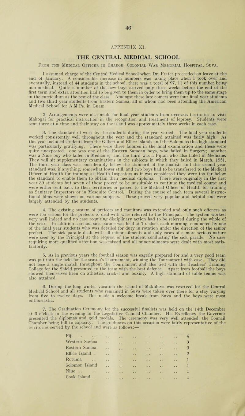 APPENDIX XI. THE CENTRAL MEDICAL SCHOOL From the Medical Officer in Charge, Colonial War Memorial Hospital, Suva. I assumed charge of the Central Medical School when Dr. Frater proceeded on leave at the end of January. A considerable increase in numbers was taking place when I took over and eventually, instead of 44 students in the school, there was a total of 97, 11 of this number being non-medical. Quite a number of the new boys arrived only three weeks before the end of the first term and extra attention had to be given to them in order to bring them up to the same stage in the curriculum as the rest of the class. Amongst these late comers were four final year students and two third year students from Eastern Samoa, all of whom had been attending the American Medical School for A.M.Ps. in Guam. 2. Arrangements were also made for final year students from overseas territories to visit Makogai for practical instruction in the recognition and treatment of leprosy. Students were sent three at a time and their stay on the island was approximately three weeks in each case. 3. The standard of work by the students during the year varied. The final year students worked consistently well throughout the year and the standard attained was fairly high. As this year included students from the Gilbert and Ellice Islands and the Solomons this high standard was particularly gratifying. There were three failures in the final examination and these were quite unexpected; one was one of the Eastern Samoan boys, who failed in Surgery; another was a Niue boy who failed in Medicine; and the third was a Fijian who also failed in Medicine. They will sit supplementary examinations in the subjects in which they failed in March, 1951. The third year class was considerably below the standard of the finalists and the second year standard was, if anything, somewhat lower still, and two boys had to be transferred to the Medical Officer of Health for training as Health Inspectors as it was considered they were too far below the standard to enable them to obtain their medical diploma. There were originally in the first year 39 students but seven of these proved to be unsuitable to continue the medical course and were either sent back to their territories or passed to the Medical Officer of Health for training as Sanitary Inspectors or in Mosquito Control. During the course of each term several instruc¬ tional films were shown on various subjects. These proved very popular and helpful and were largely attended by the students. 4. The existing system of prefects and monitors was extended and only such offences as were too serious for the prefects to deal with were referred to the Principal. The system worked very well indeed and no case requiring disciplinary action had to be referred during the whole of the year. In addition a school sick parade was held at 7 o’clock each morning, conducted by one of the final year students who was detailed for duty in rotation under the direction of the senior prefect. The sick parade dealt with all minor ailments and only cases of a more serious nature were seen by the Principal at the request of the student conducting the sick parade. No case requiring more qualified attention was missed and all minor ailments were dealt with most satis¬ factorily. 5. As in previous years the football season was eagerly prepared for and a very good team was put into the field for the season’s Tournament, winning the Tournament with ease. They did not lose a single match throughout the Tournament and also tied with the Teachers’ Training College for the Shield presented to the team with the best defence. Apart from football the boys showed themselves keen on athletics, cricket and boxing. A high standard of table tennis was also attained. 6. During the long winter vacation the island of Makuluva was reserved for the Central Medical School and all students who remained in Suva were taken over there for a stay varying from five to twelve days. This made a welcome break from Suva and the boys were most enthusiastic. 7. The Graduation Ceremony for the successful finalists was held on the 14th December at 6 o’clock in the evening in the Legislative Council Chamber. His Excellency the Governor presented the diplomas and gold medals. The ceremony was very well attended, the Council Chamber being full to capacity. The graduates on this occasion were fairly representative of the territories served by the school and were as follows:— Fiji Western Samoa Eastern Samoa Ellice Island . Rotuma Solomon Island Niue Cook Island .. 4 3 3 2 1 1 1 1