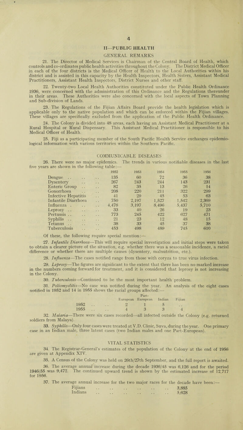 II—PUBLIC HEALTH GENERAL REMARKS 21. The Director of Medical Services is Chairman of the Central Board of Health, which controls and co-ordinates public health activities throughout the Colony. The District Medical Officer in each of the four districts is the Medical Officer of Health to the Local Authorities within his district and is assisted in this capacity by the Health Inspectors, Health Sisters, Assistant Medical Practitioners, Assistant Health Inspectors, District Nurses and other staff. 22. Twenty-two Local Health Authorities constituted under the Public Health Ordinance 1936, were concerned with the administration of this Ordinance and the Regulations thereunder in their areas. These Authorities were also concerned with the local aspects of Town Planning and Sub-division of Lands. 23. The Regulations of the Fijian Affairs Board provide the health legislation which is applicable only to the native population and which can be enforced within the Fijian villages. These villages are specifically excluded from the application of the Public Health Ordinance. 24. The Colony is divided into 48 areas, each having an Assistant Medical Practitioner at a Rural Hospital or Rural Dispensary. This Assistant Medical Practitioner is responsible to his Medical Officer of Health. 25. Fiji as a participating member of the South Pacific Health Service exchanges epidemio¬ logical information with various territories within the Southern Pacific. COMMUNICABLE DISEASES 26. There were no major epidemics. The trends in various notifiable diseases in the last five years are shown in the following table:— 1952 1953 1954 1955 1956 Dengue 135 60 72 36 38 Dysentery 267 243 244 143 231 Enteric Group .. 82 35 13 26 14 Gonorrhoea 208 220 211 322 299 Infective Hepatitis 41 29 45 53 63 Infantile Diarrhoea 750 2,197 1,527 1,542 2,369 Influenza . 4,478 3,197 8,496 5,437 5,710 Leprosy 33 40 26 19 23 Pertussis 773 245 422 627 471 Syphilis 21 23 12 48 15 Tetanus 38 33 45 37 38 Tuberculosis 453 498 489 745 610 Of these, the following require special mention:— 27. Infantile Diarrhoea—This will require special investigation and initial steps were taken to obtain a clearer picture of the situation, e.g. whether there was a seasonable incidence, a racial difference or whether there are multiple causes (dysentery, malnutrition, etc.). 28. Influenza—The cases notified range from those with coryza to true virus infection. 29. Leprosy—The figures are significant to the extent that there has been no marked increase in the numbers coming forward for treatment, and it is considered that leprosy is not increasing in the Colony. 30. Tuberculosis—Continued to be the most important health problem. 31. Poliomyelitis—No case was notified during the year. An analysis of the eight cases notified in 1952 and 14 in 1955 shows the racial groups affected:— Part- European European Indian Fijian 1952 .... 2 1 5 1955 .... 4 3 3 4 32. Malaria—There were six cases recorded—all infected outside the Colony (e.g. returned soldiers from Malaya). 33. Syphilis—-Only four cases were treated at V.D. Clinic, Suva, during the year. One primary case in an Indian male, three latent cases (two Indian males and one Part-European). VITAL STATISTICS 34. The Registrar-General’s estimates of the population of the Colony at the end of 1956 are given at Appendix XIV. 35. A Census of the Colony was held on 26th/27th September, and the full report is awaited. 36. The average annual increase during the decade 1936/45 was 6,126 and for the period 1946/55 was 9,472. The continued upward trend is shown by the estimated increase of 12,717 for 1956. 37. The average annual increase for the two major races for the decade have been:— Fijians . 3,885 Indians . 5,628