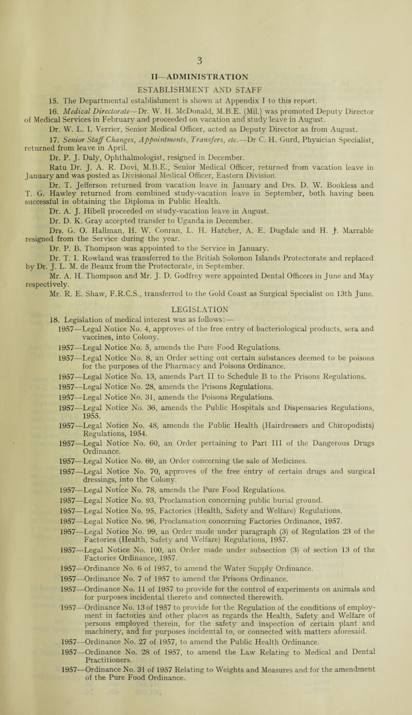 II—ADMINISTRATION ESTABLISHMENT AND STAFF 15. The Departmental establishment is shown at Appendix I to this report. 16. Medical Directorate—Dr. W. H. McDonald, M.B.E. (Mil.) was promoted Deputy Director of Medical Services in February and proceeded on vacation and study leave in August. Dr. W. L. I. Verrier, Senior Medical Officer, acted as Deputy Director as from August. 17. Senior Staff Changes, Appointments, Transfers, etc— Dr C. H. Gurd, Physician Specialist, returned from leave in April. Dr. P. J. Daly, Ophthalmologist, resigned in December. Ratu Dr. J. A. R. Dovi, M.B.E., Senior Medical Officer, returned from vacation leave in January and was posted as Divisional Medical Officer, Eastern Division. Dr. T. Jefferson returned from vacation leave in January and Drs. D. W. Bookless and T. G. Hawley returned from combined study-vacation leave in September, both having been successful in obtaining the Diploma in Public Health. Dr. A. J. Hibell proceeded on study-vacation leave in August. Dr. D. K. Gray accepted transfer to Uganda in December. Drs. G. O. Hallman, H. W. Conran, L. H. Hatcher, A. E. Dugdale and H. J. Marrable resigned from the Service during the year. Dr. P. B. Thompson was appointed to the Service in January. Dr. T. I. Rowland was transferred to the British Solomon Islands Protectorate and replaced by Dr. J. L. M. de Beaux from the Protectorate, in September. Mr. A. H. Thompson and Mr. J. D. Godfrey were appointed Dental Officers in June and May respectively. Mr. R. E. Shaw, F.R.C.S., transferred to the Gold Coast as Surgical Specialist on 13th June. LEGISLATION 18. Legislation of medical interest was as follows:— 1957—Legal Notice No. 4, approves of the free entry of bacteriological products, sera and vaccines, into Colony. 1957—Legal Notice No. 5, amends the Pure Food Regulations. 1957—Legal Notice No. 8, an Order setting out certain substances deemed to be poisons for the purposes of the Pharmacy and Poisons Ordinance. 1957—Legal Notice No. 13, amends Part II to Schedule B to the Prisons Regulations. 1957—Legal Notice No. 28, amends the Prisons Regulations. 1957—Legal Notice No. 31, amends the Poisons Regulations. 1957—Legal Notice No. 36, amends the Public Hospitals and Dispensaries Regulations, 1955. 1957—Legal Notice No. 48, amends the Public Health (Hairdressers and Chiropodists) Regulations, 1954. 1957—Legal Notice No. 60, an Order pertaining to Part III of the Dangerous Drugs Ordinance. 1957—Legal Notice No. 69, an Order concerning the sale of Medicines. 1957—Legal Notice No. 70, approves of the free entry of certain drugs and surgical dressings, into the Colony. 1957—Legal Notice No. 78, amends the Pure Food Regulations. 1957—Legal Notice No. 93, Proclamation concerning public burial ground. 1957—Legal Notice No. 95, Factories (Health, Safety and Welfare) Regulations. 1957—Legal Notice No. 96, Proclamation concerning Factories Ordinance, 1957. 1957—Legal Notice No. 99, an Order made under paragraph (3) of Regulation 23 of the Factories (Health, Safety and Welfare) Regulations, 1957. 1957—Legal Notice No. 100, an Order made under subsection (3) of section 13 of the Factories Ordinance, 1957. 1957—Ordinance No. 6 of 1957, to amend the Water Supply Ordinance. 1957—Ordinance No. 7 of 1957 to amend the Prisons Ordinance. 1957—Ordinance No. 11 of 1957 to provide for the control of experiments on animals and for purposes incidental thereto and connected therewith. 1957—Ordinance No. 13 of 1957 to provide for the Regulation of the conditions of employ¬ ment in factories and other places as regards the Health, Safety and Welfare of persons employed therein, for the safety and inspection of certain plant and machinery, and for purposes incidental to, or connected with matters aforesaid. 1957—Ordinance No. 27 of 1957, to amend the Public Health Ordinance. 1957—Ordinance No. 28 of 1957, to amend the Law Relating to Medical and Dental Practitioners. 1957—Ordinance No. 31 of 1957 Relating to Weights and Measures and for the amendment of the Pure Food Ordinance.