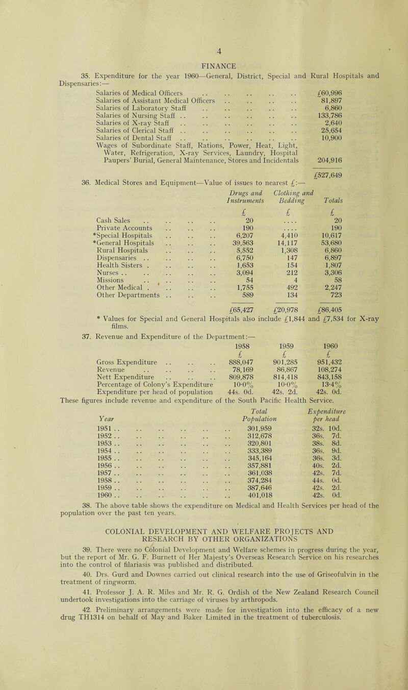 FINANCE 35. Expenditure for the year 1960—General, District, Special and Rural Hospitals and Dispensaries:— Salaries of Medical Officers .. .. .. .. .. £60,996 Salaries of Assistant Medical Officers .. .. .. .. 81,897 Salaries of Laboratory Staff . . .. .. . . .. 6,860 Salaries of Nursing Staff .. .. .. .. .. .. 133,786 Salaries of X-ray Staff .. . . . . .. . . .. 2,640 Salaries of Clerical Staff .. .. .. .. .. .. 25,654 Salaries of Dental Staff .. .. .. .. .. .. 10,900 Wages of Subordinate Staff, Rations, Power, Heat, Light, Water, Refrigeration, X-ray Services, Laundry, Hospital Paupers’ Burial, General Maintenance, Stores and Incidentals 204,916 36. Medical Stores and Equipment- -Value of issues to nearest £:—- £527,649 Cash Sales Drugs and Instruments £ 20 Clothing and Bedding £ Totals £ 20 Private Accounts 190 • • • • 190 *Special Hospitals 6,207 4,410 10,617 * General Hospitals 39,563 14,117 53,680 Rural Hospitals 5,552 1,308 6,860 Dispensaries .. 6,750 147 6,897 Health Sisters . 1,653 154 1,807 Nurses .. 3,094 212 3,306 Missions 54 4 58 Other Medical . 1,755 492 2,247 Other Departments .. 589 134 723 £65,427 £20,978 £86,405 * Values for Special and General Hospitals also include £1,844 and £7,534 for X-ray films. 37. Revenue and Expenditure of the Department:— 1958 1959 1960 £ £ £ Gross Expenditure 888,047 901,285 951,432 Revenue 78,169 86,867 108,274 Nett Expenditure 809,878 814,418 843,158 Percentage of Colony’s Expenditure 10-0% 10-0% 13-4% Expenditure per head of population 44s. Od. 42s. 2d. 42s. Od. These figures include revenue and expenditure of the South Pacific Health Service. Year 1951 . 1952 . 1953 . 1954 . 1955 . 1956 . 1957 . 1958 . 1959 . 1960 . 38. The above table shows the expenditure population over the past ten years. Total Population 301,959 312,678 320,801 333,389 345,164 357,881 361,038 374,284 387,646 401,018 on Medical and Health Expenditure per head 32s. lOd. 36s. 7d. 38s. 8d. 36s. 9d. 36s. 3d. 40s. 2d. 42s. 7d. 44s. Od. 42s. 2d. 42s. Od. Services per head of the COLONIAL DEVELOPMENT AND WELFARE PROJECTS AND RESEARCH BY OTHER ORGANIZATIONS 39. There were no Colonial Development and Welfare schemes in progress during the year, but the report of Mr. G. F. Burnett of Her Majesty’s Overseas Research Service on his researches into the control of filariasis was published and distributed. 40. Drs. Gurd and Downes carried out clinical research into the use of Griseofulvin in the treatment of ringworm. 41. Professor J. A. R. Miles and Mr. R. G. Ordish of the New Zealand Research Council undertook investigations into the carriage of viruses by arthropods. 42. Preliminary arrangements were made for investigation into the efficacy of a new drug TH1314 on behalf of May and Baker Limited in the treatment of tuberculosis.