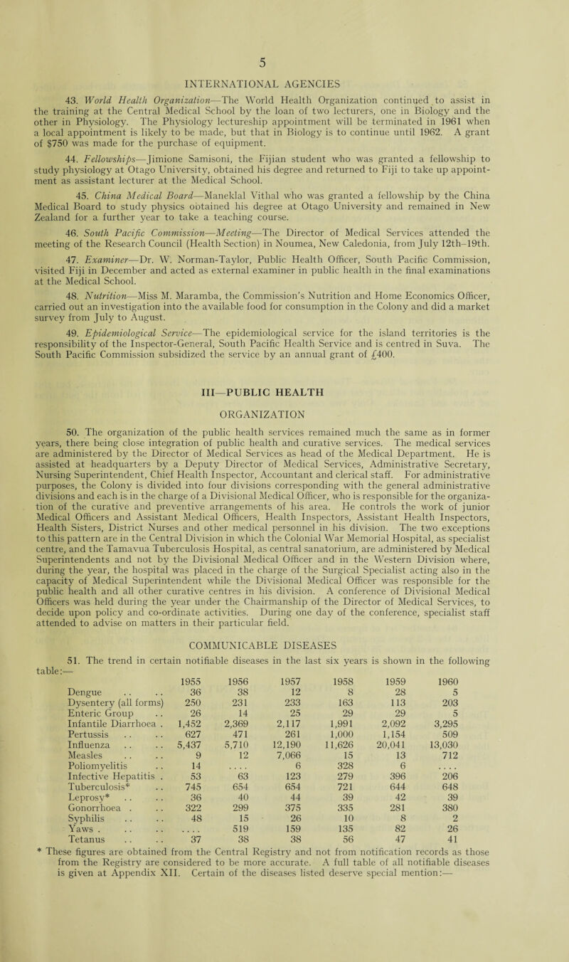 INTERNATIONAL AGENCIES 43. World Health Organization—The World Health Organization continued to assist in the training at the Central Medical School by the loan of two lecturers, one in Biology and the other in Physiology. The Physiology lectureship appointment will be terminated in 1961 when a local appointment is likely to be made, but that in Biology is to continue until 1962. A grant of $750 was made for the purchase of equipment. 44. Fellowships—Jimione Samisoni, the Fijian student who was granted a fellowship to study physiology at Otago University, obtained his degree and returned to Fiji to take up appoint¬ ment as assistant lecturer at the Medical School. 45. China Medical Board—Maneklal Vithal who was granted a fellowship by the China Medical Board to study physics obtained his degree at Otago University and remained in New Zealand for a further year to take a teaching course. 46. South Pacific Commission—Meeting—The Director of Medical Services attended the meeting of the Research Council (Health Section) in Noumea, New Caledonia, from July 12th-19th. 47. Examiner—Dr. W. Norman-Taylor, Public Health Officer, South Pacific Commission, visited Fiji in December and acted as external examiner in public health in the final examinations at the Medical School. 48. Nutrition—Miss M. Maramba, the Commission’s Nutrition and Home Economics Officer, carried out an investigation into the available food for consumption in the Colony and did a market survey from July to August. 49. Epidemiological Service—The epidemiological service for the island territories is the responsibility of the Inspector-General, South Pacific Health Service and is centred in Suva. The South Pacific Commission subsidized the service by an annual grant of £400. Ill—PUBLIC HEALTH ORGANIZATION 50. The organization of the public health services remained much the same as in former years, there being close integration of public health and curative services. The medical services are administered by the Director of Medical Services as head of the Medical Department. He is assisted at headquarters by a Deputy Director of Medical Services, Administrative Secretary, Nursing Superintendent, Chief Health Inspector, Accountant and clerical staff. For administrative purposes, the Colony is divided into four divisions corresponding with the general administrative divisions and each is in the charge of a Divisional Medical Officer, who is responsible for the organiza¬ tion of the curative and preventive arrangements of his area. He controls the work of junior Medical Officers and Assistant Medical Officers, Health Inspectors, Assistant Health Inspectors, Health Sisters, District Nurses and other medical personnel in his division. The two exceptions to this pattern are in the Central Division in which the Colonial War Memorial Hospital, as specialist centre, and the Tamavua Tuberculosis Hospital, as central sanatorium, are administered by Medical Superintendents and not by the Divisional Medical Officer and in the Western Division where, during the year, the hospital was placed in the charge of the Surgical Specialist acting also in the capacity of Medical Superintendent while the Divisional Medical Officer was responsible for the public health and all other curative centres in his division. A conference of Divisional Medical Officers was held during the year under the Chairmanship of the Director of Medical Services, to decide upon policy and co-ordinate activities. During one day of the conference, specialist staff attended to advise on matters in their particular field. COMMUNICABLE DISEASES 51. The trend in certain notifiable diseases in the last six years is shown in the following table:— 1955 1956 36 38 250 231 Dengue Dysentery (all forms) Enteric Group Infantile Diarrhoea . Pertussis Influenza Measles Poliomyelitis Infective Hepatitis . Tuberculosis* Leprosy* Gonorrhoea . Syphilis Yaws . Tetanus 26 14 1,452 2,369 627 471 5,437 5,710 9 12 14 .... 53 63 745 654 36 40 322 299 48 15 .... 519 37 38 1957 1958 12 8 233 163 25 29 2,117 1,991 261 1,000 12,190 11,626 7,066 15 6 328 123 279 654 721 44 39 375 335 26 10 159 135 38 56 1959 1960 28 5 113 203 29 5 2,092 3,295 1,154 509 20,041 13,030 13 712 6 .... 396 206 644 648 42 39 281 380 8 2 82 26 47 41 * These figures are obtained from the Central Registry and not from notification records as those from the Registry are considered to be more accurate. A full table of all notifiable diseases