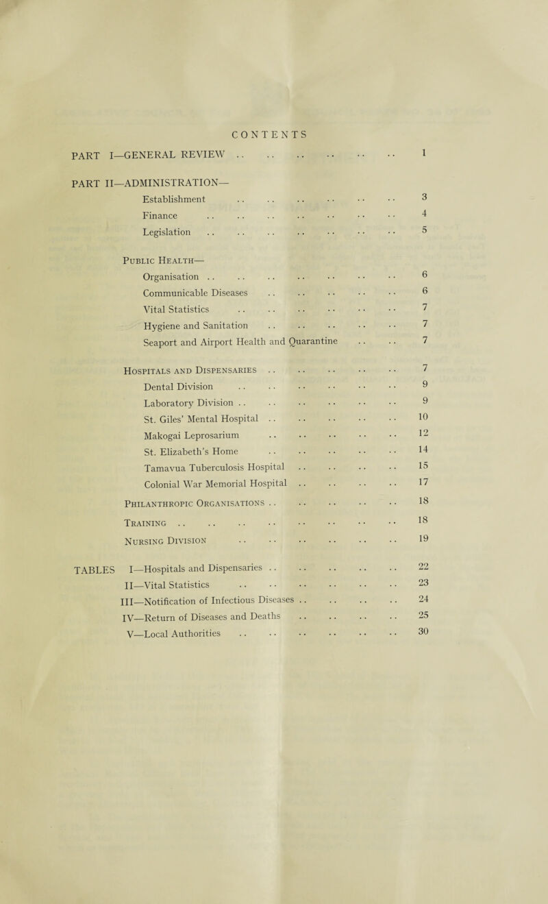 CONTENTS PART I—GENERAL REVIEW. 1 PART II—ADMINISTRATION— Establishment .. .. .. • • • • • • 3 Finance .. .. .. .. • • • • • • 4 Legislation . . .. .. .. • • • • • • 5 Public Health— Organisation .. .. .. .. • • • • • • 6 Communicable Diseases .. .. • • • • • • 3 Vital Statistics .. .. • • • • • • • • 7 Hygiene and Sanitation .. .. . • • • • • 7 Seaport and Airport Health and Quarantine .. .. 7 Hospitals and Dispensaries. 7 Dental Division . . .. • • • • • • • • 9 Laboratory Division .. . . .. • • • • • • 9 St. Giles’ Mental Hospital .. .. . • • • • • 10 Makogai Leprosarium .. .. • • •• •• 12 St. Elizabeth’s Home .. • • •• •• •• 14 Tamavua Tuberculosis Hospital .. .. .. .. 15 Colonial War Memorial Hospital .. .. .. .. 17 Philanthropic Organisations .. .. .. • • • • 13 Training .. .. .. •• •• •• •• •• 1® Nursing Division .. • • • • .. .. • • 19 TABLES I—Hospitals and Dispensaries. 22 II—Vital Statistics .. • • • • • • • • • • 23 HI—Notification of Infectious Diseases. 24 IV—Return of Diseases and Deaths .. .. .. .. 25 V—Local Authorities .. • • • • • • • • • • 30