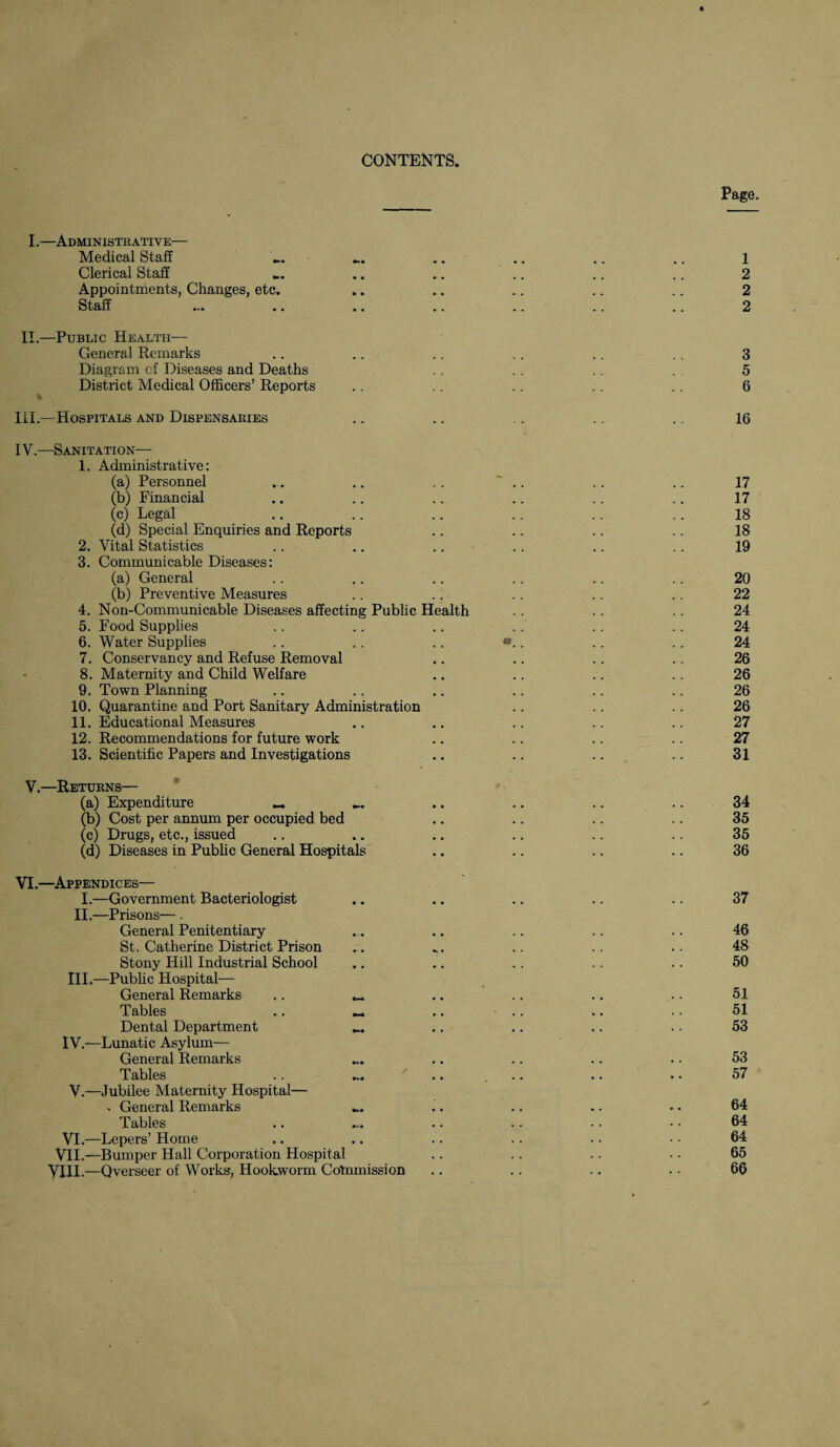 I.—Administrative— Medical Staff Clerical Staff Appointments, Changes, etc. Staff II.—Public Health— General Remarks Diagram cf Diseases and Deaths District Medical Officers’ Reports III.—Hospitals and Dispensaries IV.—Sanitation— 1. Administrative: (a) Personnel (b) Financial (c) Legal (d) Special Enquiries and Reports Vital Statistics Communicable Diseases: (a) General (b) Preventive Measures Non-Communicable Diseases affecting Public Health Food Supplies Water Supplies Conservancy and Refuse Removal Maternity and Child Welfare Town Planning Quarantine and Port Sanitary Administration Educational Measures Recommendations for future work Scientific Papers and Investigations 2. 3. 4. 5. 6. 7. 8. 9. 10. 11. 12. 13. V.—Returns— (a) Expenditure (b) Cost per annum per occupied bed (c) Drugs, etc., issued (d) Diseases in Public General Hospitals VI.—Appendices— I.—Government Bacteriologist II.—Prisons— . General Penitentiary St. Catherine District Prison Stony Hill Industrial School III,—Public Hospital— General Remarks .. — Tables .. _ Dental Department IV.-—Lunatic Asylum— General Remarks Tables V.—Jubilee Maternity Hospital— . General Remarks Tables VI.—Lepers’ Home VlL—Bumper Hall Corporation Hospital yin. —Qverseer of Works, Hookworm Commission