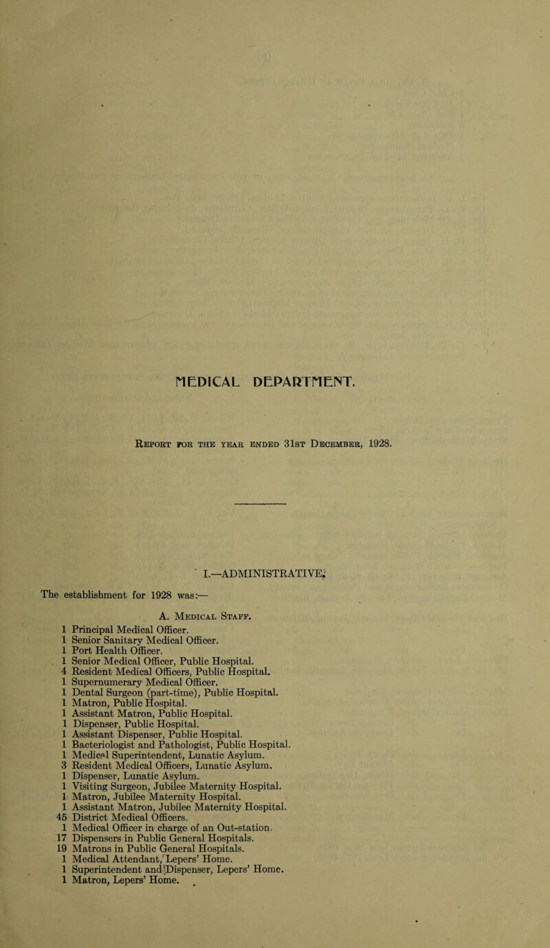 MEDICAL DEPARTMENT. Report for the year ended 31st December, 1928. ‘ I.—ADMINISTRATIVE; The establishment for 1928 was:— A. Medical Staff. 1 Principal Medical Officer. 1 Senior Sanitary Medical Officer. 1 Port Health Officer. 1 Senior Medical Officer, Public Hospital. 4 Resident Medical Officers, Public Hospital. 1 Supernumerary Medical Officer. 1 Dental Surgeon (part-time), Public Hospital. 1 Matron, Public Hospital. 1 Assistant Matron, Public Hospital. 1 Dispenser, Public Hospital. 1 Assistant Dispenser, Public Hospital. 1 Bacteriologist and Pathologist, Public Hospital. 1 Medical Superintendent, Lunatic Asylum. 3 Resident Medical Officers, Lunatic Asylum. 1 Dispenser, Lunatic Asylum. 1 Visiting Surgeon, Jubilee Maternity Hospital. 1 Matron, Jubilee Maternity Hospital. 1 Assistant Matron, Jubilee Maternity Hospital. 45 District Medical Officers. 1 Medical Officer in charge of an Out-station. 17 Dispensers in Public General Hospitals. 19 Matrons in Public General Hospitals. 1 Medical Attendant, Lepers’ Home. 1 Superintendent and'Dispenser, Lepers’ Home.