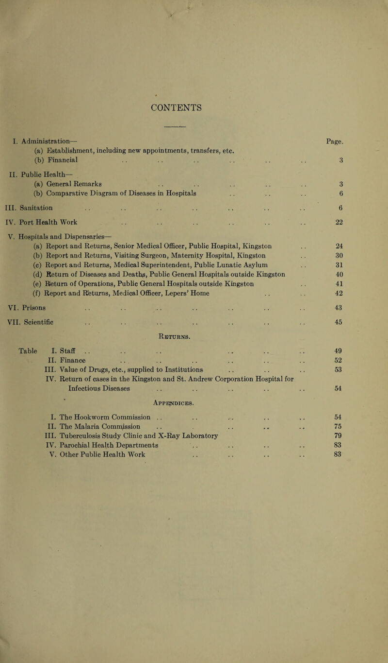 > CONTENTS I. Administration— Page. (a) Establishment, including new appointments, transfers, etc. (b) Financial . . .. . . .. .. .. 3 II. Public Health— (a) General Remarks .. .. .. .. . . 3 (b) Comparative Diagram of Diseases in Hospitals .. .. .. 6 III. Sanitation . . .. . . . . .. . . . . 6 IV. Port Health Work .. .. .. .. .. .. 22 V. Hospitals and Dispensaries— (a) Report and Returns, Senior Medical Officer, Public Hospital, Kingston . . 24 (b) Report and Returns, Visiting Surgeon, Maternity Hospital, Kingston . . 30 (c) Report and Returns, Medical Superintendent, Public Lunatic Asylum 31 (d) Return of Diseases and Deathg, Public General Hospitals outside Kingston 40 (e) Return of Operations, Public General Hospitals outside Kingston .. 41 (f) Report and Returns, Medical Officer, Lepers’ Home .. 42 VI. Prisons .. .. .. .. .. .. .. 43 VII. Scientific .. .. .. .. .. .. .. 45 Returns. Table I. Staff .. .. .. .. .. .. 49 II. Finance .. .. .. .. .. .. 52 III. Value of Drugs, etc., supplied to Institutions .. .. .. 53 IV. Return of cases in the Kingston and St. Andrew Corporation Hospital for Infectious Diseases .. .. .. .. .. 54 Appendices. I. The Hookworm Commission .. .. . . .. .. 54 II. The Malaria Commission .. .. .. .. 75 III. Tuberculosis Study Clinic and X-Ray Laboratory 79 IV. Parochial Health Departments .. .. .. .. 83 V. Other Public Health Work .. .. .. .. 83