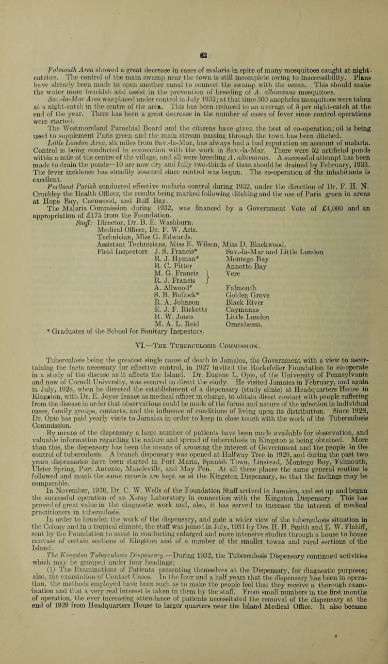 Falmouth Area showed a great decrease in cases of malaria in spite of many mosquitoes caught at night* catches. The control of the main swamp near the town is still incomplete owing to inaccessibility. Plans have already been made to open another canal to connect the swamp with the ocean. This should make the water more brackish and assist in the prevention of breeding of A. albimanus mosquitoes. Sai .-la-Mar Area was placed under control in J uly 1932; at that time 300 anopheles mosquitoes were taken at a night-catch in the centre of the area. This has been reduced to an average of 3 per night-catch at the end of the year. There has been a great decrease in the number of cases of fever since control operations were started. The Westmoreland Parochial Board and the citizens have given the best of co-operation; oil is being used to supplement Paris green and the main stream passing through the town has been ditched. Little London Area, six miles from Sav.-la-Mar, has always had a bad reputation on account of malaria. Control is being conducted in connection with the work in Sav.-la-Mar. There were 52 artificial ponds within a mile of the centre of the village, and all were breeding A. albimanus. A successful attempt has been made to drain the ponds—10 are now dry and fully two-thirds of them should be drained by February, 1933. The fever incidence has steadily lessened since control was begun. The co-operation of the inhabitants is excellent. Portland Parish conducted effective malaria control during 1932, under the direction of Dr. F. H. N. Cruchley the Health Officer, the results being marked following ditching and the use of Paris green in areas at Hope Bay, Caenwood, and Buff Bay. The Malaria Commission during 1932, was financed by a Government Vote of £4,000 and an appropriation of £175 from the Foundation. Staff: Director, Dr. B. E. Washburn. Medical Officer, Dr. F. W. Aris. Technician, Miss G. Edwards. Assistant Technicians, Miss E. Wilson, Miss D. Blackwood. Field Inspectors J. S. Francis* R. J. Hyman* R. C. Pitter M. G. Francis R. J. Francis A. All wood* S. B. Bullock* R. A. Johnson E. J. F. Ricketts H. W. Jones M. A. L. Reid * Graduates of the School for Sanitary Inspectors. Sav.-la-Mar and Little London Montego Bay Annotto Bay Vere Falmouth Golden Grove Black River Caymanas Little London Oracabessa. VI.—The Tuberculosis Commission. Tuberculosis being the greatest single cause of death in Jamaica, the Government with a view to ascer¬ taining the facts necessary for effective control, in 1927 invited the Rockefeller Foundation to co-operate in a study of the disease as it affects the Island. Dr. Eugene L. Opie, of the University of Pennsylvania and now of Cornell University, was secured to direct the study. He visited Jamaica in February, and again in July, 1928, when he directed the establishment of a dispensary (study clinic) at Headquarters House in Kingston, with Dr. E. Joyce Isaacs as medical officer in charge, to obtain direct contact with people suffering from the disease in order that observations could be made of the forms and nature of the infection in individual cases, family groups, contacts, and the influence of conditions of living upon its distribution. Since 1928, Dr. Opie has paid yearly visits to Jamaica in order to keep in close touch with the work of the Tuberculosis Commission. By means of the dispensary a large number of patients have been made available for observation, and valuable information regarding the nature and spread of tuberculosis in Kingston is being obtained. More than this, the dispensary has been the means of arousing the interest of Government and the people in the control of tuberculosis. A branch dispensary was opened at Halfway Tree in 1929, and during the past two years dispensaries have been started in Port Maria, Spanish Town, Linstead, Montego Bay, Falmouth, Ulster Spring, Port Antonio, Mandeville, and May Pen. At all these places the same general routine is followed and much the same records are kept as at the Kingston Dispensary, so that the findings may be comparable. In November, 1930, Dr. C. W. Wells of the Foundation Staff arrived in Jamaica, and setup and began the successful operation of an X-ray Laboratory in connection with the Kingston Dispensary. This has proved of great value in the diagnostic work and, also, it has served to increase the interest of medical practitioners in tuberculosis. In order to broaden the work of the dispensary, and gain a wider view of the tuberculosis situation in the Colony and in a tropical climate, the staff was joined in July, 1931 by Drs. H. IL. Smith and E. W. Flahiff, sent by the Foundation to assist in conducting enlarged and more intensive studies through a house to house canvass of certain sections of Kingston and of a number of the smaller towns and rural sections of the Island. The Kingston Tuberculosis Dispensary.—During 1932, the Tuberculosis Dispensary continued activities which may be grouped under four headings: (1) The Examinations of Patients presenting themselves at the Dispensary, for diagnostic purposes; also, the examintion of Contact Cases. In the four and a half years that the dispensary has been in opera¬ tion, the methods employed have been such as to make the people feel that they receive a thorough exam¬ ination and that a very real interest is taken in them by the staff. From small numbers in the first months of operation, the ever increasing attendance of patients necessitated the removal of the dispensary at the end of 1929 from Headquarters House to larger quarters near the Island Medical Office. It also bceame