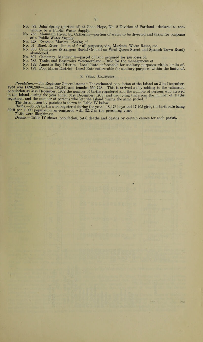 No. 83. John Spring (portion of) at Good Hope, No. 2 Division of Portland—declared to con¬ tribute to a Public Water Supply. No. 785. Mountain River, St. Catherine—portion of water to be diverted and taken for purposes of a Public Water Supply. No. 428. Ewarton Market—closing of. No. 61. Black River—limits of for all purposes, viz., Markets, Water Rates, etc. No. 330. Cemeteries (Strangers Burial Ground on West Queen Street and Spanish Town Road) abandoned. No. 697. Cemetery, Mandeville—parcel of land acquired for purposes of. No. 583. Tanks and Reservoirs Westmoreland—Rule for the management of. No. 122. Annotto Bay District—Local Rate enforceable for sanitary purposes within limits of. No. 123. Port Maria District—-Local Rate enforceable for sanitary purposes within the limits of. 2. Vital Statistics. Poyulation.—The Registrar General states “The estimated population of the Island on 31st December, 1933 was 1,090,269—-males 530,541 and females 559,728. This is arrived at by adding to the estimated population at 31st December, 1932 the number of births registered and the number of persons who arrived in the Island during the year ended 31st December, 1933, and deducting therefrom the number of deaths registered and the number of persons who left the Island during the same period.” The distribution by parishes is shewn in Table IV below. Births.—35,668 births were registered during the year—-18,173 boys and 17,495 girls, the birth rate being 32.9 per 1,000 population as compared with 32.2 in the preceding year. 71.64 were illegitimate. Deaths.—Table IV shews population, total deaths and deaths by certain causes for each parish. 0
