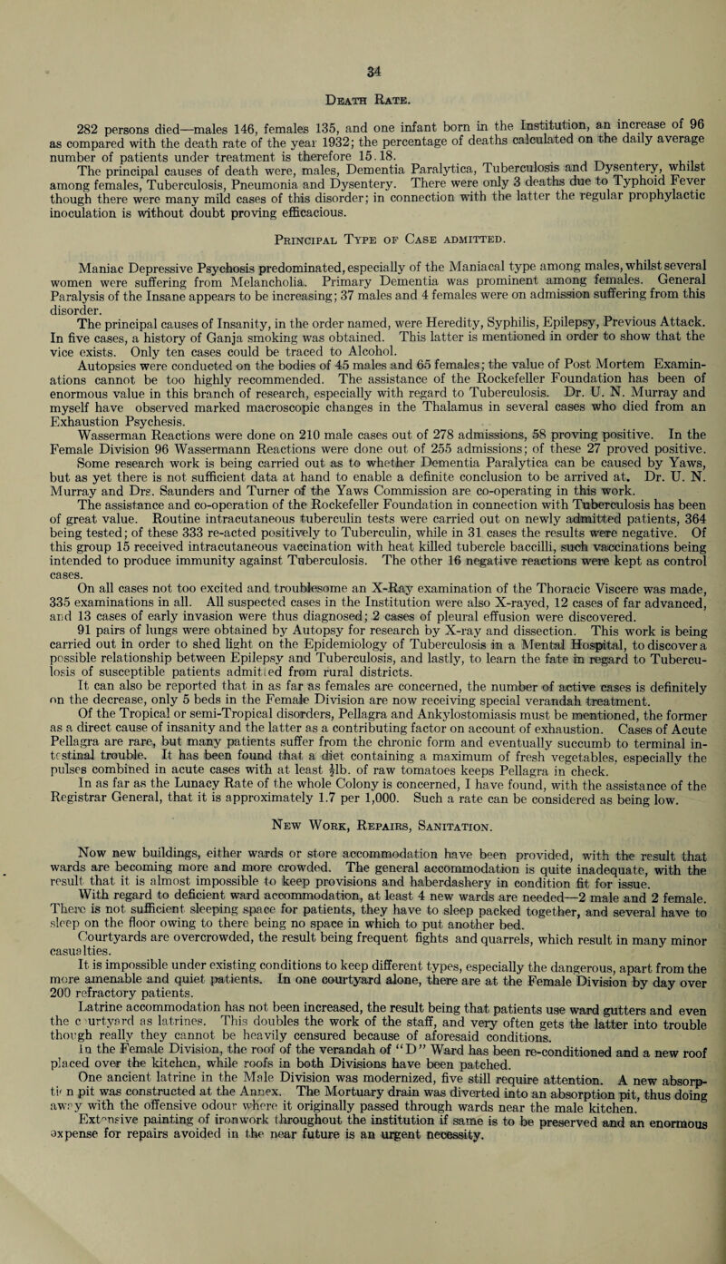 Death Rate. 282 persons died—males 146, females 135, and one infant born in the Institution, an increase of 96 as compared with the death rate of the year 1932; the percentage of deaths calculated on the daily average number of patients under treatment is therefore 15.18. The principal causes of death were, males, Dementia Paralytica, Tuberculosis and Dysentery, whilst among females, Tuberculosis, Pneumonia and Dysentery. There were only 3 deaths due to Typhoid Fever though there were many mild cases of this disorder; in connection with the latter the regular prophylactic inoculation is without doubt proving efficacious. Principal Type of Case admitted. Maniac Depressive Psychosis predominated, especially of the Maniacal type among males, whilst several women were suffering from Melancholia. Primary Dementia was prominent among females. General Paralysis of the Insane appears to be increasing; 37 males and 4 females were on admission suffering from this disorder. The principal causes of Insanity, in the order named, were Heredity, Syphilis, Epilepsy, Previous Attack. In five cases, a history of Ganja smoking was obtained. This latter is mentioned in order to show that the vice exists. Only ten cases could be traced to Alcohol. Autopsies were conducted on the bodies of 45 males and 65 females; the value of Post Mortem Examin¬ ations cannot be too highly recommended. The assistance of the Rockefeller Foundation has been of enormous value in this branch of research, especially with regard to Tuberculosis. Dr. U. N. Murray and myself have observed marked macroscopic changes in the Thalamus in several cases who died from an Exhaustion Psychesis. Wasserman Reactions were done on 210 male cases out of 278 admissions, 58 proving positive. In the Female Division 96 Wassermann Reactions were done out of 255 admissions; of these 27 proved positive. Some research work is being carried out as to whether Dementia Paralytica can be caused by Yaws, but as yet there is not sufficient data at hand to enable a definite conclusion to be arrived at. Dr. U. N. Murray and Drs. Saunders and Turner of the Yaws Commission are co-operating in this work. The assistance and co-operation of the Rockefeller Foundation in connection with Tuberculosis has been of great value. Routine intracutaneous tuberculin tests were carried out on newly admitted patients, 364 being tested; of these 333 re-acted positively to Tuberculin, while in 31 cases the results were negative. Of this group 15 received intracutaneous vaccination with heat killed tubercle baccilli, such vaccinations being intended to produce immunity against Tuberculosis. The other 16 negative reactions were kept as control cases. On all cases not too excited and troublesome an X-Ray examination of the Thoracic Viscere was made, 335 examinations in all. All suspected cases in the Institution were also X-rayed, 12 cases of far advanced, and 13 cases of early invasion were thus diagnosed; 2 cases of pleural effusion were discovered. 91 pairs of lungs were obtained by Autopsy for research by X-ray and dissection. This work is being carried out in order to shed light on the Epidemiology of Tuberculosis in a Mental Hospital, to discover a possible relationship between Epilepsy and Tuberculosis, and lastly, to learn the fate in regard to Tubercu¬ losis of susceptible patients admit led from rural districts. It can also be reported that in as far as females are concerned, the number of active cases is definitely on the decrease, only 5 beds in the Female Division are now receiving special verandah treatment. Of the Tropical or semi-Tropical disorders, Pellagra and Ankylostomiasis must be mentioned, the former as a direct cause of insanity and the latter as a contributing factor on account of exhaustion. Cases of Acute Pellagra are rare, but many patients suffer from the chronic form and eventually succumb to terminal in¬ testinal. trouble. It has been found that a diet containing a maximum of fresh vegetables, especially the pulses combined in acute cases with at least £lb. of raw tomatoes keeps Pellagra in check. In as far as the Lunacy Rate of the whole Colony is concerned, I have found, with the assistance of the Registrar General, that it is approximately 1.7 per 1,000. Such a rate can be considered as being low. New Work, Repairs, Sanitation. Now new buildings, either wards or store accommodation have been provided, with the result that wards are becoming more and more crowded. The general accommodation is quite inadequate, with the result that it is almost impossible to keep provisions and haberdashery in condition fit for issue. With regard to deficient ward accommodation, at least 4 new wards are needed—2 male and 2 female. There is not sufficient sleeping space for patients, they have to sleep packed together, and several have to sleep on the floor owing to there being no space in which to put another bed. Courtyards are overcrowded, the result being frequent fights and quarrels, which result in many minor casualties. It is impossible under existing conditions to keep different types, especially the dangerous, apart from the more amenable and quiet patients. In one courtyard alone, there are at the Female Division by day over 200 refractory patients. Latrine accommodation has not been increased, the result being that patients use ward gutters and even the courtyard as latrines. This doubles the work of the staff, and very often gets the latter into trouble though really they cannot be heavily censured because of aforesaid conditions. in the Female Division, the roof of the verandah of “D” Ward has been re-conditioned and a new roof placed over the kitchen, while roofs in both Divisions have been patched. One ancient latrine in the Male Division was modernized, five still require attention. A new absorp- tu n pit was constructed at the Annex. The Mortuary drain was diverted into an absorption pit, thus doing away with the offensive odour where it originally passed through wards near the male kitchen.’ Extensive painting of ironwork throughout the institution if same is to be preserved and an enormous expense for repairs avoided in the near future is an urgent necessity.
