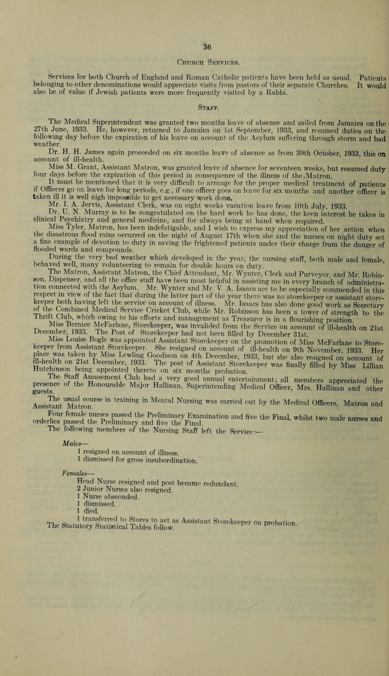 Church Services. Services for both Church of England and Roman Catholic patients have been held as usual. Patients belonging to other denominations would appreciate visits from pastors of their separate Churches. It would also be of value if Jewish patients were more frequently visited by a Rabbi. Staff. The Medical Superintendent was granted two months leave of absence and sailed from Jamaica on the 27th June, 1933. He, however, returned to Jamaica on 1st September, 1933, and resumed duties on the following day before the expiration of his leave on account of the Asylum suffering through storm and bad weather. Dr. H. H. James again proceeded on six months leave of absence as from 30th October, 1933, this on account of ill-health. Miss M. Grant, Assistant Matron, was granted leave of absence for seventeen weeks, but resumed duty four days before the expiration of this period in consequence of the illness of the .Matron. It must be mentioned that it is very difficult to arrange for the proper medical treatment of patients if Officers go on leave for long periods, e.g., if one officer goes on leave for six months and another officer is taken ill it is well nigh impossible to get necessary iyork done. Mr. I. A. Jervis, Assistant Clerk, was on eight weeks vacation leave from 10th July, 1933. Dr. U. N. Murray is to be congratulated on the hard work he has done, the keen interest he takes in clinical Psychiatry and general medicine, and for always being at hand when required. Miss Tyler, Matron, has been indefatigable, and I wish to express my appreciation of her action when the disastrous flood rains occurred on the night of August 17th when she and the nurses on night duty set a fine example of devotion to duty in saving the frightened patients under their charge from the danger of flooded wards and compounds. During the very bad weather which developed in the year, the nursing staff, both male and female, behaved well, many volunteering to remain for double hours on duty. The Matron, Assistant Matron, the Chief Attendant, Mr. Wynter, Clerk and Purveyor, and Mr. Robin¬ son, Dispensei. and all the office staff have been most helpful in assisting me in every branch of administra¬ tion connected with the Asylum. Mr. Wynter and Mr. V. A. Isaacs are to be especially commended in this respect m view of the fact that during the latter part of the year there was no storekeeper or assistant store- keeper both having left the service on account of illness. Mr. Isaacs has also done good work as Secretary 21 22 1 .?rii! Jin t0 ,^ et lca Service Cricket Club, while Air. Robinson has been a tower of strength to the thrift Club, which owing to his efforts and management as Treasurer is in a flourishing position Miss Bernice McFarlane, Storekeeper, was invalided from the Service on account of ill-health on 21st December, 1933. The Post of Storekeeper had not been filled by December 31st. Miss Louise Bogle was appointed Assistant Storekeeper on the promotion of Aliss McFarlane to Store¬ keeper from Assistant Storekeeper. She resigned on account of ill-health on 9th November 1933 Her G°”dison on r4tAh December, 1933, but she also resigned on account of dl-health on 21st December 1933. The post of Assistant Storekeeper was finally filled by Miss Lillian Hutchinson being appointed thereto on six months probation. The Staff Amusement Club had a very good annual entertainment; all members appreciated the guests06 °f th° Honourab e MaJ°r Hallman, Superintending Medical Officer, Mrs. Hallinan and other AssisIahntUMatronUrSe“ tmining in Mental NursinS was carried out by the Medical Officers, Matron and Four female nurses passed the Preliminary Examination and five the Final, whilst two male nurses and orderlies passed the Preliminary and five the Final. nurses ana The following members of the Nursing Staff left the Servicer- Moles— 1 resigned on account of illness. 1 dismissed for gross insubordination. Females— Head Nurse resigned and post became redundant. 2 Junior Nurses also resigned. 1 Nurse absconded. 1 dismissed. 1 died. The AsSiSt“‘ S,0rekeePer on