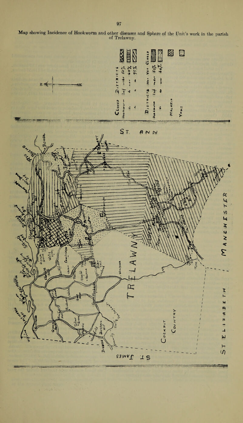 Map showing Incidence of Hookworm and other diseases and Sphere of the Unit’s work in the parish of Trelawny. —--‘i/at; <5! Vo K >4 V- * »■> l o i 4C o • >> * O 1 81 sSi o * 2: l ? > 3 ^>T ZLi-zabcth ' WkncHZSTCK