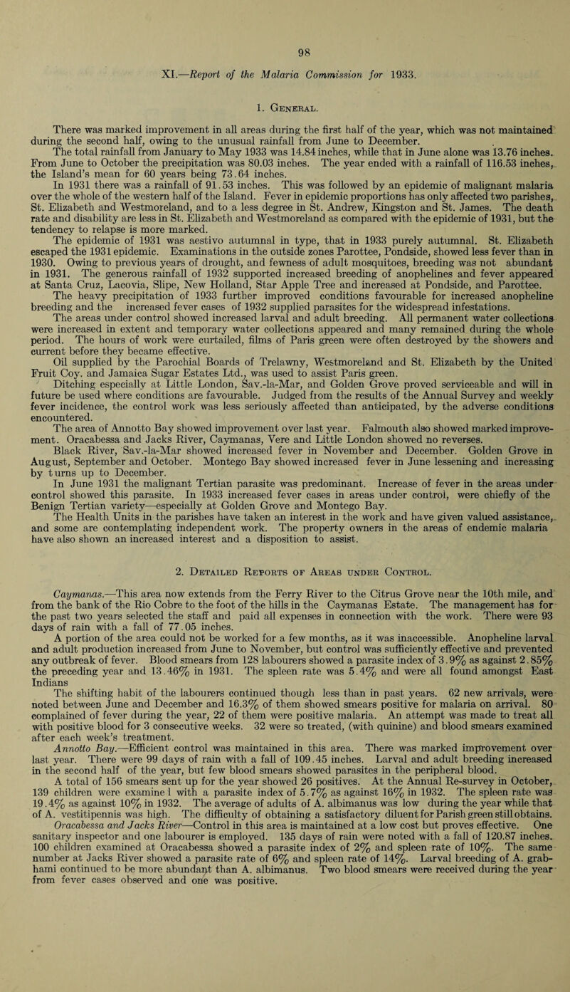 XI.—Report of the Malaria Commission for 1933. 1. General. There was marked improvement in all areas during the first half of the year, which was not maintained during the second half, owing to the unusual rainfall from June to December. The total rainfall from January to May 1933 was 14.84 inches, while that in June alone was 13.76 inches. From June to October the precipitation was 80.03 inches. The year ended with a rainfall of 116.53 inches, the Island’s mean for 60 years being 73.64 inches. In 1931 there was a rainfall of 91.53 inches. This was followed by an epidemic of malignant malaria over the whole of the western half of the Island. Fever in epidemic proportions has only affected two parishes, St. Elizabeth and Westmoreland, and to a less degree in St. Andrew, Kingston and St. James. The death rate and disability are less in St. Elizabeth and Westmoreland as compared with the epidemic of 1931, but the tendency to relapse is more marked. The epidemic of 1931 was aestivo autumnal in type, that in 1933 purely autumnal. St. Elizabeth escaped the 1931 epidemic. Examinations in the outside zones Parottee, Pondside, showed less fever than in 1930. Owing to previous years of drought, and fewness of adult mosquitoes, breeding was not abundant in 1931. The generous rainfall of 1932 supported increased breeding of anophelines and fever appeared at Santa Cruz, Lacovia, Slipe, New Holland, Star Apple Tree and increased at Pondside, and Parottee. The heavy precipitation of 1933 further improved conditions favourable for increased anopheline breeding and the increased fever cases of 1932 supplied parasites for the widespread infestations. The areas under control showed increased larval and adult breeding. All permanent water collections were increased in extent and temporary water collections appeared and many remained during the whole period. The hours of work were curtailed, films of Paris green were often destroyed by the showers and current before they became effective. Oil supplied by the Parochial Boards of Trelawny, Westmoreland and St. Elizabeth by the United Fruit Coy. and Jamaica Sugar Estates Ltd., was used to assist Paris green. Ditching especially at Little London, Sav.-la-Mar, and Golden Grove proved serviceable and will in future be used where conditions are favourable. Judged from the results of the Annual Survey and weekly fever incidence, the control work was less seriously affected than anticipated, by the adverse conditions encountered. The area of Annotto Bay showed improvement over last year. Falmouth also showed marked improve¬ ment. Oracabessa and Jacks River, Caymanas, Vere and Little London showed no reverses. Black River, Sav.-la-Mar showed increased fever in November and December. Golden Grove in August, September and October. Montego Bay showed increased fever in June lessening and increasing by turns up to December. In June 1931 the malignant Tertian parasite was predominant. Increase of fever in the areas under control showed this parasite. In 1933 increased fever cases in areas under control, were chiefly of the Benign Tertian variety—especially at Golden Grove and Montego Bay. The Health Units in the parishes have taken an interest in the work and have given valued assistance, and some are contemplating independent work. The property owners in the areas of endemic malaria have also shown an increased interest and a disposition to assist. 2. Detailed Reforts of Areas under Control. Caymanas.—This area now extends from the Ferry River to the Citrus Grove near the 10th mile, and from the bank of the Rio Cobre to the foot of the hills in the Caymanas Estate. The management has for the past two years selected the staff and paid all expenses in connection with the work. There were 93 days of rain with a fall of 77.05 inches. A portion of the area could not be worked for a few months, as it was inaccessible. Anopheline larval and adult production increased from June to November, but control was sufficiently effective and prevented any outbreak of fever. Blood smears from 128 labourers showed a parasite index of 3.9% as against 2.85% the preceding year and 13.46% in 1931. The spleen rate was 5.4% and were all found amongst East Indians The shifting habit of the labourers continued though less than in past years. 62 new arrivals, were noted between June and December and 16.3% of them showed smears positive for malaria on arrival. 80 complained of fever during the year, 22 of them were positive malaria. An attempt was made to treat all with positive blood for 3 consecutive weeks. 32 were so treated, (with quinine) and blood smears examined after each week’s treatment. Annotto Ray.—Efficient control was maintained in this area. There was marked improvement over last year. There were 99 days of rain with a fall of 109.45 inches. Larval and adult breeding increased in the second half of the year, but few blood smears showed parasites in the peripheral blood. A total of 156 smears sent up for the year showed 26 positives. At the Annual Re-survey in October, 139 children were examine 1 with a parasite index of 5.7% as against 16% in 1932. The spleen rate was 19.4% as against 10% in 1932. The average of adults of A. albimanus was low during the year while that of A. vestitipennis was high. The difficulty of obtaining a satisfactory diluent for Parish green still obtains. Oracabessa and Jacks River—Control in this area is maintained at a low cost but proves effective. One sanitary inspector and one labourer is employed. 135 days of rain were noted with a fall of 120.87 inches. 100 children examined at Oracabessa showed a parasite index of 2% and spleen rate of 10%. The same number at Jacks River showed a parasite rate of 6% and spleen rate of 14%. Larval breeding of A. grab- hami continued to be more abundant than A. albimanus. Two blood smears were received during the year from fever cases observed and one was positive.