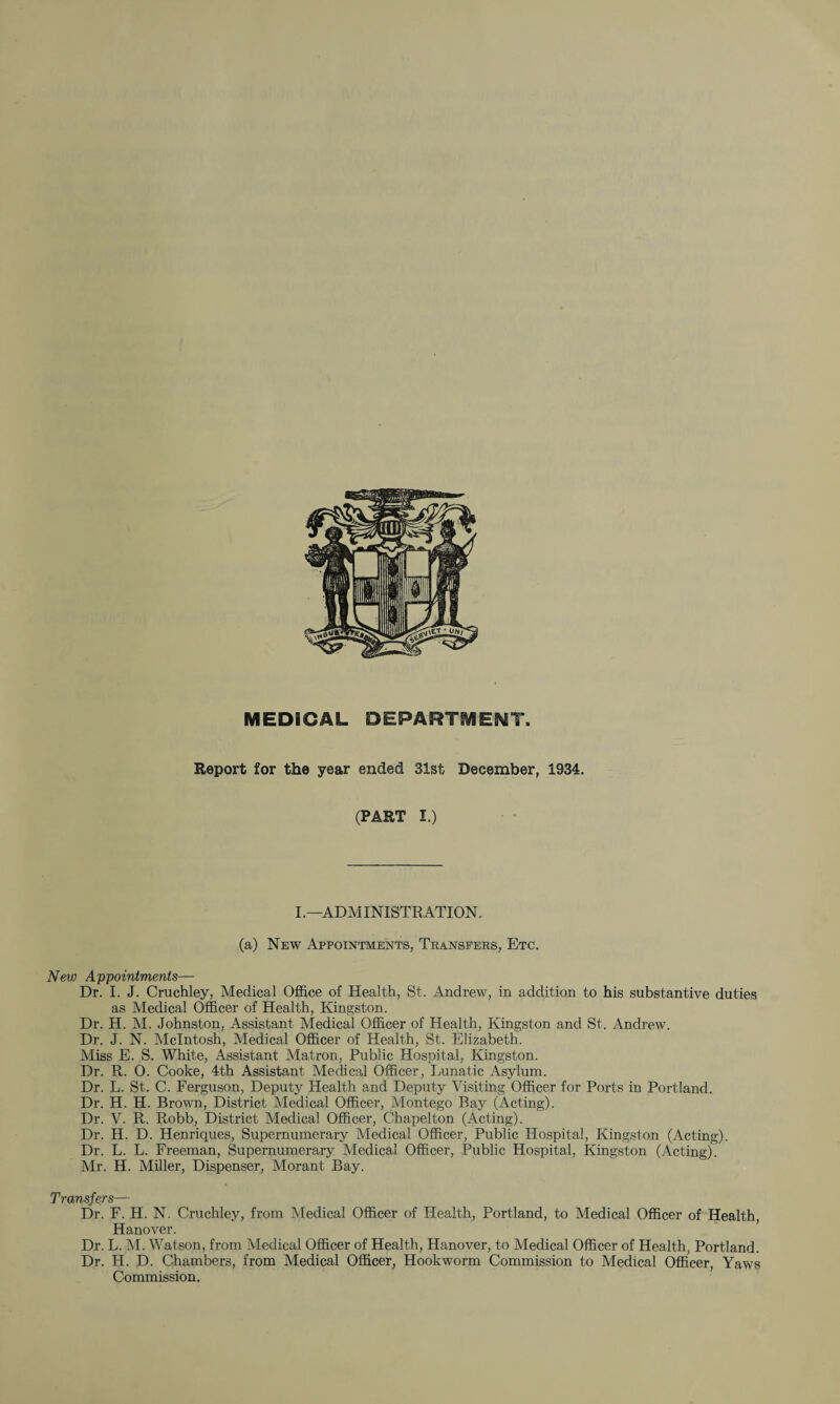 MEDICAL DEPARTMENT, Report for the year ended 31st December, 1934. (PART I.) I.—ADMINISTRATION. (a) New Appointments, Transfers, Etc. New Appointments— Dr. I. J. Cruchley, Medical Office of Health, St. Andrew, in addition to his substantive duties as Medical Officer of Health, Kingston. Dr. H. M. Johnston, Assistant Medical Officer of Health, Kingston and St. Andrew. Dr. J. N. McIntosh, Medical Officer of Health, St. Elizabeth. Miss E. S. White, Assistant Matron, Public Hospital, Kingston. Dr. R. O. Cooke, 4th Assistant Medical Officer, Lunatic Asylum. Dr. L. St. C. Ferguson, Deputy Health and Deputy Visiting Officer for Ports in Portland. Dr. H. H. Brown, District Medical Officer, Montego Bay (Acting). Dr. V. R. Robb, District Medical Officer, Chapelton (Acting). Dr. H. D. Henriques, Supernumerary Medical Officer, Public Hospital, Kingston (Acting). Dr. L. L. Freeman, Supernumerary Medical Officer, Public Hospital, Kingston (Acting). Mr. H. Miller, Dispenser, Morant Bay. Transfers— Dr. F. H. N. Cruchley, from Medical Officer of Health, Portland, to Medical Officer of Health, Hanover. Dr. L. M. Watson, from Medical Officer of Health, Hanover, to Medical Officer of Health, Portland. Dr. H. D. Chambers, from Medical Officer, Hookworm Commission to Medical Officer, Yaws Commission.