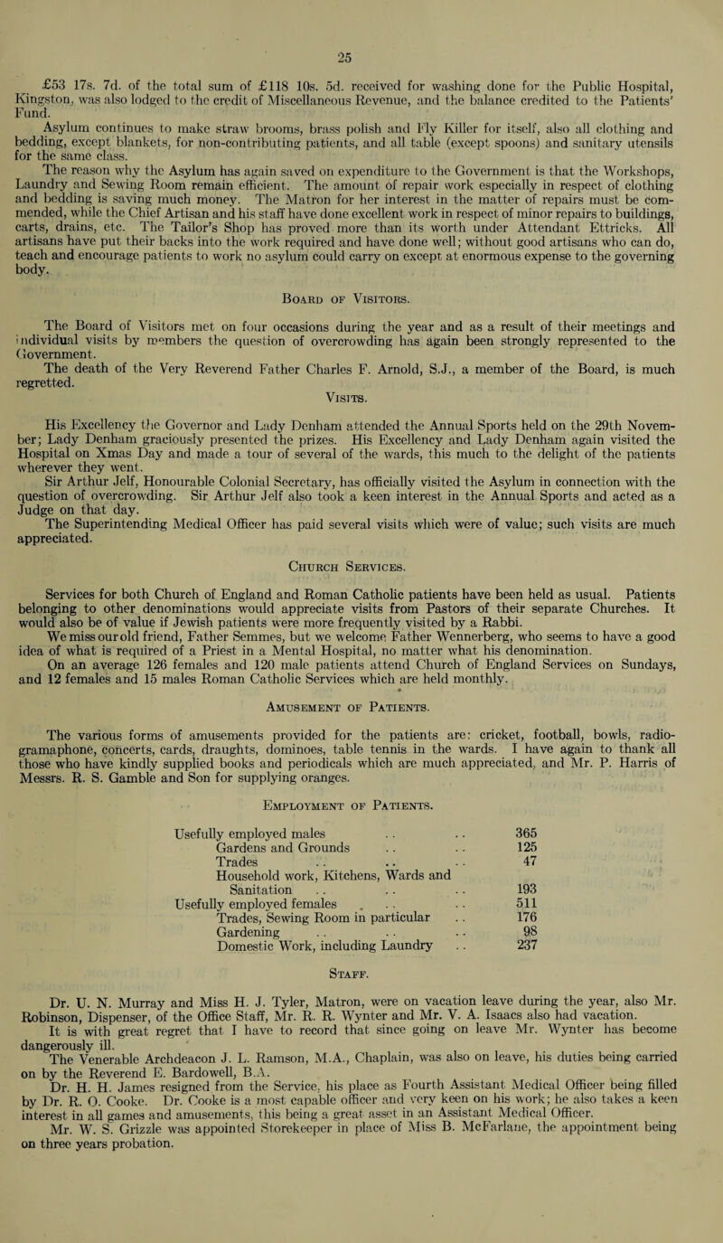 £53 17s. 7d. of the total sum of £118 10s. 5d. received for washing done for the Public Hospital, Kingston, was also lodged to the credit of Miscellaneous Revenue, and the balance credited to the Patients' Fund. Asylum continues to make straw brooms, brass polish and Fly Killer for itself, also all clothing and bedding, except blankets, for non-contributing patients, and all table (except spoons) and sanitary utensils for the same class. The reason why the Asylum has again saved on expenditure to t he Government is that the Workshops, Laundry and Sewing Room remain efficient. The amount of repair work especially in respect of clothing and bedding is saving much money. The Matron for her interest in the matter of repairs must be com¬ mended, while the Chief Artisan and his staff have done excellent work in respect of minor repairs to buildings, carts, drains, etc. The Tailor’s Shop has proved more than its worth under Attendant Ettricks. All artisans have put their backs into the work required and have done well; without good artisans who can do, teach and encourage patients to work no asylum could carry on except- at enormous expense to the governing body. Board of Visitors. The Board of Visitors met on four occasions during the year and as a result of their meetings and individual visits by members the question of overcrowding has again been strongly represented to the Government. The death of the Very Reverend Father Charles F. Arnold, S.J., a member of the Board, is much regretted. Visits. His Excellency the Governor and Lady Denham attended the Annual Sports held on the 29th Novem¬ ber; Lady Denham graciously presented the prizes. His Excellency and Lady Denham again visited the Hospital on Xmas Day and made a tour of several of the wards, this much to the delight of the patients wherever they went. Sir Arthur Jelf, Honourable Colonial Secretary, has officially visited the Asylum in connection with the question of overcrowding. Sir Arthur Jelf also took a keen interest in the Annual Sports and acted as a Judge on that day. The Superintending Medical Officer has paid several visits which were of value; such visits are much appreciated. Church Services. Services for both Church of England and Roman Catholic patients have been held as usual. Patients belonging to other denominations would appreciate visits from Pastors of their separate Churches. It would also be of value if Jewish patients were more frequently visited by a Rabbi. We miss our old friend, Fat her Semmes, but we welcome Father Wennerberg, who seems to have a good idea of what is required of a Priest in a Mental Hospital, no matter what his denomination. On an average 126 females and 120 male patients attend Church of England Services on Sundays, and 12 females and 15 males Roman Catholic Services which are held monthly. » • * t > • ' rjjt Amusement of Patients. The various forms of amusements provided for the patients are: cricket, football, bowls, radio- gramaphone, concerts, cards, draughts, dominoes, table tennis in the wards. I have again to thank all those who have kindly supplied books and periodicals which are much appreciated., and Mr. P. Harris of Messrs. R. S. Gamble and Son for supplying oranges. Employment of Patients. Usefully employed males .. .. 365 Gardens and Grounds . . .. 125 Trades .. .. • ■ 47 Household work, Kitchens, Wards and Sanitation .. .. .. 193 Usefully employed females ... .. 511 Trades, Sewing Room in particular .. 176 Gardening .. .. 98 Domestic Work, including Laundry .. 237 Staff. Dr. U. N. Murray and Miss H. J. Tyler, Matron, were on vacation leave during the year, also Mr. Robinson, Dispenser, of the Office Staff, Mr. R. R. Wynter and Mr. V. A. Isaacs also had vacation. It is with great regret that I have to record that since going on leave Mr. Wynter has become dangerously ill. The Venerable Archdeacon J. L. Ramson, M.A., Chaplain, was also on leave, his duties being carried on by the Reverend E. Bardowell, B.A. Dr. H. H. James resigned from the Service, his place as Fourth Assistant Medical Officer being filled by Dr. R. O. Cooke. Dr. Cooke is a most capable officer and very keen on his work; he also takes a keen interest in all games and amusements, this being a great asset in an Assistant Medical Officer. Mr. W. S. Grizzle was appointed Storekeeper in place of Miss B. McFarlane, the appointment being on three years probation.