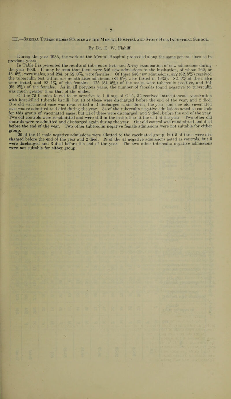 III.—Special Tuberculosis Studies at the Mental Hospital and Stony Hill Industrial School. By Dr. E. W. Flahiff. During the year 1936, the work at the Mental Hospital proceeded along the same general lines as in previous years. In Table I is presented the results of tuberculin tests and X-ray examination of new admissions during the year 1936. It may be seen that there were 546 new admissions to the institution, of whom 262, or 43.0%, were males, and 284, or 52. 0%, were females. Of these 546 r ew admissions, 452 (82.8%) received the tuberculin test within one month after admission (84.9% were tested in 1935). 82.4% of the males were tested, and 83.1% of the females. 175 (81.0%) of the males were tuberculin positive, and 161 (68.2%) of the females. As in all previous years, the number of females found negative to tuberculin was much greater than that of the males. Of the 75 females found to be negative to 1.0 mg. of O.T., 32 received intracutaneous vacch ation with heat-killed tubercle bacilli, but 13 of these wmre discharged before the end of the year, and 2 died. 0 e old vaccinated case was re-ad.rutted and discharged again during the year, and one old vaccinated case was re-admitted and died during the year. 34 of the tuberculin negative admissions acted as controls for this group of vaccinated cases, but 11 of these were discharged, and 2 died, before the e d of the year. Two old controls were re-admitted and were still in the institution at the end of the year. Two other old controls vyere re-admitted and discharged again during the year. Oneold control was re-admitted and died before the end of the year. Two other tuberculin negative female admissions were not suitable for either group. 20 of the 41 male negative admissions were allotted to the vaccinated group, but 5 of these were dis¬ charged before the end of the year and 2 died. 19 of the 41 negative admissions acted as controls, but 5 were discharged and 3 died before the end of the year. The two other tuberculin negative admissions were not suitable for either group.