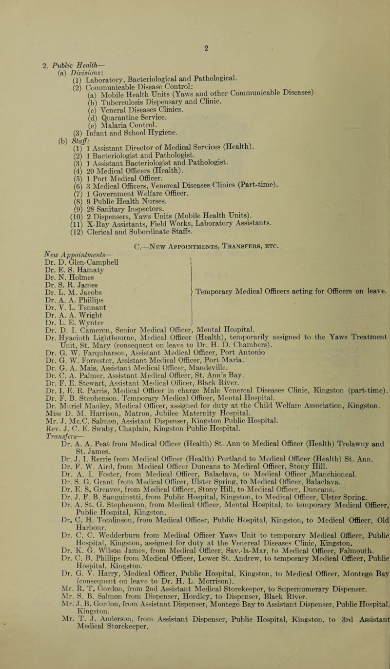 2. Public Health— (a) Divisions * (1) Laboratory, Bacteriological and Pathological. (2) Communicable Disease Control (a) (b) (c) (d) (e) (b) Mobile Health Units (Yaws and other Communicable Diseases) Tuberculosis Dispensary and Clinic. Veneral Diseases Clinics. Quarantine Service. Malaria Control. (3) Infant and School Hygiene. Assistant Director of Medical Services (Health). (2) 1 Bacteriologist and Pathologist. 1 Assistant Bacteriologist and Pathologist. 20 Medical Officers (Health). 1 Port Medical Officer. 3 Medical Officers, Venereal Diseases Clinics (Part-time). 1 Government Welfare Officer. 9 Public Health Nurses. 28 Sanitary Inspectors. 2 Dispensers, Yaws Units (Mobile Health Units). X-Ray Assistants, Field Works, Laboratory Assistants. Clerical and Subordinate Staffs. (3) (4) (5) (6) (7) (8) (9) (10) (11) (12) ■ Temporary Medical Officers acting for Officers on leave. C.—New Appointments, Transfers, etc. New Appointments— Dr. D. Glen-Campbell Dr. E. S. Hamaty Dr. N. Holmes Dr. S. R. James Dr. L. M. Jacobs Dr. A. A. Phillips Dr. V. L. Tennant Dr. A. A. Wright Dr. L. E. Wynter Dr. D. I. Cameron, Senior Medical Officer, Mental Hospital. Dr. Hyacinth Lightbourne, Medical Officer (Health), temporarily assigned to the Yaws Treatment Unit, St. Mary (consequent on leave to Dr. H. D. Chambers). Dr. G. W. Farquharson, Assistant Medical Officer, Port Antonio Dr. G. W. Forrester, Assistant Medical Officer, Port Maria. Dr. G. A. Mais, Assistant Medical Officer, Mandeville. Dr. C. A. Palmer, Assistant Medical Officer, St. Ann’s Bay. Dr. F. E. Stewart, Assistant Medical Officer, Black River. Dr. I. E. R. Parris, Medical Officer in charge Male Venereal Diseases Clinic, Kingston (part-time). Dr. F. B. Stephenson, Temporary Medical Officer, Mental Hospital. Dr. Muriel Manley, Medical Officer, assigned for duty at the Child Welfare Association, Kingston. Miss D. M. Harrison, Matron, Jubilee Maternity Hospital. Mr. J. Mc.C. Salmon, Assistant Dispenser, Kingston Public Hospital. Rev. J. C. E. Swaby, Chaplain, Kingston Public Hospital. Transfer's— Dr. A. A. Peat from Medical Officer (Health) St. Ann to Medical Officer (Health) Trelawny and St. James. Dr. J. I. Rerrie from Medical Officer (Health) Portland to Medical Officer (Health) St. Ann. Dr. F. W. Aircl, from Medical Officer Duncans to Medical Officer, Stony Hill. Dr. A. I. Foster, from Medical Officer, Balaclava, to Medical Officer ,Manchioneal. Dr. S. G. Grant from Medical Officer, Ulster Spring, to Medical Officer, Balaclava. Dr. E. S. Greaves, from Medical Officer, Stony Hill, to Medical Officer, Duncans. Dr. J. F. B. Sanguinetti, from Public Hospital, Kingston, to Medical Officer, Ulster Spring. Dr. A. St. G. Stephenson, from Medical Officer, Mental Hospital, to temporary Medical Officer, Public Hospital, Kingston. Dr. C. H. Tomlinson, from Medical Officer, Public Hospital, Kingston, to Medical Officer, Old Harbour. C. C. Wedderburn from Medical Officer Yaws Unit to temporary Medical Officer, Public Hospital, Kingston, assigned for duty at the Venereal Diseases Clinic, Kingston. K. G. Wilson James, from Medical Officer, Sav.-la-Mar, to Medical Officer, Falmouth. C. B. Phillips from Medical Officer, Lower St. Andrew, to temporary Medical Officer, Public Hospital, Kingston. Dr. G. V. Harry, Medical Officer, Public Hospital, Kingston, to Medical Officer, Montego Bay (consequent on leave to Dr. H. L. Morrison). Mr. R. T. Gordon, from 2nd Assistant Medical Storekeeper, to Supernumerary Dispenser. Mr. S. B. Salmon from Dispenser, Hordley, to Dispenser, Black River. Mr. J. B. Gordon, from Assistant Dispenser, Montego Bay to Assistant Dispenser, Public Hospital. Kingston. Mr. T. J. Anderson, from Assistant Dispenser, Public Hospital, Kingston, to 3rd Assistant Medical Storekeeper. Dr. Dr. Dr.