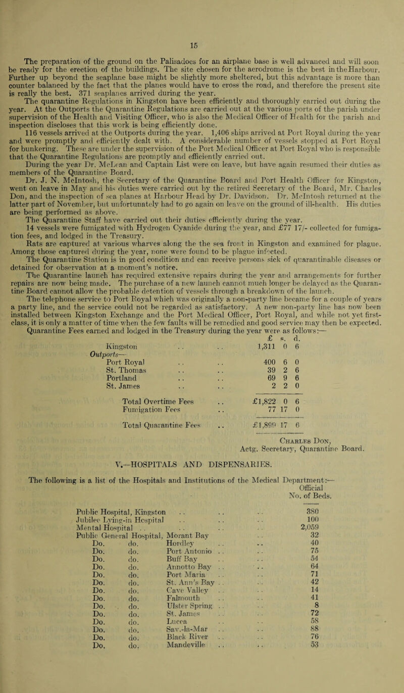 The preparation of the ground on the Palisadoes for an airplane base is well advanced and will soon be ready for the erection of the buildings. The site chosen for the aerodrome is the best in the Harbour. Further up beyond the seaplane base might be slightly more sheltered, but this advantage is more than counter balanced by the fact that the planes would have to cross the road, and therefore the present site is really the best. 371 seaplanes arrived during the year. The quarantine Regulations in Kingston have been efficiently and thoroughly carried out during the year. At the Outports the Quarantine Regulations are carried out at the various ports of the parish under supervision of the Health and Visiting Officer, who is also the Medical Officer of Health for the parish and inspection discloses that this wx>rk is being efficiently done. 116 vessels arrived at the Outports during the year. 1,406 ships arrived at Port Royal during the year and were promptly and efficiently dealt with. A considerable number of vessels stopped at Port Royal for bunkering. These are under the supervision of the Port Medical Officer at Port Royal who is responsible that the Quarantine Regulations are promptly and efficiently carried out. During the year Dr. McLean and Captain List were on leave, but have again resumed their duties as members of the Quarantine Board. Dr. J. N. McIntosh, the Secretary of the Quarantine Board and Port Health Officer for Kingston, went on leave in May and his duties were carried out by the retired Secretary of the Board, Mr. Charles Don, and the inspection of sea planes at Harbour Head by Dr. Davidson. Dr. McIntosh returned at the latter part of November, but unfortunately had to go again on leave on the ground of ill-health. His duties are being performed as above. The Quarantine Staff have carried out their duties efficiently during the year. 14 vessels were fumigated with Hydrogen Cyanide during the year, and £77 17/- collected for fumiga¬ tion fees, and lodged in the Treasury. Rats are captured at various wharves along the the sea front in Kingston and examined for plague. Among those captured during the year, none were found to be plague infected. The Quarantine Station is in good condition and can receive persons sick of quarantinable diseases or detained for observation at a moment’s notice. The Quarantine launch has required extensive repairs during the year and arrangements for further repairs are now being made. The purchase of a new launch cannot much longer be delayed as the Quaran¬ tine Board cannot allow the probable detention of vessels through a breakdown of the launch. The telephone service to Port Royal which was originally a non-party line became for a couple of years a party line, and the service could not be regarded as satisfactory. A new non-party line has now been installed between Kingston Exchange and the Port Medical Officer, Port Royal, and wrhile not yet first- class, it is only a matter of time when the few faults will be remedied and good service may then be expected. Quarantine Fees earned and lodged in the Treasury during the year were as follows:— Kingston £ s. 1,311 0 d. 6 Outports-— Port Royal 400 6 0 St. Thomas 39 2 6 Portland . , 69 9 6 St. James 2 2 0 Total Overtime Fees £1,822 0 6 Fumigation Fees 77 17 0 Total Quarantine Fees • • £1,899 17 6 Charles Don, Actg. Secretary, Quarantine Board V.—HOSPITALS AND DISPENSARIES. The following is a list of the Hospitals and Institutions of the Medical Department:— Official No. of Beds. Public Hospital, Kingston Jubilee Lying-in Hospital Mental Hospital Public General Hospital, Morant Bay Do. do. Hordley Do. do. Port Antonio Do. do. Buff Bay Do. do. Annotto Bay Do. do. Port Maria Do. do. St. Ann’s Bay Do. do. Cave Valley Do. do. Falmouth Do. do. Ulster Spring Do. do. St. James Do. do. Lucea Do. do. Sav.-la-Mar Do. do. Black River Do, do. Mandeville 380 100 2,059 32 40 75 54 64 71 42 14 41 8 72 58 88 76 53