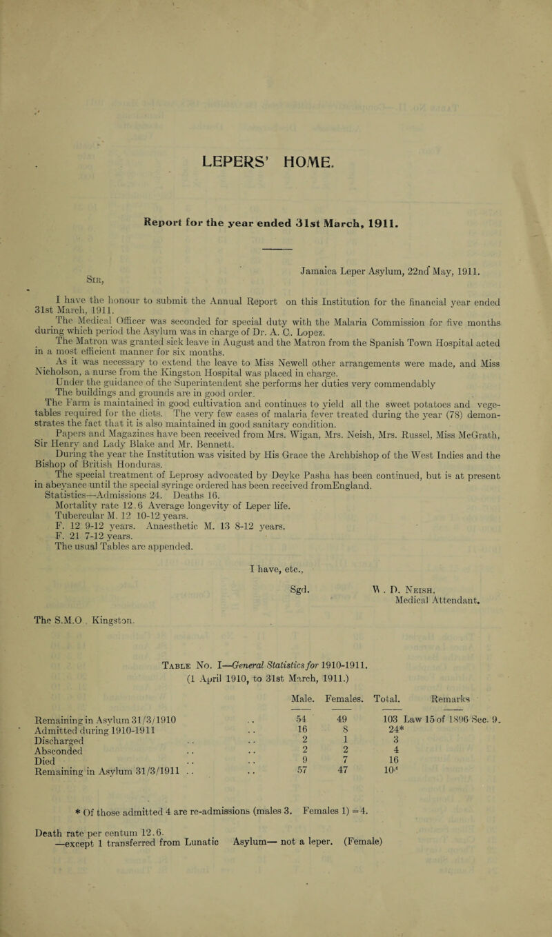 HOME. LEPERS Report for the year ended 31st March, 1911. 31st March, 1911. The Medical Officer was seconded for special duty with the Malaria Commission for five months during which period the Asylum was in charge of Dr. A. C. Lopez. The Matron was granted sick leave in August and the Matron from the Spanish Town Hospital acted in a most efficient manner for six months. As it was necessary to extend the leave to Miss Newell other arrangements were made, and Miss Nicholson, a nurse from the Kingston Hospital was placed in charge. Under the guidance of the Superintendent she performs her duties very commendably The buildings and grounds are in good order. The Farm is maintained in good cultivation and continues to yield all the sweet potatoes and vege¬ tables required for the.diets. The very few cases of malaria fever treated during the year (78) demon¬ strates the fact that it is also maintained in good sanitary condition. Papers and Magazines have been received from Mrs. Wigan, Mrs. Neish, Mrs. Russel, Miss McGrath, Sir Henry and Lady Blake and Mr. Bennett. During the year the Institution was visited by His Grace the Archbishop of the West Indies and the Bishop of British Honduras. The special treatment of Leprosy advocated by Deyke Pasha has been continued, but is at present in abeyance until the special syringe ordered has been received fromEngland. Statistics—Admissions 24. Deaths 16. Mortality rate 12.6 Average longevity of Leper life. Tubercular M. 12 10-12 years. F. 12 9-12 years. Anaesthetic M. 13 8-12 years. F. 21 7-12 years. The usual Tables are appended. I have, etc., Sgd. M . D. Neish, Medical Attendant. The S.M.O , Kingston. Table No. I—General Statistics for 1910-1911. (1 April 1910, to 31st March, 1911.) Male. Females. Total. Remarks Remaining in Asylum 31/3/1910 Admitted during 1910-1911 Discharged Absconded Died Remaining in Asylum 31/3/1911 . . 54 16 2 2 9 57 49 8 1 2 7 47 103 Law 15 of 1896 Sec. 9. 24* 3 4 16 lO'1 * Of those admitted 4 are re-admissions (males 3. Females 1) =4. Death rate per centum 12.6.