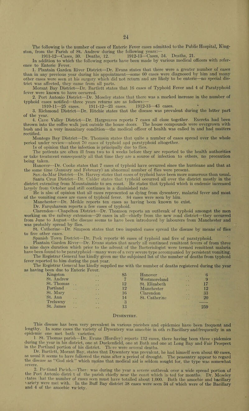 The following is the number of cases of Enteric Fever cases admitted to the Public Hospital, King¬ ston, from the Parish of St. Andrew during the following years:— 1911-12—Cases, 30. Deaths, 12. 1912-13—Cases, 54. Deaths, 21. In addition to which the following reports have been made by various medical officers with refer¬ ence to Enteric Fever. 1. Plantain Garden River District—Dr. Evans states that there were a greater number of cases than in any previous year during his appointment—some 60 cases were diagnosed by him and many other cases were seen at his surgery which did not return and are likely to be enteric—no special dis¬ trict was affected, they came from all parts. Morant Bay District—Dr. Bartlett states that 16 cases of Typhoid Fever and 4 of Paratyphoid fever were known to have occurred. 2. Port Antonio District—Dr. Moseley states that there was a marked increase in the number of typhoid cases notified—three years returns are as follows:— 1910-11—25 cases. 1911-12—23 cases. 1912-13—43 cases. 3. Richmond District—Dr. Ritchie states that the disease was prevalent during the latter part of the year. 4. Cave Valley District—Dr. Hargreaves reports 7 cases all close together. Excreta had been thrown into the coffee walk just outside the house doors. The house compounds were overgrown with bush and in a very insanitary condition—the medical officer of health was called in and had matters rectified. Montego Bay District—Dr. Thomson states that quite a number of cases spread over the whole period under review—about 7(1 cases of typhoid and paratyphoid altogether. Is of opinion that the infection is principally due to flies. The patients are often ill Rom two to 4 weeks before they are reported to the health authorities or take treatment consequently all that time they are a source of infection to others, no precaution being taken. Hanover—Dr. Cooke states that 7 cases of typhoid have occurred since the hurricane and that at the same time (January and February) an abnormal number of flies were present. Sav.-la-Mar District—Dr. Harvey states that cases of typhoid have been more numerous than usual. Santa Cruz District—Dr. Calder states that typhoid occurred all over the district mostly in the district extending from Mountainside to sea coast. He states that typhoid which is endemic increased largely from October and still continues in a diminished rate. He is also of opinion that all cas.es represented as dying from dysentery, malarial fever and most of the vomiting cases are cases of typhoid fever. 84 cases were seen by him. Manchester—Dr. Meilde reports ten cases as having been known to exist. Dr. Farquharson reports a few cases of typhoid. Clarendon—Chapelton District—Dr. Thomson reports an outbreak of typhoid amongst the men working on tbe railway extension—20 cases in all—chiefly from the new road district—they occurred from June to August—the disease seems to have been introduced by labourers from Manchester and was probably spread by flies. St. Catherine—Dr. Simpson states that two imputed cases spread the disease by means of flies to five other cases. Spanish Town District—Dr. Peck reports 46 cases of typhoid and five of paratyphoid. Plantain Garden River—Dr. Evans states that nearly all continued remittent fevers of from three to nine days duration which prior to the advent of the Bacteriologist were termed remittent malaria have been found to be paratyphoid—many were of a very severe type accompanied by persistent vomiting. The Registrar General has kindly given me the subjoined list of the number of deaths from typhoid fever reported to him during the past year. The Registrar General has kindly supplied me with the number of deaths registered during the year as having been due to Enteric Fever. Kingston St. Andrew St. Thomas Portland St. Mary St. Ann Trelawny St. James 85 7 12 12 16 14 3 13 Hanover Westmoreland St. Elizabeth Manchester Clarendon St. Catherine 6 9 17 12 33 20 259 Dysentery. This disease has been very prevalent in various parishes and epidemics have been frequent and lengthy. In some cases the variety of Dysentery was amoebic in oth rs Bacillary and frequently in an epidemic one met both varieties. 1 St. Thomas parish—Dr. Evans (Plordley) reports 132 cases, there having been three (pidemics during the year in his district, one at Duckenfield, one at Bath and one at Long Bay and Fair Prospect in the Portland portion of his district. There were several deaths. Dr. Bartlett, Morant Bay, states that Dysentery was prevalent, he had himself seen about 60 cases, as usual it seems to have followed the rains after a period of drought. The peasantry appear to regard the disease as “God sick ’ which means that medical aid is seldom sought for, the type was somewhat severe. 2. Po'tland Parish. There was during the year a severe outbreak over a wide spread portion of the Port Antonio distri t of the parish chiefly near the coast which la ted for months. Dr. Moseley f tales i hat the number of cases seen must have totalled about 1,000. Both the amoebic and bacillary r ariety were met with. In the Buff Bay district 38 cases were seen 34 of which were of the Bacillary and 4 of the amoebic va’iety.