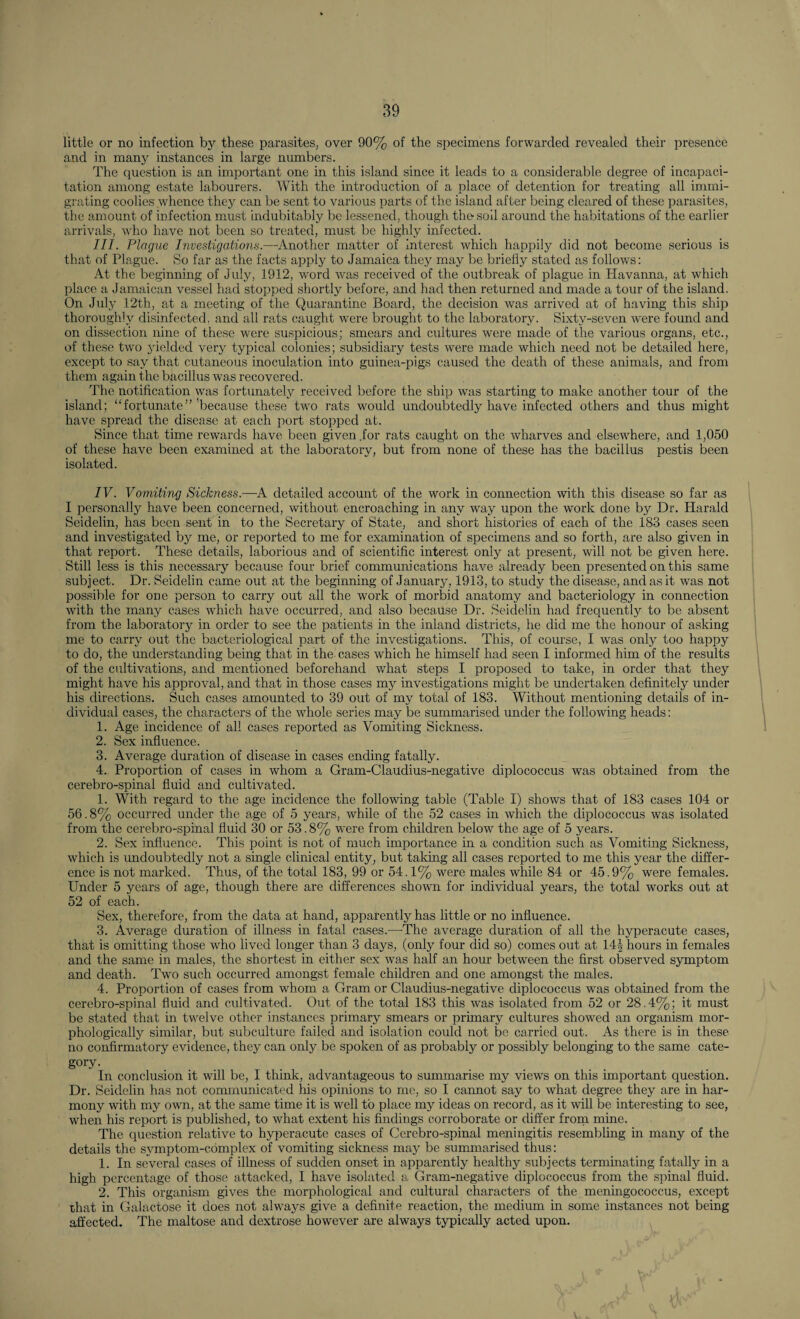 little or no infection by these parasites, over 90% of the specimens forwarded revealed their presence and in many instances in large numbers. The question is an important one in this island since it leads to a considerable degree of incapaci¬ tation among estate labourers. With the introduction of a place of detention for treating all immi¬ grating coolies whence they can be sent to various parts of the island after being cleared of these parasites, the amount of infection must indubitably be lessened, though the soil around the habitations of the earlier arrivals, who have not been so treated, must be highly infected. III. Plague Investigations.—Another matter of interest which happily did not become serious is that of Plague. So far as the facts apply to Jamaica they may be briefly stated as follows: At the beginning of July, 1912, word was received of the outbreak of plague in Havanna, at which place a Jamaican vessel had stopped shortly before, and had then returned and made a tour of the island. On July 12th, at a meeting of the Quarantine Board, the decision was arrived at of having this ship thoroughly disinfected, and all rats caught were brought to the laboratory. Sixty-seven were found and on dissection nine of these were suspicious; smears and cultures were made of the various organs, etc., of these two yielded very typical colonies; subsidiary tests were made which need not be detailed here, except to say that cutaneous inoculation into guinea-pigs caused the death of these animals, and from them again the bacillus was recovered. The notification was fortunately received before the ship was starting to make another tour of the island; “fortunate”'because these two rats would undoubtedly have infected others and thus might have spread the disease at each port stopped at. Since that time rewards have been given .for rats caught on the wharves and elsewdiere, and 1,050 of these have been examined at the laboratory, but from none of these has the bacillus pestis been isolated. IV. Vomiting Sickness.—A detailed account of the work in connection with this disease so far as I personally have been concerned, without encroaching in any way upon the work done by Dr. Harald Seidelin, has been sent in to the Secretary of State, and short histories of each of the 183 cases seen and investigated by me, or reported to me for examination of specimens and so forth, are also given in that report. These details, laborious and of scientific interest only at present, will not be given here. Still less is this necessary because four brief communications have already been presented on this same subject. Dr. Seidelin came out at the beginning of January, 1913, to study the disease, and as it was not possible for one person to carry out all the work of morbid anatomy and bacteriology in connection with the many cases which have occurred, and also because Dr. Seidelin had frequently to be absent from the laboratory in order to see the patients in the inland districts, he did me the honour of asking me to carry out the bacteriological part of the investigations. This, of course, I was only too happy to do, the understanding being that in the cases which he himself had seen I informed him of the results of the cultivations, and mentioned beforehand what steps I proposed to take, in order that they might have his approval, and that in those cases my investigations might be undertaken definitely under his directions. Such cases amounted to 39 out of my total of 183. Without mentioning details of in¬ dividual cases, the characters of the wdiole series may be summarised under the following heads: 1. Age incidence of all cases reported as Vomiting Sickness. 2. Sex influence. 3. Average duration of disease in cases ending fatally. 4. Proportion of cases in whom a Gram-Claudius-negative diplococcus was obtained from the cerebro-spinal fluid and cultivated. 1. With regard to the age incidence the following table (Table I) shows that of 183 cases 104 or 56.8% occurred under the age of 5 years, while of the 52 cases in which the diplococcus was isolated from the cerebro-spinal fluid 30 or 53.8% were from children below the age of 5 years. 2. Sex influence. This point is not of much importance in a condition such as Vomiting Sickness, which is undoubtedly not a single clinical entity, but taking all cases reported to me this year the differ¬ ence is not marked. Thus, of the total 183, 99 or 54.1% were males while 84 or 45.9% were females. Under 5 years of age, though there are differences shown for individual years, the total works out at 52 of each. Sex, therefore, from the data at hand, apparently has little or no influence. 3. Average duration of illness in fatal cases.—The average duration of all the hyperacute cases, that is omitting those who lived longer than 3 days, (only four did so) comes out at 14| hours in females and the same in males, the shortest in either sex was half an hour between the first observed symptom and death. Two such occurred amongst female children and one amongst the males. 4. Proportion of cases from whom a Gram or Claudius-negative diplococcus was obtained from the cerebro-spinal fluid and cultivated. Out of the total 183 this was isolated from 52 or 28.4%; it must be stated that in twelve other instances primary smears or primary cultures showed an organism mor¬ phologically similar, but subculture failed and isolation could not be carried out. As there is in these no confirmatory evidence, they can only be spoken of as probably or possibly belonging to the same cate¬ gory. In conclusion it will be, I think, advantageous to summarise my views on this important question. Dr. Seidelin has not communicated his opinions to me, so I cannot say to what degree they are in har¬ mony with my own, at the same time it is well to place my ideas on record, as it will be interesting to see, when his report is published, to what extent his findings corroborate or differ from mine. The question relative to hyperacute cases of Cerebro-spinal meningitis resembling in many of the details the symptom-complex of vomiting sickness may be summarised thus: 1. In several cases of illness of sudden onset in apparently healthy subjects terminating fatally in a high percentage of those attacked, I have isolated a Gram-negative diplococcus from the spinal fluid. 2. This organism gives the morphological and cultural characters of the meningococcus, except that in Galactose it does not always give a definite reaction, the medium in some instances not being affected. The maltose and dextrose however are always typically acted upon.