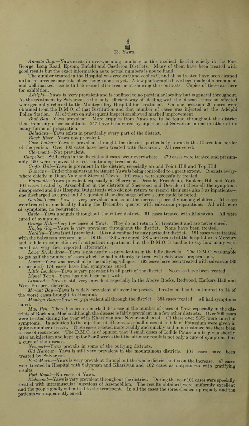 Annotto Bay.—Yaws exists in overwhelming numbers in this medical district cniefly in the Fort George, Long Road, Epsom, Enfield and Castleton Districts. Many of them have been treated with good results but the exact information as to actual numbers is not to hand. The number treated in the Hospital was creoles 9 and coolies 9, and all so treated have been cleaned up but recurrence may take place though none as yet. A few photographs have been made of a prominent and well marked case both before and after treatment showing the contrasts. Copies of these are here for exhibition. Adelphi—Yaws is very prevalent and is confined to no particular locality but is general throughout. As the treatment by Salvarsan is the only efficient way of dealing with the disease those so affected were generally referred to the Montego Bay Hospital for treatment. On one occasion 20 doses were obtained from the D.M.O. of that Institution and that number of cases was injected at the Adelphi Police Station. All of them on subsequent inspection showed marked improvement. Buff Bay—Yaws prevalent. More cripples from Yaws are to be found throughout the district than from any other condition. 247 have been cured by injections of Salvarsan in one or other of its many forms of preparation. Balaclava—Yaws exists in practically every part of the district. Black River—Yaws not prevalent. Cave Valley—Yaws is prevalent through! the district, particularly towards the Clarendon border of the parish. Over 100 cases have been treated with Salvarsan. All recovered. Claremont—Not prevalent. Chapellon—Still exists in the district and cases occur everywhere. 479 cases were treated and presum¬ ably 450 were relieved the rest continuing treatment. Crofts Hill—Yaws is prevalent in the district, especially around Point Hill and Top Hill. Duncans—Under the salvarsan treatment Yaws is being controlled to a great extent. It exists every¬ where chiefly in Duan Vale and Stewart Town. 101 cases were successfully treated. Falmouth—Yaws prevalent especially at Sherwood, Deeside, Friendship, Bunkers Hill and York. 101 cases treated by Arsenobillon in the districts of Sherwood and Deeside of these all the symptoms disappeared and 6 as Hospital Outpatients who did not return to record their cure also 3 as inpatients— one discharged as cured and 2 requested their discharge before a cure could be noted. Gordon Town—Yaws is very prevalent and is on the increase especially among children. 51 cases were treated in one locality during the December quarter with salvarsan preparations. All with cure of symptoms, no recurrence. Gayle—Yaws abounds throughout the entire district. 51 cases treated with Kharsivan. All were cured of symptoms. Grange Hill—Very few cases of Yaws. They do not return for treatment and are never cured. Hagley Gap—Yaws is very prevalent throughout the district. None have been treated. Hordley—Yaws is still prevalent. It is not confined to any particular district. 191 cases were treated with the Salvarsan preparations. Of these 186 were cured 138 were treated at the hospital with Mercury and Iodide in connection with outpatient department but the D.M.O. is unable to say how many were cured as very few reported afterwards. Lower St. Andrew—Yaws is not nearly so prevalent as in the hilly districts. The D.M.O. was unable to get half the number of cases which he had authority to treat with Salvarsan preparations. Lucea—Yaws v/as prevalent in the outlying villages. 193 cases have been treated with salvarsan (30 in hospital) 174 cases have had symptoms cured. Little London—-Yaws is very prevalent in all parts of the district. No cases have been treated. Lionel Town—Yaws has not been met with. IAnstead.—Yaws is still very prevalent especially in the Above Rocks, Redwood, Harkers Hall and West Prospect districts. Movant Bay—Yaws is widely prevalent all over the parish. Treatment has been limited to 14 of the worst cases brought to Hospital. Montego Bay.—Yaws very prevalent all through the district. 384 cases treated. All had symptoms cured. May Pen—There has been a marked decrease in the number of cases of Yaws especially in the dis¬ tricts of Rock and Mocho although the disease is fairly prevalent in a few other districts. Over 200 cases were treated during the year with Kharsivan and Novarsenobenzol. Of these over 96% were cured of symptoms. In addition to the injection of Kharsivan, small doses of Iodide of Potassium were given in quite a number of cases. These cases reacted more readily and quickly and in no instance has there been a case of recurrence. The D.M.O. is of opinion that if small doses of Iodide Potassium be given shortly after an injection and kept up for 2 or 3 weeks that the ultimate result is not only a cure of symptoms but a cure of the disease. Newport—Yaws prevails in some of the outlying districts. Old Harbour—Yaws is still very prevalent in the mountainous districts. 101 cases have been treated by Salvarsan. Port Maria—Yaws is very prevalent throughout the whole district and is on the increase. 47 cases were treated in Hospital with Salvarsan and Kharsivan and 102 cases as outpatients with gratifying results. Port Royal—No cases of Yaws. Richmond—Yaws is very prevalent throughout the district. During the year 101 cases were specially treated with intramuscular injections of Arsenobillon. The results obtained were uniformly excellent and the people gladly submitted to the treatment. In all the cases the sores cleaned up rapidly and the patients were apparently cured.