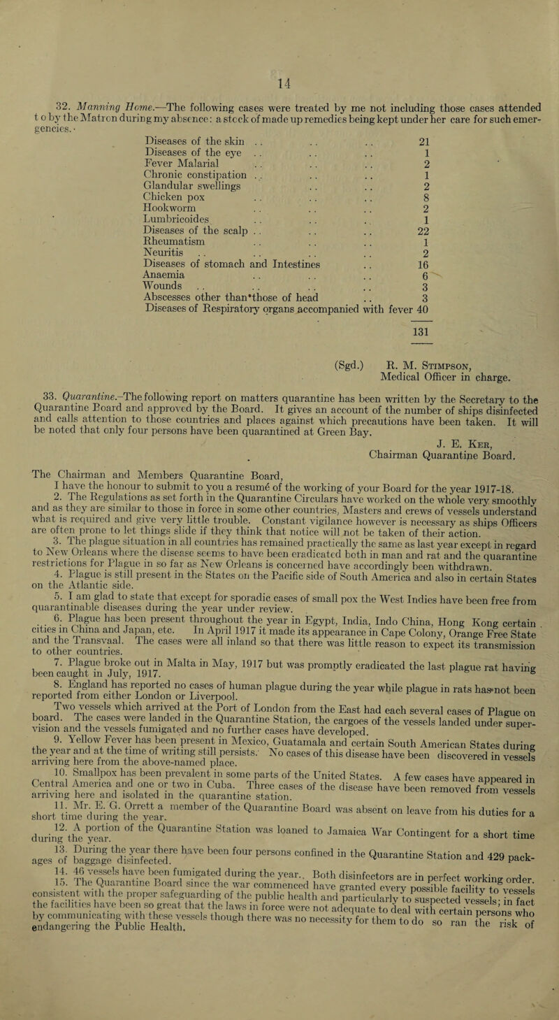 32. Manning Home.—The following cases were treated by me not including those cases attended 10 by the Matron during my absence: a stock of made up remedies being kept under her care for such emer¬ gencies. • Diseases of the skin . . .. .. 21 Diseases of the eye . . . . .. 1 Fever Malarial .. .. .. 2 Chronic constipation . . .. .. 1 Glandular swellings .. .. 2 Chicken pox . . .. .. 8 Hookworm . . ., .. 2 Lumbricoides. .. .. . 1 Diseases of the scalp . . .. .. 22 Rheumatism .. .. .. 1 Neuritis .. . . .. .. 2 Diseases of stomach and Intestines .. 16 Anaemia . . .. .. 6 Wounds . . .. . , .. 3 Abscesses other than’those of head .. 3 Diseases of Respiratory organs accompanied with fever 40 131 (Sgd.) R. M. Stimpson, Medical Officer in charge. 33. Quarantine.-The Mlowing report on matters quarantine has been written by the Secretary to the Quarantine Board and approved by the Board. It gives an account of the number of ships disinfected and calls attention to those countries and places against which precautions have been taken. It will be noted that only four persons have been quarantined at Green Bay. J. E. Kek, Chairman Quarantine Board, The Chairman and Members Quarantine Board, I have the honour to submit to you a resume of the working of your Board for the year 1917-18. 2. The Regulations as set forth in the Quarantine Circulars have worked on the whole very smoothly and as they are similar to those in force in some other countries, Masters and crews of vessels understand w’hat is required and give very little trouble. Constant vigilance however is necessary as ships Officers are often prone to let things slide if they think that notice will not be taken of their action. 3. The plague situation in all countries has remained practically the same as last year except in regard to Np- Orleans where the disease seems to have been eradicated both in man and rat and the quarantine restrictions for Blague in so far as New Orleans is concerned have accordingly been withdrawn 4. Plague is still present in the States on the Bacific side of South America and also in certain States on the Atlantic side. 5. I am glad to state that except for sporadic cases of small pox the West Indies have been free from quarantinable diseases during the year under review. 6. Hague has been present throughout the year in Egypt, India, Indo China, Hong Kong certain cities in China and Japan, etc. In April 1917 it made its appearance in Cape Colony, Orange Free State and the Transvaal. The cases were all inland so that there was little reason to expect its transmission to other countries. 7. Plague broke out m Malta in May, 1917 but was promotly eradicated the last plague rat havine been caught m July, 1917. ' ^ 8 England has reported no cases of human plague during the year while plague in rats has-not been reported from either London or Liverpool. Two vessels which arrived at the Port of London from the East had each several cases of Plague on boaid. The cases were landed m the Quarantine Station, the cargoes of the vessels landed under suner- vision and the vessels fumigated and no further cases have developed 9. Yellow Fever has been present in Mexico, Guatamala and certain South American States during the year and at the time of writing still persists.- No cases of this disease have been discovered in vessels arrmng here from the above-named place. vessels 10 Smallpox ha,s been prevalent in some parts of the United States. A few cases have appeared in Central America and one or two in Cuba. Three cases of the disease have been removed from vessels arriving here and isolated in the quarantine station. vessels short tim*^ the year. ™ ‘‘'’sent on leave from his duties for a durinl'the year° *« •’!>“>>«■> War Contingent for a short time agesrf taggalJteSoter Station and 429 pack- 14. 46 vessels have bren fumigaW during the year.. Both disinfectors are in perfect working order 15. Ihe Quaiantme Boaid since the w^ar commenced have granted everv nos^iblp fnnili'+ir consistent with the proper safeguardiijg of the public health and particularly b suspected v£eh- iffact he facilities have been so great that the laws m force were not adequate to deal with certainTrsms who