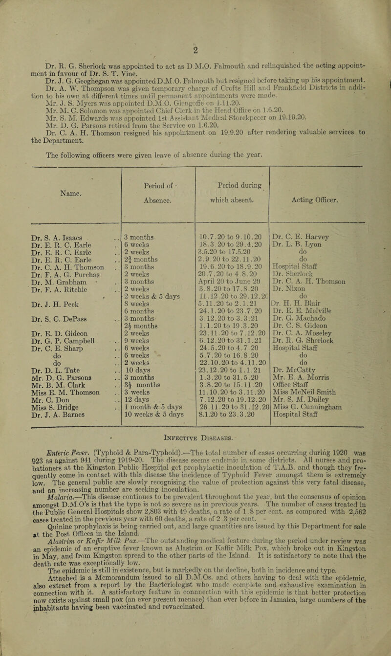 Dr. R. G. Sherlock was appointed to act as D.M.O. Falmouth and relinquished the acting appoint¬ ment in favour of Dr. S. T. Vine. Dr. J. G. Geoghegan was appointed D.M.O. Falmouth but resigned before taking up his appointment. Dr. A. W. Thompson was given temporary charge of Crofts Hill and Frankfield Districts in addi¬ tion to his own at different times until permanent appointments were made. Mr. J. S. Myers was appointed D.M.O. Glengoffe on 1.11.20. Mr. M. C. Solomon was appointed Chief Clerk in the Head Office on 1.6.20. Mr. S. M. Edwards was appointed 1st Assistant Medical Storekpeeer on 19.10.20. Mr. D. G. Parsons retired from the Service on 1.6.20. Dr. C. A. H. Thomson resigned his appointment on 19.9.20 after rendering valuable services to the Department. The following officers were given leave of absence during the year. Name. Period of • Absence. Period during which absent. Acting Officer. Dr. S. A. Isaacs 3 months 10.7.20 to 9.10.20 Dr. C. E. Harvey Dr. E. R. C. Earle 6 weeks 18.3.20 to 29.4.20 Dr. L. B. Lyon Dr. E. R. C. Earle 2 weeks 3.5.20 to 17.5.20 do Dr. E. R. C. Earle 2f months 2.9.20 to 22.11.20 do Dr. C. A. H. Thomson 3 months 19.6.20 to 18.9.20 Hospital Staff Dr. F. A. G. Purchas 2 weeks 20.7.20 to 4.8.20 Dr. Sherlock Dr. M. Grabham 3 months April 20 to June 20 Dr. C. A. H. Thomson Dr. F. A. Ritchie 2 weeks 3.8.20 to 17.8.20 Dr. Nixon f 2 weeks & 5 days 11.12.20 to 29.12.2C do Dr. J. H. Peck 8 weeks 5.11.20 to 2.1.21 Dr. FI. H. Blair 6 months 24.1.20 to 23.7.20 Dr. E. E. Melville Dr. S. C. DePass 3 months 3.12.20 to 3.3.21 Dr. G. Machado 2| months 1.1.20 to 19.3.20 Dr. C. S. Gideon Dr. E. D. Gideon 2 weeks 23.11.20 to 7.12.20 Dr. C. A. Moseley Dr. G. P. Campbell 9 weeks 6.12.20 to 31.1.21 Dr. li. G. Sherlock Dr. C. E. Sharp 6 weeks 24.5.20 to 4.7.20 Hospital Staff do 6 weeks 5.7.20 to 16.8.20 do do 2 weeks 22.10.20 to 4.11.20 do Dr. D. L. Tate 10 days 23.12.20 to 1.1.21 Dr. McCatty Mr. D. G. Parsons 3 months 1.3.20 to 31.5.20 Mr. E. A. Morris Mr. B. M. Clark 3-j months 3.8.20 to 15.11.20 Office Staff Miss E. M. Thomson 3 weeks 11.10.20 to 3.11.20 Miss McNeil Smith Mr. C. Don 12 days 7.12.20 to 19.12.20 Mr. S. M. Dailey Miss S. Bridge 1 month & 5 days 26.11.20 to 31.12.20 Miss G. Cunningham Dr. J. A. Barnes 10 weeks & 5 days 8.1.20 to 23.3.20 Hospital Staff Infective Diseases. Enteric Fever* (Typhoid & Para-Typhoid).—The total number of cases occurring during 1920 was 923 as against 941 during 1919-20. The disease seems endemic in some districts. All nurses and pro¬ bationers at the Kingston Public Hospital get prophylactic inoculation of T.A.B. and though they fre¬ quently come in contact with this disease the incidence of Typhoid Fever amongst them is extremely low. The general public are slowly recognising the value of protection against this very fatal disease, and an increasing number are seeking inoculation. Malaria.—This disease continues to be prevalent throughout the year, but the consensus of opinion amongst D.M.O’s is that the type is not so severe as in previous years. The number of cases treated in the Public General Hospitals show 2,803 with 49 deaths, a rate of 1.8 per cent, as compared with 2,562 cases treated in the previous year with 60 deaths, a rate of 2 3 per cent. - Quinine prophylaxis is being carried out, and large quantities are issued by this Department for sale at the Post Offices in the Island. Alastrim or Kaffir Milk Pox— The outstanding medical feature during the period under review was an epidemic of an eruptive fever known as Alastrim or Kaffir Milk Pox, which broke out in Kingston in May, and from Kingston spread to the other parts of the Island. It is satisfactory to note that the death rate was exceptionally low. The epidemic is still in existence, but is markedly on the decline, both in incidence and type. Attached is a Memorandum issued to all D.M.Os. and others having to deal with the epidemic, also extract from a report by the Bacteriologist who made complete and exhaustive examination in connection with it. A satisfactory feature in connnection with this epidemic is that better protection now exists against small pox (an ever present menace) than ever before in Jamaica, large numbers of the inhabitants having been vaccinated and revaccinated.