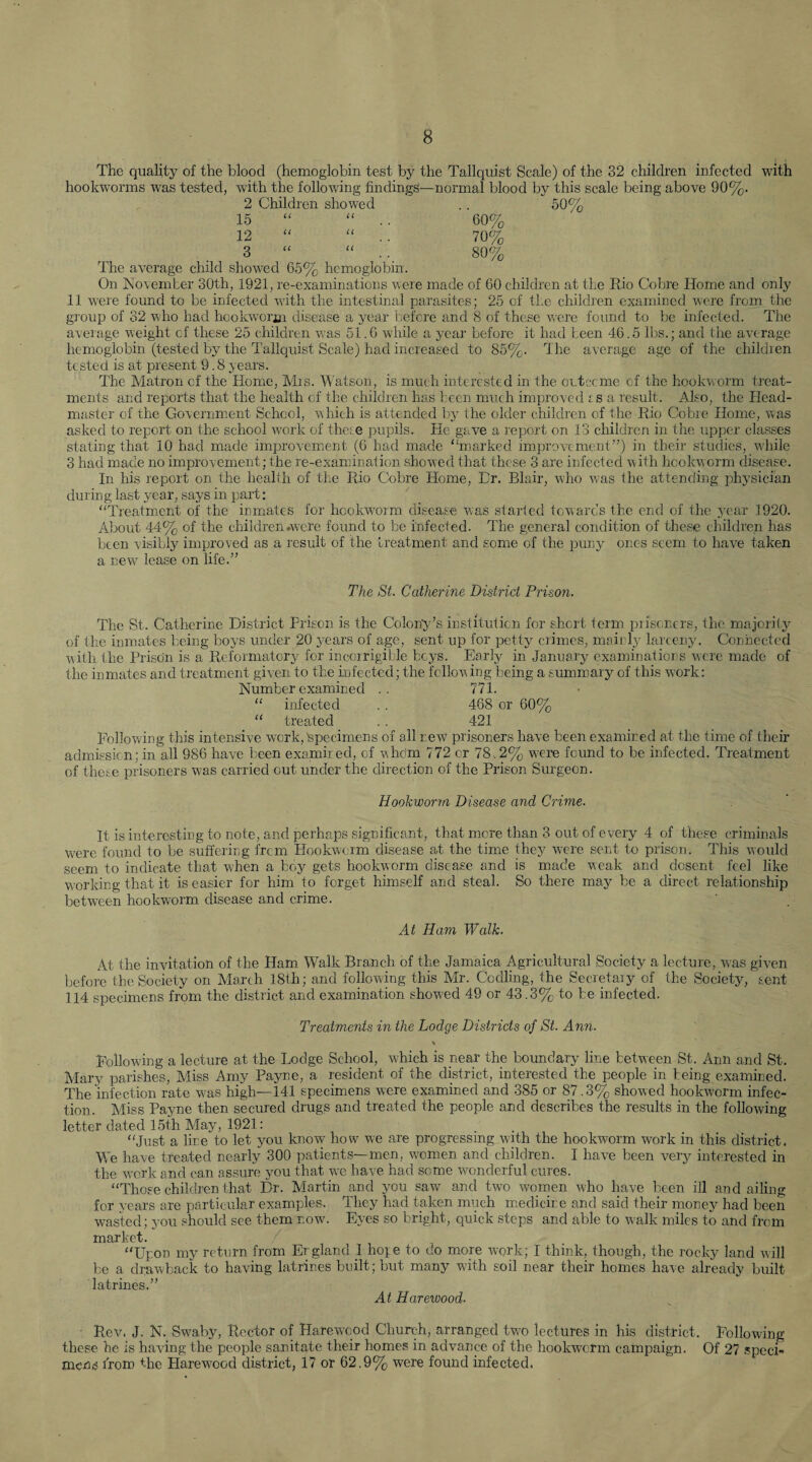 The quality of the blood (hemoglobin test by the Tallquist Scale) of the 32 children infected with hookworms was tested, with the following findings—normal blood by this scale being above 90%. 2 Children showed . . 50% 15 “ “ .. 60% 12 “ “ . . 70% 3 “ “ .. 80% The average child showed 65% hemoglobin. On November 30th, 1921, re-examinations were made of 60 children at the Rio Cobre Home and only 11 were found to be infected with the intestinal parasites; 25 of the children examined were from the group of 32 who had hookworm disease a year before and 8 of these were found to be infected. The average weight cf these 25 children was 51.6 while a year before it had been 46.5 lbs.; and the average hemoglobin (tested by the Tallquist Scale) had increased to 85%. The average age of the children tested is at present 9.8 years. The Matron cf the Home, Mis. Watson, is much interested in the outcome of the hookworm treat¬ ments and reports that the health of the children has been much improved £ s a result. Also, the Head¬ master of the Government School, vhich is attended by the older children of the Rio Cobie Home, was asked to report on the school work of the; e pupils. He gave a report on 13 children in the upper classes stating that 10 had made improvement (6 had made “marked improvement”) in their studies, while 3 had made no improvement; the re-examination showed that these 3 are infected with hookworm disease. In his report on the health of the Rio Cobre Home, Dr. Blair, who was the attending physician during last year, says in part: “Treatment of the inmates for hookworm disease was started towards the end of the year 1920. About 44% of the children*were found to be infected. The general condition of these children has been visibly improved as a result of the treatment and some of the puny ones seem to have taken a new lease on life.” The St. Catherine District Prison. The St. Catherine District Prison is the Colony’s institution for short term prisoners, the majority of the inmates being boys under 20 years of age, sent up for petty crimes, mainly larceny. Connected with the Prison is a Reformatory for incorrigible beys. Early in January examinations were made of the inmates and treatment given to the infected; the following being a summary of this work: Number examined .. 771. “ infected . . 468 or 60% “ treated .. 421 Following this intensive work,'specimens of all new prisoners have been examined at the time of their admission; in all 986 have been examired, of whom 772 or 78.2% were found to be infected. Treatment of these prisoners was carried out under the direction of the Prison Surgeon. Hookworm Disease and Crime. It is interesting to note, and perhaps significant, that more than 3 out of every 4 of these criminals were found to be suffering from Hookworm disease at the time they were sent to prison. This would seem to indicate that when a boy gets hookworm disease and is made weak and closent feel like working that it is easier for him to forget himself and steal. So there may be a direct relationship between hookworm disease and crime. At Ham Walk. At the invitation of the Ham Walk Branch of the Jamaica Agricultural Society a lecture, was given before the Society on March 18th; and following this Mr. Codling, the Secretary of the Society, sent 114 specimens from the district and examination showed 49 or 43.3% to be infected. Treatments in the Lodge Districts of St. Ann. Following a lecture at the Lodge School, which is near the boundary line between St. Ann and St. Mary parishes, Miss Amy Payne, a resident of the district, interested the people in being examined. The infection rate was high—141 specimens were examined and 385 or 87.3% showed hookworm infec¬ tion. Miss Payne then secured drugs and treated the people and describes the results in the following letter dated 15th May, 1921: “Just a lire to let you know how we are progressing with the hookworm work in this district. We have treated nearly 300 patients—men, women and children. I have been very interested in the wTork and can assure you that we have had some wonderful cures. “Those children that Dr. Martin and you saw and two women who have been ill and ailing for years are particular examples. They had taken much medicine and said their money had been wasted; you should see them now. Eyes so bright, quick steps and able to walk miles to and from market. “Upon my return from England 1 hope to do more work; I think, though, the rocky land will be a drawback to having latrines built; but many with soil near their homes have already built latrines.” At Harewood. Rev. J. N. Swaby, Rector of Harewood Church, arranged two lectures in his district. Following these he is having the people sanitate their homes in advance of the hookworm campaign. Of 27 speci¬ mens from the Harewood district, 17 or 62.9% were found infected.